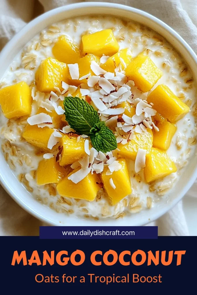 Start your day right with these delicious Mango Coconut Overnight Oats! This healthy breakfast recipe combines creamy coconut milk oats with fresh mango for a tasty tropical oats recipe that's both nutritious and satisfying. Perfect as easy overnight oats, this dish is ready to fuel your morning with minimal prep. Try it out and enjoy a burst of flavor! Save this recipe for a refreshing start! #HealthyBreakfast #OvernightOats #TropicalRecipe #CoconutMilkOats
