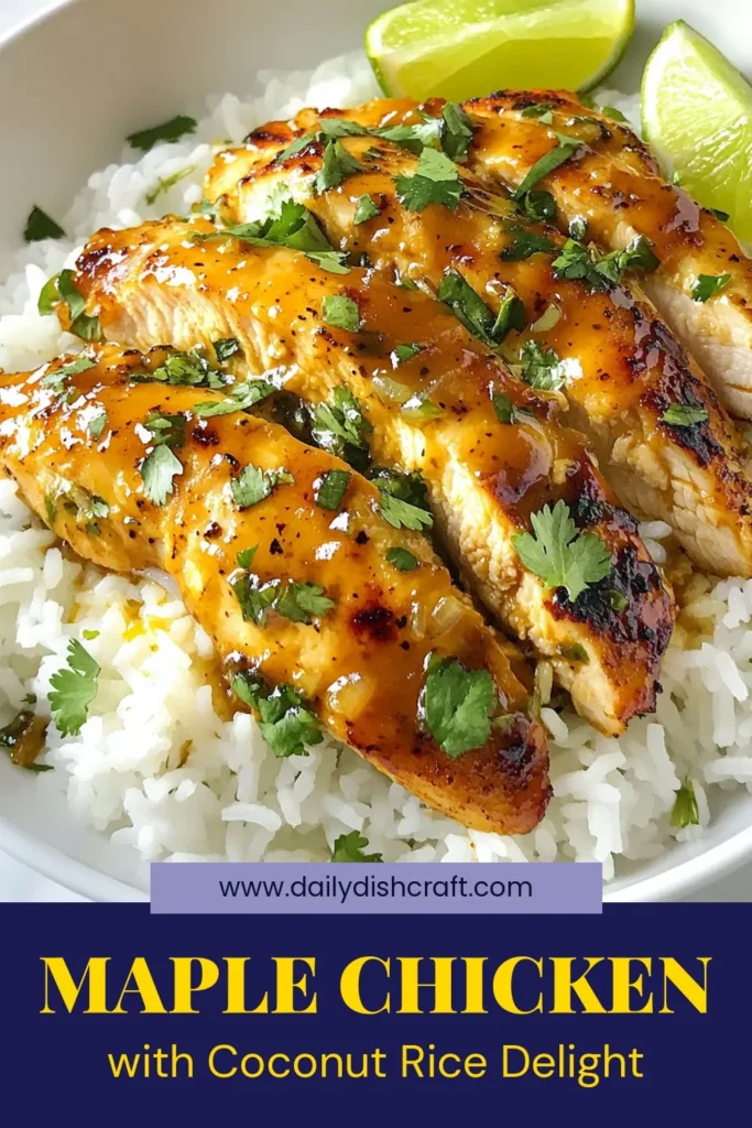 Looking for an easy chicken dinner? Try this Maple-Glazed Chicken with Creamy Coconut Rice recipe! With a delicious grilled chicken marinade featuring maple syrup and soy sauce, you’ll elevate dinner tonight. Pair it with fluffy coconut rice for a meal that’s as tasty as it is simple. Perfect for weeknights! Save this recipe for your next culinary adventure. #MapleGlazedChicken #CoconutRiceRecipe #EasyChickenDinner #GrilledChickenMarinade