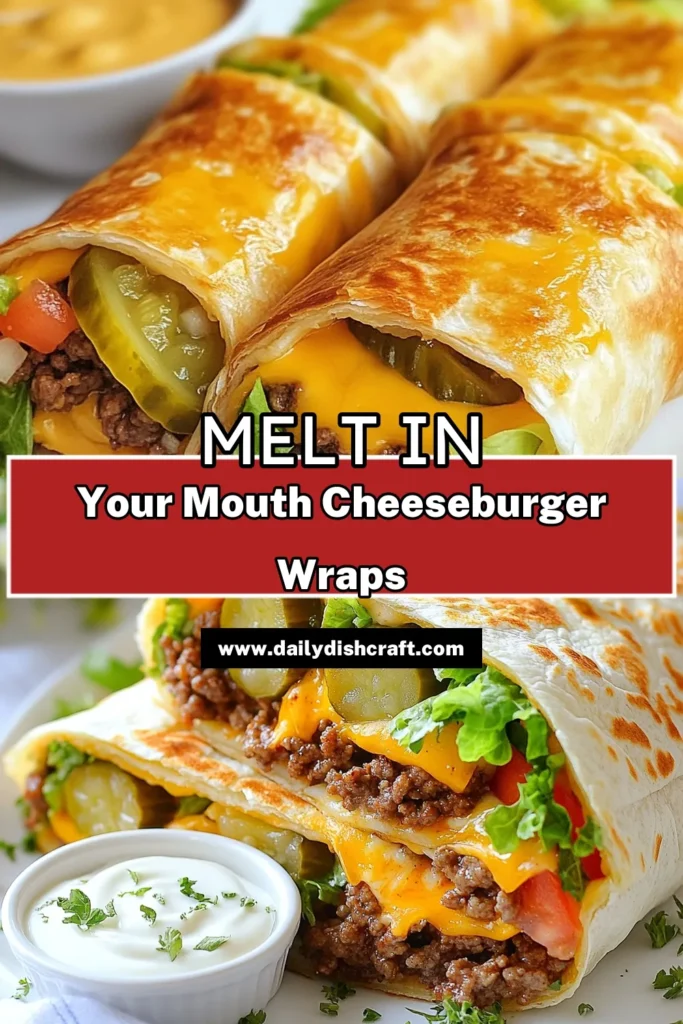Try this delicious cheeseburger wrap recipe for a fun twist on dinner! These easy cheeseburger wraps are made with flavorful ground beef tortilla wrap filled with cheddar cheese, fresh veggies, and a homemade special sauce for wraps that will impress your family. Ready in just 25 minutes, this quick dinner idea is perfect for busy nights. Save this recipe and create your own cheeseburger wraps today! #cheeseburgerwraps #quickdinnerideas #homemadespecialsauce #familymeals