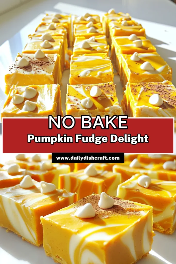 Indulge in the ultimate fall treat with this easy No Bake White Chocolate Pumpkin Fudge! Made with creamy white chocolate, rich pumpkin puree, and a hint of pumpkin pie spice, it’s perfect for any gathering. With minimal prep time and no baking required, you can have this delightful fudge ready in just 15 minutes. Click to explore this simple recipe and impress your family with a seasonal sweet treat! #pumpkinfudge #nobake #fallrecipes #dessertideas