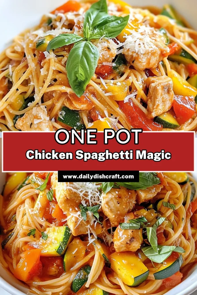 Looking for a delicious and easy dinner option? Try this One-Pot Chicken Spaghetti that's perfect for busy nights! This easy chicken spaghetti recipe combines tender chicken, fresh vegetables, and spaghetti all cooked in one pot for a hassle-free meal. Enjoy a flavorful, quick dinner with this one-pot pasta recipe that the whole family will love. Save this Chicken and Vegetable Pasta recipe for your next meal prep! #OnePotChickenSpaghetti #QuickDinnerRecipes #OnePotPastaRecipes #EasyChickenSpaghettiRecipe