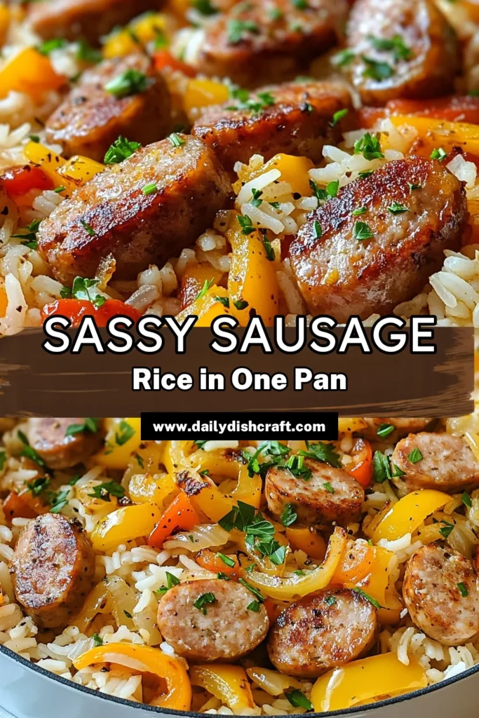 Elevate your weeknight dinners with this Sassy Sausage Skillet! This easy chicken sausage rice recipe combines tender rounds of chicken sausage with long-grain rice, smoky paprika, and vibrant vegetables. Perfect for busy nights, this one-pan sausage and rice dish is ready in just 35 minutes! Discover how quick skillet meals can be delicious and satisfying. Save this recipe for your next family meal! #SausageAndRice #QuickSkilletMeals #OnePanRecipes #ComfortFood