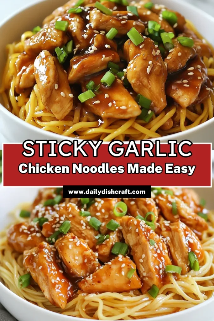 Discover the ultimate easy chicken noodle recipe with these sticky garlic chicken noodles! This garlic ginger chicken stir-fry is a delightful addition to your collection of Asian noodle recipes and perfect for quick dinner recipes. Enjoy tender chicken and flavorful sauces perfectly coating egg noodles in just 25 minutes. Don't miss out on this dish—save this recipe and impress your family tonight! #StickyGarlicChickenNoodles #EasyChickenNoodleRecipe #QuickDinner #AsianNoodleRecipes