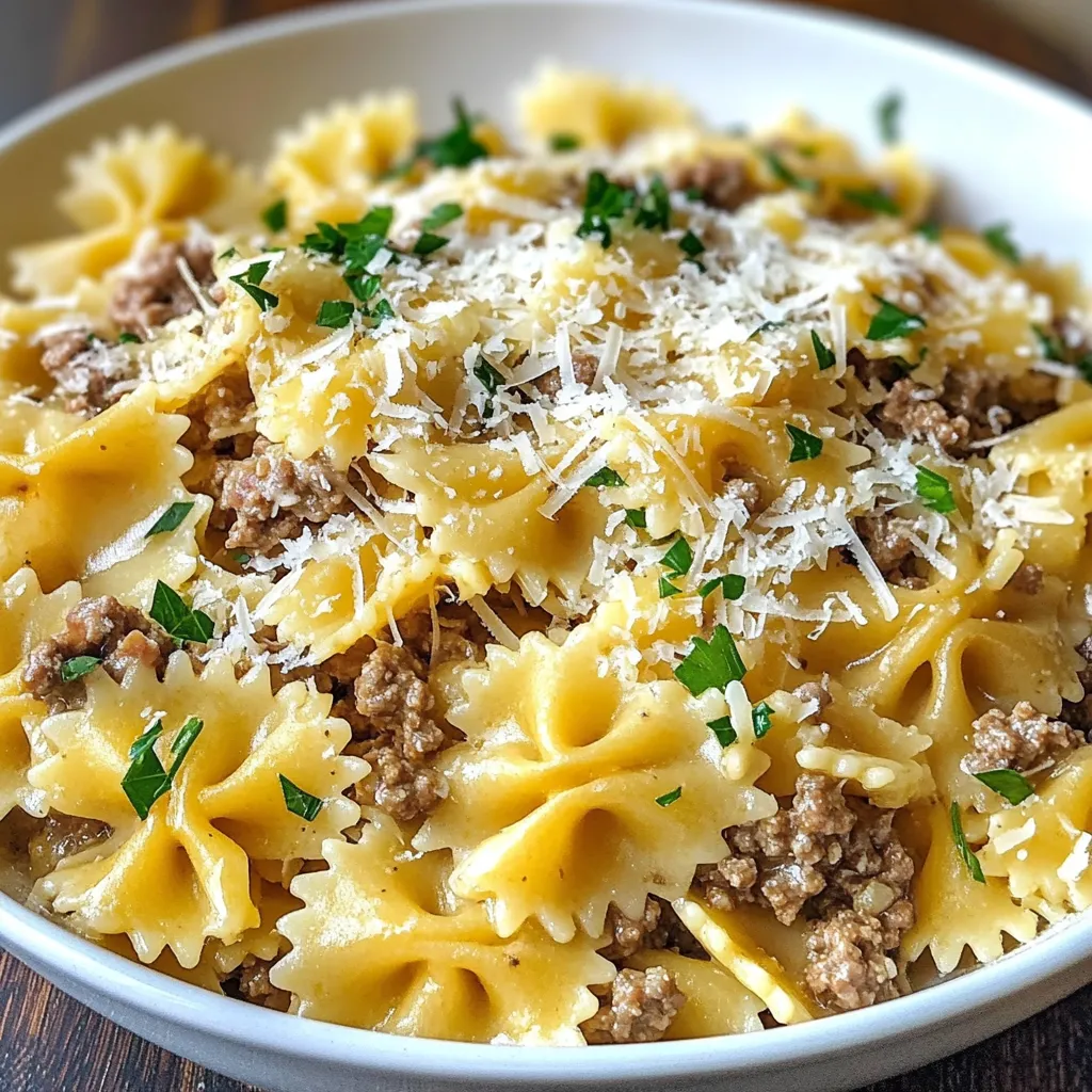 - 8 oz bowtie pasta - 1 lb ground beef - 1 tablespoon extra virgin olive oil - 4 cloves garlic, finely minced - 1 teaspoon dried Italian seasoning - 1/2 teaspoon red pepper flakes (optional for heat) - 1 cup beef broth (preferably low sodium) - 1 cup heavy cream - 1 cup freshly grated Parmesan cheese - Salt and black pepper to taste - Fresh parsley, finely chopped (for garnish) To make Parmesan Garlic Beef Bowtie Pasta, you need some key ingredients. First, grab 8 ounces of bowtie pasta. This shape holds the sauce well, making each bite tasty. Next, get 1 pound of ground beef. This will give your dish a hearty base. You will also need 1 tablespoon of extra virgin olive oil. This oil adds good flavor and helps cook the beef. For seasoning, have 4 cloves of finely minced garlic. Garlic brings out rich flavors in this dish. To add depth, use 1 teaspoon of dried Italian seasoning. If you want a kick, include 1/2 teaspoon of red pepper flakes. For the sauce, you will need 1 cup of beef broth. Low sodium broth is best; it adds flavor without too much salt. Now, for the creaminess, grab 1 cup of heavy cream and 1 cup of freshly grated Parmesan cheese. These ingredients make the sauce rich and smooth. Don’t forget to season with salt and black pepper to taste! Lastly, get fresh parsley for garnish. It adds color and freshness to your dish. With these ingredients, you are ready to create a delicious and creamy pasta dish that everyone will love! {{ingredient_image_2}} 1. Start by boiling a large pot of salted water. 2. Add 8 oz of bowtie pasta. Cook it for 8-10 minutes, or until al dente. 3. Once done, drain the pasta. Be sure to reserve a cup of the pasta cooking water. 1. In a large skillet, heat 1 tablespoon of extra virgin olive oil over medium heat. 2. Add 1 lb of ground beef to the skillet. Cook it for about 5-7 minutes, breaking it apart with a spatula. 3. If there's extra fat, drain it off to keep the dish light and tasty. 1. Next, add 4 cloves of finely minced garlic to the beef, stirring it for 1-2 minutes. 2. Sprinkle in 1 teaspoon of dried Italian seasoning and 1/2 teaspoon of red pepper flakes if you like heat. Mix well. 3. Pour in 1 cup of beef broth. Let it simmer gently for about 5 minutes to blend the flavors. 4. Lower the heat, then stir in 1 cup of heavy cream. Bring it back to a gentle simmer. 5. Gradually add 1 cup of freshly grated Parmesan cheese. Keep stirring until the cheese melts into the sauce. Taste and add salt and black pepper as needed. 1. Now, add the drained bowtie pasta to the skillet. Toss it gently to coat the pasta in the creamy sauce. 2. If the sauce feels too thick, add a splash of the reserved pasta water to reach your desired consistency. This dish is now ready to serve. The creamy sauce and tender pasta create a perfect harmony that is sure to impress! To cook pasta al dente, follow these steps: - Use a large pot with salted water. - Bring the water to a rolling boil. - Add the bowtie pasta and cook for 8-10 minutes. - Test the pasta at the low end of the time. It should be firm but not hard. For a creamy sauce, do not rush the cheese melting process. - Lower the heat before adding the cream. - Stir in the Parmesan cheese slowly for a smooth finish. - If the sauce is thick, add a splash of reserved pasta water. You can boost flavor with simple spices: - Consider adding a pinch of garlic powder for more depth. - A dash of smoked paprika can add warmth without heat. Using quality Parmesan cheese is key. Always choose freshly grated cheese over the pre-grated kind. It melts better and tastes richer. When serving, think about the look of the dish: - Plate the pasta in a large bowl for family style. - For individual servings, stack the bowtie pasta high on the plate. Garnishing can elevate the meal: - Sprinkle extra Parmesan on top for a cheesy finish. - Add a sprig of fresh parsley for a pop of color. - A light drizzle of olive oil adds shine and flavor. Pro Tips Perfect Pasta Texture: To achieve the best texture, ensure your pasta is cooked al dente, as it will continue to cook slightly when mixed with the sauce. Enhance Flavor: For a deeper flavor, consider adding a splash of white wine after browning the beef, allowing it to reduce before adding the broth. Cheese Choices: While Parmesan is classic, feel free to mix in other cheeses like Pecorino Romano for a different flavor profile. Garnish Wisely: Fresh herbs like basil or chives can also be used as a garnish for added flavor and a pop of color, enhancing the dish's presentation. {{image_4}} You can switch out the ground beef in this dish. Try ground turkey or chicken for a lighter option. Both meats work well with the creamy sauce. If you want a bolder taste, use Italian sausage. This adds more flavor, especially if you choose spicy sausage. For a vegetarian meal, use lentils or mushrooms. They give a hearty texture and soak up flavors nicely. If you need a gluten-free dish, choose gluten-free pasta. Many brands offer bowtie shapes made from rice, corn, or quinoa. These options taste great and work well with the sauce. Just cook them according to package directions. Make sure to check the ingredients for any hidden gluten. You can add more flavors to your dish by using vegetables or herbs. Spinach, bell peppers, or zucchini mix well with pasta. Add them when you cook the garlic for a fresh taste. For herbs, try fresh basil or oregano. They bring a nice aroma to the sauce. Experimenting with cheese types can also change the dish. While Parmesan is classic, you can try pecorino or asiago. Both add unique flavors. Mixing cheeses can create a richer taste. Just remember to adjust the amount to keep the dish creamy. To keep your Parmesan Garlic Beef Bowtie Pasta fresh, start with refrigeration. Place the pasta in an airtight container. Make sure to store it in the fridge within two hours of cooking. It can last up to three days this way. For long-term storage, consider freezing it. Divide the pasta into single servings. Use freezer-safe bags or containers. Remove as much air as possible to prevent freezer burn. You can store it for up to three months. When you're ready to eat, just thaw it overnight in the fridge. When it comes to reheating, you have two main options: microwaving or stovetop reheating. For microwaving, place a serving in a microwave-safe bowl. Add a splash of water or cream to keep it moist. Cover it and heat on medium power for one to two minutes. Stir halfway through for even heating. Stovetop reheating gives you creamy results. Put the pasta in a skillet over low heat. Add a bit of broth or cream. Stir until heated through, which usually takes about five minutes. This method helps to revive the creamy sauce and keeps the pasta tasty. You can swap out ground beef for ground turkey or chicken. This cuts fat while keeping flavor. Use whole wheat bowtie pasta for more fiber. Reduce the heavy cream and add more broth instead. You can also add spinach or broccoli for extra nutrients. These small changes keep it tasty and healthy. Yes, you can prepare this dish ahead of time. Cook the pasta and beef separately. Store them in the fridge. When you’re ready to eat, combine them with the sauce and heat gently. This method keeps everything fresh and tasty. Just remember, the pasta may soak up some sauce, so add a bit of water to loosen it up. This dish pairs well with a light salad or garlic bread. A simple Caesar or mixed greens salad adds a nice crunch. For bread, go for a nice crusty loaf or buttery garlic bread. Both options make the meal feel complete and balanced. To store cooked bowtie pasta, let it cool first. Place it in an airtight container. You can keep it in the fridge for up to three days. If you want to freeze it, add a bit of olive oil to prevent sticking. Use it within a month for the best taste. The best way to reheat creamy pasta is on the stove. Add a splash of broth or water to a pan. Heat on low, stirring gently until warmed through. This helps keep the sauce creamy. If you microwave it, use a lower power setting. Stir every minute to avoid hot spots. This post covered making delicious Parmesan Garlic Beef Bowtie Pasta. We discussed the key ingredients, clear cooking steps, and helpful tips. You can enhance flavor and choose different proteins as you like. Remember to store your leftovers properly and know how to reheat them well. This dish is versatile and perfect for any meal. You now have the tools to create a tasty, satisfying dish that everyone will enjoy. Happy cooking!