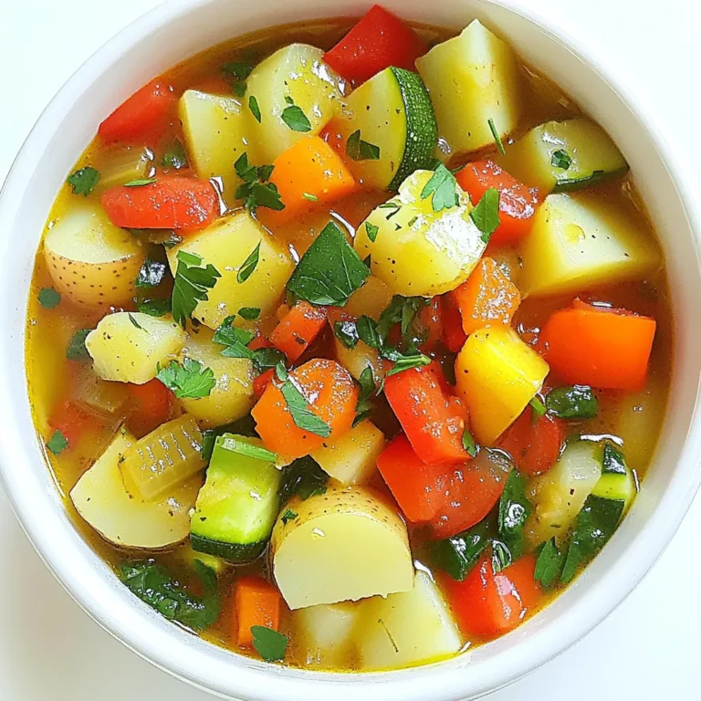 - 4 medium potatoes, diced into 1-inch cubes - 3 carrots, sliced into rounds - 2 celery stalks, chopped into small pieces - 1 zucchini, diced into bite-sized pieces - 1 red bell pepper, diced - 1 yellow onion, finely chopped - 4 cloves garlic, minced - 2 cups fresh spinach, roughly chopped In this stew, I love using a mix of colorful vegetables. Potatoes add heartiness. Carrots bring sweetness. Celery gives crunch. Zucchini and bell pepper add freshness. Onion and garlic provide depth. Fresh spinach adds vibrant color and nutrition. - 4 cups vegetable broth (low sodium recommended) - 1 can (14.5 oz) diced tomatoes, including juice - 1 teaspoon dried thyme - 1 teaspoon dried rosemary - 1 teaspoon smoked paprika - Salt and pepper, to taste Vegetable broth creates a rich base. Diced tomatoes add acidity and sweetness. Thyme and rosemary bring earthiness. Smoked paprika adds a hint of warmth. Adjust salt and pepper to suit your taste. - 1 tablespoon olive oil Using olive oil enhances flavor. It helps sauté the onion and garlic. This step builds a strong flavor foundation for the stew. Choose high-quality olive oil for the best results. First, I heat the olive oil in a large skillet. I use medium heat for this step. Once the oil is warm, I add the finely chopped onion and minced garlic. I sauté them for about three minutes. The onion should turn translucent and smell great. After that, I carefully transfer the onion and garlic to the slow cooker. Now, it’s time to add the rest of the veggies. I layer in the diced potatoes, sliced carrots, chopped celery, diced zucchini, and red bell pepper. I spread them evenly so they cook well. Next, I pour in the can of diced tomatoes with its juice. Then, I add the vegetable broth, making sure all the veggies are submerged. For flavor, I sprinkle in the dried thyme, rosemary, and smoked paprika. I also add some salt and pepper. I mix everything gently to blend the seasonings throughout the vegetables. I cover the slow cooker with its lid. For cooking, I have two options: low heat for six to eight hours or high heat for four to six hours. I want the vegetables to be tender and full of flavor. In the last 15 minutes, I stir in the chopped spinach. This helps it wilt and adds a fresh taste to the stew. Before serving, I always taste my stew. If needed, I adjust the seasoning with more salt and pepper. To make your stew burst with flavor, taste it before serving. It’s simple. Add salt or pepper if needed. You can also enhance the veggie flavors by sautéing onions and garlic in olive oil first. This step brings out their sweetness. Using fresh herbs is another great way to boost taste. Add some chopped parsley or basil just before serving. These bright flavors make your stew shine. Cooking time can change based on how big you cut your veggies. For example, if you slice the carrots thick, they will need more time to cook. On the other hand, if you cut them thin, they will cook faster. Stick to the cooking times in the recipe, but check for doneness. If the veggies feel firm, let them cook a bit longer. Aim for tender, not mushy. For a cozy look, serve your stew in rustic bowls. This adds charm to the meal. You can garnish each bowl with fresh parsley or a drizzle of olive oil. It makes the dish look fancy and adds flavor. Pair your stew with crusty bread or a simple salad. These sides make a complete and satisfying meal. Enjoy the warmth of this hearty dish! {{image_4}} You can add proteins to your stew for extra heartiness. Legumes like beans or lentils work great. They add fiber and protein while keeping the dish plant-based. For meat lovers, try diced chicken or beef. Cooked sausage also adds rich flavor. Just remember to adjust cooking times based on what you choose. To give your stew a flavor boost, consider adding spices and herbs. A pinch of cayenne pepper adds heat. Try fresh herbs like basil or parsley for brightness. You can also use curry powder for a unique twist. Experiment with flavors to find what you love best. Feel free to swap out vegetables based on the season or your personal taste. Sweet potatoes add sweetness and extra nutrients. You can use green beans for a nice crunch. If you prefer leafy greens, kale is a great option. The key is to use what you have and enjoy! After you enjoy the stew, store leftovers in an airtight container. Let the stew cool first. This keeps it fresh and tasty. Use glass or plastic containers that seal well. Make sure to refrigerate within two hours of cooking. The stew will stay good in the fridge for a few days. To freeze the stew, first let it cool completely. Use freezer-safe containers or bags. Leave a little space at the top for the stew to expand. When you’re ready to eat it, thaw the stew in the fridge overnight. Reheat it on the stove or in the microwave. Stir it well to heat evenly. In the fridge, the stew lasts about 3 to 4 days. If you freeze it, it can last up to 3 months. For the best taste, eat it sooner rather than later. Always check for off smells or changes in color before eating. This ensures you enjoy a safe and delicious meal. You can store this stew in the fridge for about 4 to 5 days. Make sure to keep it in an airtight container for safety. If you want to keep it longer, freezing is a great option. In the freezer, the stew can last for up to 3 months. Just thaw it in the fridge before you heat it up. Yes, this stew is easily made vegan! All the ingredients are plant-based. Just make sure to use vegetable broth and check that your canned tomatoes do not have any added ingredients that are not vegan. You can also add more veggies or beans to boost the protein. This stew pairs well with many sides. Here are some great options: - Crusty bread for dipping - A fresh green salad to add crunch - Cooked grains like quinoa or rice for added texture - A dollop of vegan sour cream on top for creaminess In this blog, we explored making a tasty Slow Cooker Rustic Veggie Stew. We covered all essential ingredients, from fresh veggies to flavorful broth and seasonings. The cooking steps showed how to layer ingredients for rich taste. We shared tips for perfecting flavors and offered variations for personal touch. Lastly, we provided storage tips for easy leftovers. Enjoy creating your stew, as it’s simple and full of flavor! This dish will warm your meals every time.