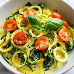 For this Keto Tuscan Zucchini Noodles dish, gather: - 4 medium zucchinis, spiralized into noodles - 1 cup cherry tomatoes, halved - 1 cup fresh spinach - 1/2 cup heavy cream - 1/4 cup freshly grated Parmesan cheese - 2 cloves garlic, minced - 1 teaspoon Italian seasoning - 2 tablespoons olive oil - Salt and pepper, to taste - Fresh basil leaves, for garnish Zucchini is low in carbs and high in water. It helps you feel full without extra calories. Cherry tomatoes provide vitamins A and C while adding a sweet burst. Spinach is rich in iron and calcium, boosting your energy. Heavy cream adds healthy fats, making it creamy and satisfying. Parmesan cheese offers protein and adds a savory flavor. Olive oil is a great source of healthy fats and antioxidants. You can swap ingredients for your needs: - Use cauliflower noodles for a different texture. - Coconut cream works well instead of heavy cream for a dairy-free option. - Nutritional yeast can replace Parmesan cheese for a vegan choice. - If you need more protein, add grilled chicken or shrimp to the dish. - For a gluten-free version, ensure all ingredients are certified gluten-free. {{ingredient_image_2}} Start by spiralizing the zucchinis. Use a spiralizer to make long, noodle-like strands. You need four medium zucchinis for this. After spiralizing, place the noodles in a colander. Sprinkle them lightly with salt and let them sit for about 15 minutes. This step helps remove excess moisture. Once time is up, gently pat the noodles dry with paper towels. This keeps the dish from getting too watery. In a large skillet, heat two tablespoons of olive oil over medium heat. When the oil is hot, add two cloves of minced garlic. Sauté for about one minute until it smells nice but isn’t browned. Next, toss in one cup of halved cherry tomatoes. Cook them for about three to four minutes. Stir occasionally until the tomatoes soften and release their juices. Now, pour in half a cup of heavy cream. Bring this to a gentle simmer. Slowly stir in a quarter cup of freshly grated Parmesan cheese. Add one teaspoon of Italian seasoning, along with salt and pepper to taste. Keep stirring until the cheese melts and the sauce becomes creamy. Add one cup of fresh spinach to the sauce. Cook for another two minutes until the spinach wilts and turns bright green. Gently fold the zucchini noodles into the sauce. Mix everything carefully so the noodles get coated well. Cook for an extra two to three minutes to heat them through. Make sure the noodles still have a slight firmness. Once done, take the skillet off the heat. Just before serving, add fresh basil leaves for color and flavor. Enjoy your flavorful Keto Tuscan Zucchini Noodles! To make great zucchini noodles, start by spiralizing fresh zucchinis. Aim for medium-sized ones. After spiralizing, sprinkle the noodles with salt. Let them rest in a colander for 15 minutes. This step pulls out extra moisture. Gently pat them dry with paper towels before cooking. This keeps your dish from getting soggy. When cooking, add the noodles last. This way, they stay firm and full of flavor. One common mistake is using overripe zucchinis. They can be watery and mushy. Always choose firm and fresh ones. Another mistake is not draining the noodles. Skipping the salting step leads to a watery meal. Lastly, avoid overcooking the zucchini noodles. Cook them just until heated through. This keeps them slightly crunchy and tasty. Serve your Keto Tuscan Zucchini Noodles hot. Garnish with fresh basil leaves. A sprinkle of grated Parmesan cheese adds great flavor. You can also drizzle some extra sauce on top for a touch of creaminess. Pair the dish with a light salad or grilled chicken for a complete meal. Using colorful plates makes it appealing. Enjoy your delicious and healthy meal! Pro Tips Dry the Zoodles: After spiralizing, be sure to salt and pat dry the zucchini noodles to remove excess moisture. This prevents the dish from becoming soggy. Use Fresh Ingredients: For the best flavor, opt for fresh garlic and high-quality Parmesan cheese. Fresh ingredients enhance the overall taste of the dish. Customize Your Sauce: Feel free to add other vegetables like bell peppers or mushrooms to the sauce for added texture and flavor. Garnish Creatively: Experiment with different herbs such as oregano or thyme for a unique twist. Fresh herbs elevate the presentation and taste. {{image_4}} You can easily add protein to your Keto Tuscan Zucchini Noodles. Chicken, shrimp, or sausage work great. I love using grilled chicken for a heartier dish. Simply season the chicken with salt and pepper. Cook it in the skillet before adding garlic. This adds flavor and protein. If you want something quick, shrimp cooks nicely in just a few minutes. Toss them in after the garlic, just before the tomatoes. For a savory twist, try Italian sausage. Remove the casing and crumble it into the pan. Cook until browned, then add the tomatoes. To mix up the flavors, try different herbs and spices. Fresh parsley, thyme, or rosemary can brighten the dish. You can also swap the Italian seasoning for a bit of chili powder. This adds a nice kick! For a creamy touch, stir in some cream cheese. It gives the sauce a richer texture. If you enjoy a tangy flavor, add a splash of lemon juice. This brightens the dish and balances the creaminess. For a smoky flavor, try smoked paprika. Just a pinch can make a big difference. Making this dish vegan or dairy-free is easy. Instead of heavy cream, use coconut cream or cashew cream. These options keep the dish creamy without dairy. For cheese, try nutritional yeast. It adds a cheesy taste without animal products. You can also replace the Parmesan with a vegan cheese alternative. Check the label to ensure it fits your diet. With these swaps, enjoy a delicious, plant-based version of Keto Tuscan Zucchini Noodles. Store leftover Keto Tuscan zucchini noodles in an airtight container. Keep them in the fridge. They will last for up to three days. Make sure to separate the noodles from the sauce if possible. This helps prevent sogginess. To reheat, place the noodles in a pan over low heat. Add a splash of water or olive oil to prevent sticking. Stir gently until heated through. You can also use the microwave. Heat in short bursts of 30 seconds. Stir in between to ensure even warming. Freezing zucchini noodles can be tricky. They tend to become mushy when thawed. If you want to freeze them, do it before cooking. Spiralize the zucchini, then freeze the raw noodles in a single layer. Once frozen, transfer them to a freezer bag. They will last for up to three months. When ready to use, cook them straight from the freezer. Keto Tuscan Zucchini Noodles are low in carbs. A serving has about 6 grams of net carbs. This number may vary based on the specific ingredients you use. The zucchini provides fiber, while the heavy cream and cheese add richness. The cherry tomatoes contribute a small amount of carbs too. Overall, this dish fits well into a low-carb diet. Yes, you can make this recipe ahead of time. Prepare the sauce and store it in the fridge. You can cook the zucchini noodles fresh when you are ready to serve. This keeps the noodles firm and tasty. If you mix them with the sauce too early, they may become soggy. You can spiralize zucchini using a simple vegetable peeler. Just peel the zucchini into thin strips. You can also use a box grater or a knife to cut them into thin, noodle-like shapes. The goal is to create long strands. These alternatives work well, but the texture may differ slightly from spiralized noodles. This article covered a tasty and healthy dish: Zucchini Noodles with Sauce. We explored the ingredients, their benefits, and easy swaps for diets. You learned how to prepare the noodles and cook a great sauce. I shared tips to avoid mistakes and enhance flavor. We also discussed protein variations and how to store your leftovers. In the end, this dish is fun and flexible. You can enjoy it your way while keeping it healthy. Happy cooking with your delicious zucchini noodles!