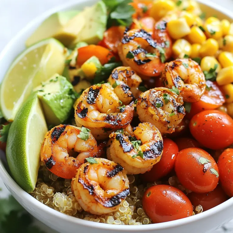 To make a tasty Grilled Shrimp Bowl, gather these key items: - 1 pound large shrimp, peeled and deveined - 2 tablespoons extra virgin olive oil - 2 teaspoons smoked paprika - 1 teaspoon garlic powder - 1 teaspoon ground cumin - Salt and freshly ground black pepper, to taste - 2 cups cooked quinoa - 1 cup cherry tomatoes, halved - 1 cup corn (fresh, frozen, or canned, rinsed if canned) - 1 ripe avocado, diced - 1/4 cup fresh cilantro, finely chopped - Juice of 1 juicy lime You can add extra flavor with these optional toppings: - Crumbled feta cheese - Crumbled queso fresco These toppings make your bowl even more delicious and fun! This recipe makes enough for four servings. Each bowl is bright, fresh, and filling. You can easily adjust the recipe for more people or fewer by changing the amounts of each ingredient. Enjoy this meal with friends or family for a perfect gathering! {{ingredient_image_2}} Start by mixing your marinade. In a large bowl, whisk together the olive oil, smoked paprika, garlic powder, and ground cumin. Add a pinch of salt and black pepper. This mix brings out the best flavors in the shrimp. Once you have a smooth blend, add the peeled and deveined shrimp. Toss them well so they are coated in the marinade. Let the shrimp sit for at least 15 minutes. This helps the flavors soak in. Next, preheat your grill to medium-high heat. If you use wooden skewers, soak them in water for about 30 minutes. This keeps them from burning. Thread the marinated shrimp onto the skewers, leaving a small gap between each one. This helps them cook evenly. Place the skewers on the grill and cook for 2-3 minutes on each side. The shrimp will turn pink and opaque when done. Remove them from the grill and let them rest for a minute. In a large bowl, mix the cooked quinoa, halved cherry tomatoes, corn, diced avocado, and chopped cilantro. Squeeze the juice of one lime into the mix. Gently toss everything to combine, but be careful not to mash the avocado. To serve, spoon the quinoa mixture into your bowl. Place the grilled shrimp skewers on top. If you like, sprinkle some crumbled feta or queso fresco for extra flavor. Enjoy your colorful and tasty grilled shrimp bowl! To make the best marinade, start with fresh ingredients. Use high-quality olive oil. Mix smoked paprika, garlic powder, and cumin for a tasty blend. Add salt and pepper to taste. Toss the shrimp in the marinade. Make sure each shrimp is well coated. Let them sit for 15 minutes. This helps the shrimp soak up the flavors. Heat your grill to medium-high. If using a grill pan, make sure it's hot and greased. If you have wooden skewers, soak them for 30 minutes to avoid burning. When ready, thread the shrimp onto the skewers. Leave space between each shrimp for even cooking. Grill for 2-3 minutes on each side. Look for pink, opaque shrimp with a light char. Let them rest for a minute before serving. To serve, start with a base of quinoa. Add the grilled shrimp skewers on top. For color, sprinkle fresh cilantro over the bowl. Add lime wedges for a zesty touch. Optional toppings like crumbled feta or queso fresco bring creaminess. Layer the ingredients nicely for a beautiful display. Enjoy the vibrant colors and flavors! Pro Tips Marinate Longer for More Flavor: Allow the shrimp to marinate for at least 30 minutes if possible. This will enhance the flavors and make the shrimp more delicious. Perfect Grill Temperature: Ensure your grill is preheated to medium-high heat for even cooking. This helps achieve that perfect char without overcooking the shrimp. Use Fresh Ingredients: Whenever possible, opt for fresh corn and ripe avocados for the best texture and flavor in your Fiesta Bowl. Customize Your Bowl: Feel free to add other toppings such as black beans, jalapeños, or your favorite hot sauce to elevate the dish to your taste! {{image_4}} You can swap out the shrimp for other seafood, like scallops or fish. Each option brings a new taste. If you like spice, try adding cayenne pepper to the marinade. For a smoky flavor, use chipotle powder instead of smoked paprika. You can also switch the quinoa for brown rice or farro. These grains add a hearty texture and taste. To make this bowl vegetarian, replace shrimp with grilled tofu or tempeh. Both options soak up flavors well and add protein. For a vegan twist, skip the cheese and add extra avocado or nuts for creaminess. You could also use chickpeas for a protein boost. They add a nice texture and make the dish filling. If you want more protein, consider adding grilled chicken or steak. Simply marinate and grill them just like the shrimp. For a unique touch, use marinated jackfruit as a meat substitute. It absorbs flavors and has a great texture. You can even add beans or lentils for more protein and fiber. These options keep the dish satisfying and tasty. After making your grilled shrimp bowl, store leftovers in an airtight container. This keeps them fresh for up to three days. Make sure to cool the shrimp and quinoa mixture before sealing. This helps prevent moisture buildup. Always label your container with the date for easy tracking. If you want to keep your bowl longer, freezing is a great option. Place the grilled shrimp and quinoa mixture in freezer-safe bags. Be sure to remove as much air as possible. This helps avoid freezer burn. You can freeze the shrimp for up to three months. However, the avocado does not freeze well, so add fresh avocado after thawing. To reheat your grilled shrimp bowl, the best method is using the stovetop. Place the shrimp and quinoa in a pan over medium heat. Stir often until warmed through. You can also use the microwave, but heat in short intervals to avoid overcooking the shrimp. Add fresh lime juice and cilantro before serving to brighten the dish. You can tell shrimp are done when they turn pink and opaque. They should curl into a "C" shape. This usually takes 2-3 minutes on each side over medium-high heat. If you see any gray or translucent spots, let them cook a bit longer. Overcooking makes shrimp tough, so watch closely! Yes, you can use other grains. Brown rice, farro, or couscous work well. Each grain adds a unique taste and texture. If you use a different grain, adjust the cooking time as needed. Make sure to cook it properly before adding to your bowl. You can serve many sides with your grilled shrimp bowl. Fresh salad, roasted veggies, or garlic bread are great options. You might also add a tangy dipping sauce or a zesty salsa. These sides will enhance the meal and add more flavors. You now have the key ingredients and steps needed to make a great grilled shrimp bowl. Remember, the right marinade is vital for bold flavor. Grilling shrimp requires attention to timing for best results. Don’t forget to explore substitutions for different tastes or choices. With the right storage, you can enjoy leftovers later. Keep this guide handy as you create your bowl. Happy cooking!