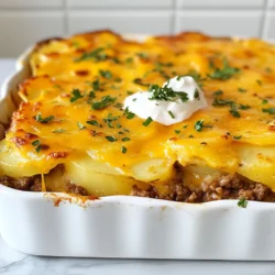 - 1 lb ground beef - 4 medium potatoes, thinly sliced - 1 medium onion, chopped - 2 cloves garlic, minced - 2 cups shredded cheddar cheese - 1 cup sour cream - 1 teaspoon paprika - 1 cup beef broth - Salt and pepper to taste - 2 tablespoons olive oil - Fresh parsley for garnish - Large skillet - Baking dish (9x13-inch) - Wooden spoon - Aluminum foil Gather these ingredients before you start cooking. Ground beef is the main protein. Use good quality beef for the best flavor. Thinly sliced potatoes give a nice texture. Chop the onion and mince the garlic to enhance the taste. Sour cream adds creaminess, while cheddar cheese adds that melty goodness. Paprika gives a mild kick. Beef broth keeps the casserole moist. Don't forget salt and pepper for seasoning. Olive oil is key for cooking the onion and garlic. A sprinkle of fresh parsley at the end adds color and freshness. Make sure you have the right tools. A large skillet is perfect for cooking the beef mixture. A 9x13-inch baking dish holds all the layers well. A wooden spoon helps you stir and mix easily. Aluminum foil is essential for covering the dish while it bakes. With these ingredients and tools, you are ready to create a tasty Hamburger Potato Casserole! {{ingredient_image_2}} - Preheat oven to 375°F (190°C). - Chop one medium onion. - Mince two cloves of garlic. - Slice four medium potatoes thinly. - In a large skillet, heat two tablespoons of olive oil over medium heat. - Add chopped onions and minced garlic, sauté for 3-4 minutes until soft. - Add one pound of ground beef, breaking it apart with a wooden spoon. - Season beef with one teaspoon of paprika, salt, and pepper to taste. - Cook for 5-7 minutes until the beef is browned. - Drain any excess fat from the skillet. - Lightly grease a 9x13-inch baking dish. - Layer half of the sliced potatoes in the dish. - Add half of the cooked beef mixture on top. - Spread half of one cup of sour cream over the beef. - Top with half of two cups of shredded cheddar cheese. - Repeat the layers: remaining potatoes, beef, sour cream, and cheese. - Pour one cup of beef broth evenly over the casserole. - Cover the dish tightly with aluminum foil. - Bake for 45 minutes covered. - Remove the foil and bake for an additional 15 minutes until golden brown. - Let the casserole rest for 10 minutes before serving. - Garnish with fresh parsley if desired. To avoid overcooked potatoes, slice them thin. This helps them cook evenly. Layering is key. Start with potatoes, then beef, sour cream, and cheese. This order keeps flavors mixed well. Serve your casserole with a fresh salad for balance. A side of crusty bread works too. For presentation, scoop portions onto plates. Make sure the cheese and layers show. Garnish with parsley for color. At higher altitudes, add extra time. Check for doneness by poking the potatoes with a fork. If using a toaster oven, reduce heat by 25°F. Keep an eye on the cheese to avoid burning. Pro Tips Use Russet Potatoes: These potatoes are starchy and will become tender and fluffy when baked, making them perfect for casseroles. Layering Technique: Ensure even distribution of flavors by alternating layers of potatoes, beef, and cheese for a balanced taste in every bite. Resting Time: Allowing the casserole to rest for 10 minutes after baking helps it set, making it easier to serve and enhancing the flavors. Cheese Variations: Experiment with different types of cheese, such as Monterey Jack or Pepper Jack, for a unique twist on the classic cheddar flavor. {{image_4}} You can switch up the proteins in this casserole. Ground turkey or chicken works well. Both options are leaner and still tasty. You can even use plant-based meat for a vegetarian version. If you want a dairy-free dish, swap out the cheese and sour cream. Nutritional yeast gives a cheesy flavor. Coconut yogurt or cashew cream can replace sour cream for creaminess without dairy. Adding seasonal veggies can make this casserole even better. Bell peppers, zucchini, or mushrooms add color and nutrients. You can mix them in with the beef or layer them in. Using sweet potatoes instead of regular potatoes is another great idea. They bring a natural sweetness and vibrant color. Just slice them thinly, just like regular potatoes, for even cooking. Don’t be afraid to try new seasonings. You can add herbs like thyme or rosemary for extra flavor. A dash of cumin or chili powder can give it a warm twist. If you like heat, add jalapeños or hot sauce. Mix them in with the beef or sprinkle them on top. This will give your casserole a spicy kick that many will enjoy! After enjoying your casserole, cool it down. Place leftovers in an airtight container. Make sure to keep it in the fridge. It will stay fresh for 3 to 4 days. If you want to keep it longer, freezing is a great option. Best storage containers: - Use glass or plastic containers with tight lids. - Choose containers that fit your leftover portions. - Avoid using metal containers for long storage. When it's time to eat again, you want your casserole to taste great. Here’s how to do it the right way. Tips for restoring texture: - Cover the casserole with foil to keep it moist. - Add a splash of beef broth for extra moisture. - Reheat slowly to avoid drying it out. Oven vs. microwave reheating: - The oven gives you a better texture. Bake at 350°F (175°C) for 20-25 minutes. - The microwave is quicker. Heat in short bursts, about 2-3 minutes each time, stirring in between. You can freeze this casserole before or after baking. This makes meal prep easy. Instructions for freezing before or after baking: - If freezing before baking, wrap it tightly in foil. - If freezing after baking, cool it first, then cover it well. Best practices for thawing: - Thaw overnight in the fridge for the best results. - If you’re in a hurry, use the microwave on the defrost setting. - Always bake or reheat it right after thawing for the best taste. Yes, you can use frozen potatoes. They will save time and effort. Just remember to thaw them first. Drain any excess moisture before using them in the casserole. This step keeps the dish from being too watery. Frozen potatoes can still give you a tasty casserole. Making this casserole ahead is easy. You can prepare it the night before. Layer all the ingredients in the baking dish. Cover it tightly with plastic wrap. Store it in the fridge. When you’re ready, bake it straight from the fridge. Just add a few extra minutes to the cooking time. This casserole pairs well with simple sides. A fresh green salad adds a nice crunch. You could also serve it with steamed vegetables. Garlic bread is another tasty option. Choose sides that balance the richness of the casserole. Yes, you can make this casserole in a slow cooker. Brown the beef and sauté the onions first. Layer everything in the slow cooker. Cook on low for 6 to 8 hours. This method makes the potatoes soft and flavorful, and it’s a great option if you want to set it and forget it. You can keep leftovers in the fridge for up to 3 days. Store them in an airtight container. Reheat the leftovers in the oven or microwave. Just make sure they heat through completely. Enjoying leftovers is a great way to savor this dish again! You learned how to make a tasty Hamburger Potato Casserole. We covered the main ingredients like ground beef, cheese, and potatoes. You also discovered helpful tips for cooking and serving. Remember to layer well for the best results. Now, feel free to try your own twists. You can swap out ingredients or add fun spices. This dish is simple and delightful, making it perfect for any meal. Enjoy your cooking and share your casserole with friends and family!