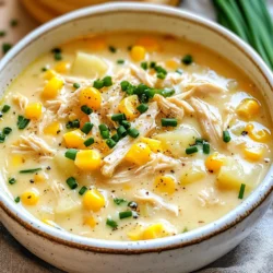 To make this creamy chowder, you need: - 1 lb boneless, skinless chicken breasts - 4 cups corn (frozen or fresh) - 3 medium potatoes, diced - 1 small onion, diced - 2 cloves garlic, minced - 3 cups chicken broth (low-sodium) - 1 cup heavy cream or coconut milk - 1 tablespoon olive oil - 1 teaspoon smoked paprika - 1 teaspoon dried thyme - Salt and pepper to taste These ingredients form the base of your chowder. The chicken adds protein, while the corn gives a sweet crunch. Potatoes create a hearty texture, and the cream makes it rich. You can switch things up with these optional ingredients: - Bell peppers for a fresh crunch - Carrots for added sweetness - Jalapeños for some heat - Bacon bits for a smoky flavor Feel free to be creative! Each addition can change the taste of the chowder. You can also try using different herbs like rosemary or parsley. Garnishes make your chowder look even better. Here are some great options: - Fresh chives, chopped - A drizzle of olive oil - Crumbled bacon for crunch - Shredded cheese for a rich touch Adding these garnishes not only makes your dish pretty but adds flavor too. Enjoy making your chowder a visual treat! {{ingredient_image_2}} First, take the boneless chicken breasts. Season them well with salt, pepper, and smoked paprika. This step gives the chicken a nice flavor. Let the chicken sit while you chop the onions and garlic. In a skillet, heat olive oil over medium heat. Add the diced onion and minced garlic. Cook them for about 3-4 minutes until the onion turns soft and clear. This step builds a tasty base for your chowder. Now it’s time to layer the ingredients in the crockpot. Start by adding the sautéed onions and garlic. Next, pour in the corn and diced potatoes. Place the seasoned chicken breasts on top. Then, add the chicken broth. Don’t forget to sprinkle the dried thyme over all the ingredients. Give it a gentle stir to mix everything well. Cover the crockpot and choose your cooking method. If you set it to low, let it cook for 6-7 hours. For a quicker option, set it to high for 3-4 hours. You want the chicken to be fully cooked and the potatoes to be soft. Once done, take out the chicken. Shred it using two forks and put it back in the chowder. Stir in the heavy cream or coconut milk. Let it cook for another 15-30 minutes on low. Finally, taste the chowder and add more salt or pepper as needed. Enjoy! To get a creamy texture in your chowder, use heavy cream or coconut milk. Adding this at the end gives a rich taste. Make sure to stir it in gently after shredding the chicken. This helps blend all the flavors together smoothly. If you want it even creamier, mash some potatoes before adding the cream. This thickens the chowder nicely. You can boost the flavor with a few simple tweaks. Try adding a splash of lime juice for brightness. Fresh herbs like basil or parsley can add a nice touch too. For a smoky kick, you can increase the smoked paprika. A bit of cayenne pepper can introduce some heat. These small changes can make your chowder stand out. If your chowder is too thick, simply add more chicken broth or water. Stir it well to combine. If it tastes bland, a pinch of salt or some fresh black pepper can help. If the potatoes are not tender, they may need more cooking time. Finally, if the chowder is too thin, let it cook longer with the lid off to reduce the liquid. Pro Tips Use Fresh Corn for Sweetness: If you have access to fresh corn, it can elevate the sweetness and texture of your chowder. Just be sure to remove the kernels from the cob and add them in with the other ingredients. Adjust Creaminess: For a lighter version, substitute half of the cream with additional chicken broth. This will keep the chowder creamy without being too heavy. Leftover Chicken: If you have leftover rotisserie chicken, it can be used in this recipe. Just add it during the last 30 minutes of cooking to heat through without overcooking. Garnish for Freshness: Always finish with a sprinkle of fresh herbs like chives or parsley. This not only enhances the appearance but also adds a fresh, bright flavor to the chowder. {{image_4}} You can easily make this chowder dairy-free. Instead of heavy cream, use coconut milk. It adds a nice creaminess and a hint of sweetness. Just swap one cup of heavy cream for one cup of coconut milk. This change keeps the chowder rich while making it suitable for those who avoid dairy. Feel free to switch up the protein. You can use turkey or even tofu for a plant-based option. If you want to add more veggies, consider carrots or bell peppers. Just chop them small so they cook evenly. These changes can give your chowder a new twist while keeping it delicious. If you like a kick, add jalapeños or crushed red pepper. Just a little can make a big difference. You can also try adding a tablespoon of taco seasoning for extra flavor. This will give your chowder a fun, zesty vibe. Don’t forget to taste as you go, so it’s just right for you! To keep your chowder fresh, let it cool first. Once cool, transfer it to an airtight container. Make sure to store it in the fridge, where it will last for about three to four days. Label the container with the date so you know when to use it. Avoid letting it sit out too long to prevent spoilage. If you want to save some for later, freezing is a great option. Use freezer-safe containers or bags to store the chowder. Leave some space at the top of the container since the soup will expand when frozen. It can last up to three months in the freezer. Just remember to label each container with the date. When you're ready to enjoy the chowder again, thaw it overnight in the fridge if frozen. For reheating, you can use a pot on the stove or a microwave. Stir often to keep it from sticking. If you find the chowder is too thick after reheating, add a splash of chicken broth or water to loosen it up. Always check the temperature before serving to ensure it's hot throughout. Yes, you can use canned corn. Canned corn is quick and easy. Just drain it before adding to your chowder. It will still give you that sweet corn taste. If you use canned corn, reduce the cooking time slightly. This way, you keep the corn from getting too soft. To make it vegetarian, swap the chicken for beans or lentils. You can also use vegetable broth instead of chicken broth. Add more veggies like carrots or bell peppers for extra flavor. To keep it creamy, use coconut milk or a dairy-free cream. This way, you still enjoy a rich and tasty chowder. Serve this chowder with crusty bread or a fresh salad. The bread is perfect for dipping. A light green salad adds a nice crunch. You can also try serving it with crackers for a fun twist. Each of these sides will enhance your chowder experience! This blog post covered every step to make delicious Crockpot Chicken Corn Chowder. We discussed the main ingredients, optional variations, and garnishes that can impress. You learned how to prepare, layer, and cook the chowder to get the best results. I shared tips for a creamy texture and how to solve common issues. Plus, you found ideas for dietary swaps and spice options. Remember, storing and reheating your chowder well keeps the flavor strong. Now, you’re ready to enjoy a warm bowl of comfort with ease!