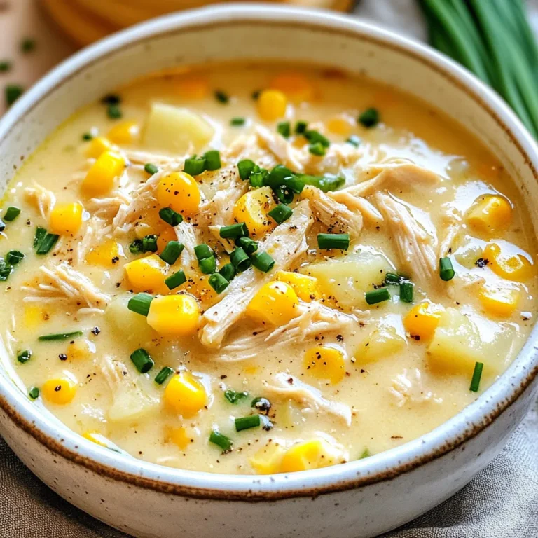 To make this creamy chowder, you need: - 1 lb boneless, skinless chicken breasts - 4 cups corn (frozen or fresh) - 3 medium potatoes, diced - 1 small onion, diced - 2 cloves garlic, minced - 3 cups chicken broth (low-sodium) - 1 cup heavy cream or coconut milk - 1 tablespoon olive oil - 1 teaspoon smoked paprika - 1 teaspoon dried thyme - Salt and pepper to taste These ingredients form the base of your chowder. The chicken adds protein, while the corn gives a sweet crunch. Potatoes create a hearty texture, and the cream makes it rich. You can switch things up with these optional ingredients: - Bell peppers for a fresh crunch - Carrots for added sweetness - Jalapeños for some heat - Bacon bits for a smoky flavor Feel free to be creative! Each addition can change the taste of the chowder. You can also try using different herbs like rosemary or parsley. Garnishes make your chowder look even better. Here are some great options: - Fresh chives, chopped - A drizzle of olive oil - Crumbled bacon for crunch - Shredded cheese for a rich touch Adding these garnishes not only makes your dish pretty but adds flavor too. Enjoy making your chowder a visual treat! {{ingredient_image_2}} First, take the boneless chicken breasts. Season them well with salt, pepper, and smoked paprika. This step gives the chicken a nice flavor. Let the chicken sit while you chop the onions and garlic. In a skillet, heat olive oil over medium heat. Add the diced onion and minced garlic. Cook them for about 3-4 minutes until the onion turns soft and clear. This step builds a tasty base for your chowder. Now it’s time to layer the ingredients in the crockpot. Start by adding the sautéed onions and garlic. Next, pour in the corn and diced potatoes. Place the seasoned chicken breasts on top. Then, add the chicken broth. Don’t forget to sprinkle the dried thyme over all the ingredients. Give it a gentle stir to mix everything well. Cover the crockpot and choose your cooking method. If you set it to low, let it cook for 6-7 hours. For a quicker option, set it to high for 3-4 hours. You want the chicken to be fully cooked and the potatoes to be soft. Once done, take out the chicken. Shred it using two forks and put it back in the chowder. Stir in the heavy cream or coconut milk. Let it cook for another 15-30 minutes on low. Finally, taste the chowder and add more salt or pepper as needed. Enjoy! To get a creamy texture in your chowder, use heavy cream or coconut milk. Adding this at the end gives a rich taste. Make sure to stir it in gently after shredding the chicken. This helps blend all the flavors together smoothly. If you want it even creamier, mash some potatoes before adding the cream. This thickens the chowder nicely. You can boost the flavor with a few simple tweaks. Try adding a splash of lime juice for brightness. Fresh herbs like basil or parsley can add a nice touch too. For a smoky kick, you can increase the smoked paprika. A bit of cayenne pepper can introduce some heat. These small changes can make your chowder stand out. If your chowder is too thick, simply add more chicken broth or water. Stir it well to combine. If it tastes bland, a pinch of salt or some fresh black pepper can help. If the potatoes are not tender, they may need more cooking time. Finally, if the chowder is too thin, let it cook longer with the lid off to reduce the liquid. Pro Tips Use Fresh Corn for Sweetness: If you have access to fresh corn, it can elevate the sweetness and texture of your chowder. Just be sure to remove the kernels from the cob and add them in with the other ingredients. Adjust Creaminess: For a lighter version, substitute half of the cream with additional chicken broth. This will keep the chowder creamy without being too heavy. Leftover Chicken: If you have leftover rotisserie chicken, it can be used in this recipe. Just add it during the last 30 minutes of cooking to heat through without overcooking. Garnish for Freshness: Always finish with a sprinkle of fresh herbs like chives or parsley. This not only enhances the appearance but also adds a fresh, bright flavor to the chowder. {{image_4}} You can easily make this chowder dairy-free. Instead of heavy cream, use coconut milk. It adds a nice creaminess and a hint of sweetness. Just swap one cup of heavy cream for one cup of coconut milk. This change keeps the chowder rich while making it suitable for those who avoid dairy. Feel free to switch up the protein. You can use turkey or even tofu for a plant-based option. If you want to add more veggies, consider carrots or bell peppers. Just chop them small so they cook evenly. These changes can give your chowder a new twist while keeping it delicious. If you like a kick, add jalapeños or crushed red pepper. Just a little can make a big difference. You can also try adding a tablespoon of taco seasoning for extra flavor. This will give your chowder a fun, zesty vibe. Don’t forget to taste as you go, so it’s just right for you! To keep your chowder fresh, let it cool first. Once cool, transfer it to an airtight container. Make sure to store it in the fridge, where it will last for about three to four days. Label the container with the date so you know when to use it. Avoid letting it sit out too long to prevent spoilage. If you want to save some for later, freezing is a great option. Use freezer-safe containers or bags to store the chowder. Leave some space at the top of the container since the soup will expand when frozen. It can last up to three months in the freezer. Just remember to label each container with the date. When you're ready to enjoy the chowder again, thaw it overnight in the fridge if frozen. For reheating, you can use a pot on the stove or a microwave. Stir often to keep it from sticking. If you find the chowder is too thick after reheating, add a splash of chicken broth or water to loosen it up. Always check the temperature before serving to ensure it's hot throughout. Yes, you can use canned corn. Canned corn is quick and easy. Just drain it before adding to your chowder. It will still give you that sweet corn taste. If you use canned corn, reduce the cooking time slightly. This way, you keep the corn from getting too soft. To make it vegetarian, swap the chicken for beans or lentils. You can also use vegetable broth instead of chicken broth. Add more veggies like carrots or bell peppers for extra flavor. To keep it creamy, use coconut milk or a dairy-free cream. This way, you still enjoy a rich and tasty chowder. Serve this chowder with crusty bread or a fresh salad. The bread is perfect for dipping. A light green salad adds a nice crunch. You can also try serving it with crackers for a fun twist. Each of these sides will enhance your chowder experience! This blog post covered every step to make delicious Crockpot Chicken Corn Chowder. We discussed the main ingredients, optional variations, and garnishes that can impress. You learned how to prepare, layer, and cook the chowder to get the best results. I shared tips for a creamy texture and how to solve common issues. Plus, you found ideas for dietary swaps and spice options. Remember, storing and reheating your chowder well keeps the flavor strong. Now, you’re ready to enjoy a warm bowl of comfort with ease!