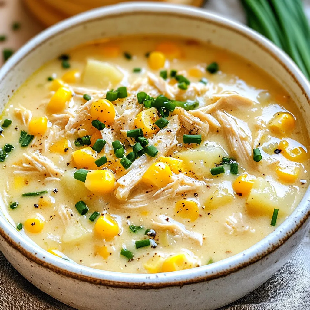 To make this creamy chowder, you need: - 1 lb boneless, skinless chicken breasts - 4 cups corn (frozen or fresh) - 3 medium potatoes, diced - 1 small onion, diced - 2 cloves garlic, minced - 3 cups chicken broth (low-sodium) - 1 cup heavy cream or coconut milk - 1 tablespoon olive oil - 1 teaspoon smoked paprika - 1 teaspoon dried thyme - Salt and pepper to taste These ingredients form the base of your chowder. The chicken adds protein, while the corn gives a sweet crunch. Potatoes create a hearty texture, and the cream makes it rich. You can switch things up with these optional ingredients: - Bell peppers for a fresh crunch - Carrots for added sweetness - Jalapeños for some heat - Bacon bits for a smoky flavor Feel free to be creative! Each addition can change the taste of the chowder. You can also try using different herbs like rosemary or parsley. Garnishes make your chowder look even better. Here are some great options: - Fresh chives, chopped - A drizzle of olive oil - Crumbled bacon for crunch - Shredded cheese for a rich touch Adding these garnishes not only makes your dish pretty but adds flavor too. Enjoy making your chowder a visual treat! {{ingredient_image_2}} First, take the boneless chicken breasts. Season them well with salt, pepper, and smoked paprika. This step gives the chicken a nice flavor. Let the chicken sit while you chop the onions and garlic. In a skillet, heat olive oil over medium heat. Add the diced onion and minced garlic. Cook them for about 3-4 minutes until the onion turns soft and clear. This step builds a tasty base for your chowder. Now it’s time to layer the ingredients in the crockpot. Start by adding the sautéed onions and garlic. Next, pour in the corn and diced potatoes. Place the seasoned chicken breasts on top. Then, add the chicken broth. Don’t forget to sprinkle the dried thyme over all the ingredients. Give it a gentle stir to mix everything well. Cover the crockpot and choose your cooking method. If you set it to low, let it cook for 6-7 hours. For a quicker option, set it to high for 3-4 hours. You want the chicken to be fully cooked and the potatoes to be soft. Once done, take out the chicken. Shred it using two forks and put it back in the chowder. Stir in the heavy cream or coconut milk. Let it cook for another 15-30 minutes on low. Finally, taste the chowder and add more salt or pepper as needed. Enjoy! To get a creamy texture in your chowder, use heavy cream or coconut milk. Adding this at the end gives a rich taste. Make sure to stir it in gently after shredding the chicken. This helps blend all the flavors together smoothly. If you want it even creamier, mash some potatoes before adding the cream. This thickens the chowder nicely. You can boost the flavor with a few simple tweaks. Try adding a splash of lime juice for brightness. Fresh herbs like basil or parsley can add a nice touch too. For a smoky kick, you can increase the smoked paprika. A bit of cayenne pepper can introduce some heat. These small changes can make your chowder stand out. If your chowder is too thick, simply add more chicken broth or water. Stir it well to combine. If it tastes bland, a pinch of salt or some fresh black pepper can help. If the potatoes are not tender, they may need more cooking time. Finally, if the chowder is too thin, let it cook longer with the lid off to reduce the liquid. Pro Tips Use Fresh Corn for Sweetness: If you have access to fresh corn, it can elevate the sweetness and texture of your chowder. Just be sure to remove the kernels from the cob and add them in with the other ingredients. Adjust Creaminess: For a lighter version, substitute half of the cream with additional chicken broth. This will keep the chowder creamy without being too heavy. Leftover Chicken: If you have leftover rotisserie chicken, it can be used in this recipe. Just add it during the last 30 minutes of cooking to heat through without overcooking. Garnish for Freshness: Always finish with a sprinkle of fresh herbs like chives or parsley. This not only enhances the appearance but also adds a fresh, bright flavor to the chowder. {{image_4}} You can easily make this chowder dairy-free. Instead of heavy cream, use coconut milk. It adds a nice creaminess and a hint of sweetness. Just swap one cup of heavy cream for one cup of coconut milk. This change keeps the chowder rich while making it suitable for those who avoid dairy. Feel free to switch up the protein. You can use turkey or even tofu for a plant-based option. If you want to add more veggies, consider carrots or bell peppers. Just chop them small so they cook evenly. These changes can give your chowder a new twist while keeping it delicious. If you like a kick, add jalapeños or crushed red pepper. Just a little can make a big difference. You can also try adding a tablespoon of taco seasoning for extra flavor. This will give your chowder a fun, zesty vibe. Don’t forget to taste as you go, so it’s just right for you! To keep your chowder fresh, let it cool first. Once cool, transfer it to an airtight container. Make sure to store it in the fridge, where it will last for about three to four days. Label the container with the date so you know when to use it. Avoid letting it sit out too long to prevent spoilage. If you want to save some for later, freezing is a great option. Use freezer-safe containers or bags to store the chowder. Leave some space at the top of the container since the soup will expand when frozen. It can last up to three months in the freezer. Just remember to label each container with the date. When you're ready to enjoy the chowder again, thaw it overnight in the fridge if frozen. For reheating, you can use a pot on the stove or a microwave. Stir often to keep it from sticking. If you find the chowder is too thick after reheating, add a splash of chicken broth or water to loosen it up. Always check the temperature before serving to ensure it's hot throughout. Yes, you can use canned corn. Canned corn is quick and easy. Just drain it before adding to your chowder. It will still give you that sweet corn taste. If you use canned corn, reduce the cooking time slightly. This way, you keep the corn from getting too soft. To make it vegetarian, swap the chicken for beans or lentils. You can also use vegetable broth instead of chicken broth. Add more veggies like carrots or bell peppers for extra flavor. To keep it creamy, use coconut milk or a dairy-free cream. This way, you still enjoy a rich and tasty chowder. Serve this chowder with crusty bread or a fresh salad. The bread is perfect for dipping. A light green salad adds a nice crunch. You can also try serving it with crackers for a fun twist. Each of these sides will enhance your chowder experience! This blog post covered every step to make delicious Crockpot Chicken Corn Chowder. We discussed the main ingredients, optional variations, and garnishes that can impress. You learned how to prepare, layer, and cook the chowder to get the best results. I shared tips for a creamy texture and how to solve common issues. Plus, you found ideas for dietary swaps and spice options. Remember, storing and reheating your chowder well keeps the flavor strong. Now, you’re ready to enjoy a warm bowl of comfort with ease!