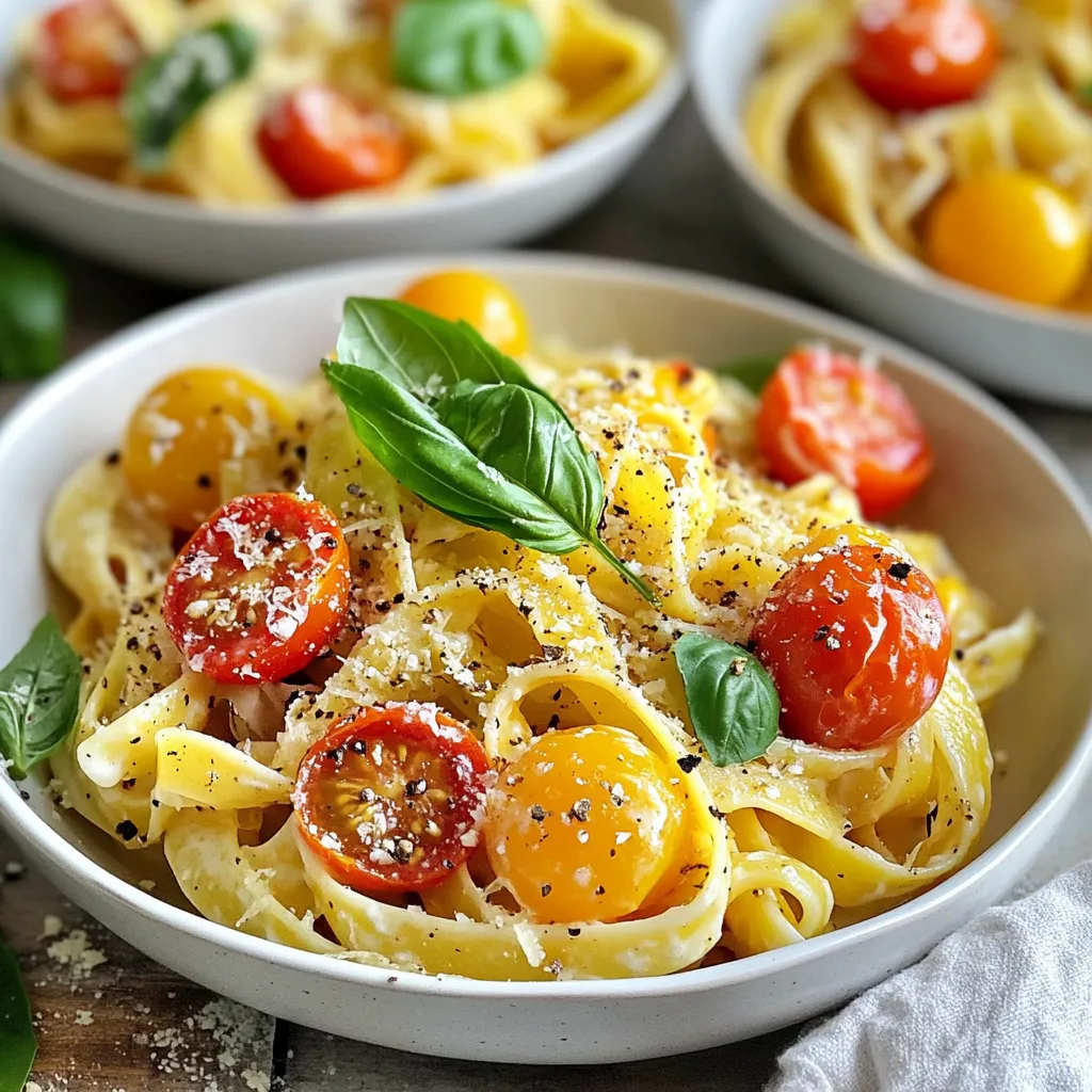 - 12 oz of pasta (fettuccine or penne) - 2 cups of cherry tomatoes, halved - 1 cup of fresh ricotta cheese - 2 cloves of garlic, minced - 1 tablespoon of olive oil - 1 tablespoon of balsamic vinegar - 1 teaspoon of dried basil - 1 teaspoon of dried oregano - Salt and freshly ground black pepper to taste - Fresh basil leaves for garnish - Grated Parmesan cheese for serving For this dish, the main ingredients are simple and fresh. The cherry tomatoes burst with flavor and pair well with rich ricotta. The pasta acts as a tasty base, while garlic adds depth. Olive oil and balsamic vinegar bring a nice balance of richness and acidity. - Red pepper flakes for heat - Lemon zest for brightness - Spinach or arugula for greens You can add red pepper flakes for a spicy kick. Lemon zest brightens the dish and adds freshness. Adding spinach gives a nice green touch and boosts nutrition. - Use whole wheat pasta for more fiber. - Swap ricotta for cottage cheese for a lighter option. - Replace balsamic vinegar with red wine vinegar for a different flavor. If you don’t have ricotta, cottage cheese works well. Whole wheat pasta is a healthy choice. Red wine vinegar can replace balsamic if you want a sharper taste. Adjust these ingredients based on what you have! {{ingredient_image_2}} Start by boiling a large pot of salted water. Once it’s bubbling, add 12 ounces of pasta, like fettuccine or penne. Cook the pasta according to the package instructions, usually about 8-10 minutes, until it is al dente. Be sure to stir it occasionally. When done, drain the pasta in a colander. Keep about a cup of the pasta water on the side. This water will help later if you need to add creaminess. In a wide skillet, pour in 1 tablespoon of olive oil and heat over medium. Add 2 cloves of minced garlic and sauté for about 1 minute, stirring often. Watch the garlic closely; burnt garlic can ruin the taste. Next, add 2 cups of halved cherry tomatoes to the skillet. Season them with salt, black pepper, 1 teaspoon of dried basil, and 1 teaspoon of dried oregano. Stir everything together and cook for 5-7 minutes. You want the tomatoes to soften and start releasing their juices. To finish, drizzle in 1 tablespoon of balsamic vinegar and take the skillet off the heat. In a large mixing bowl, combine the drained pasta with the sautéed tomato mix. Add 1 cup of fresh ricotta cheese to the bowl. Gently toss everything together until the pasta gets a nice, creamy coat. If it seems dry, pour in a splash of the reserved pasta water. This will help you achieve the creaminess you want. Take a moment to taste and adjust the salt or pepper as needed. To make your pasta creamy, use fresh ricotta cheese. It adds a rich and smooth touch. After mixing the ricotta with the pasta, if it feels dry, add a splash of the reserved pasta water. This simple step helps to achieve that perfect creamy texture. Stir gently to blend all the flavors. Seasoning is key to making your dish pop. Use salt and freshly ground black pepper to taste. Dried basil and oregano bring warmth and depth. Don’t forget the balsamic vinegar; it adds a nice tang. Taste and adjust the seasonings as you go. This ensures a balanced flavor profile that excites your palate. Make your dish look as good as it tastes. For a stunning presentation, drizzle a little extra olive oil on top. Add more halved cherry tomatoes and fresh basil leaves for color. A sprinkle of grated Parmesan cheese enhances the look and flavor. Serve in shallow bowls for an elegant touch. Enjoy the beauty of your creamy dish! Pro Tips Use Fresh Ingredients: Fresh cherry tomatoes and quality ricotta cheese elevate the dish and enhance the flavor profile significantly. Don't Overcook the Pasta: Aim for al dente pasta for the best texture. This prevents the pasta from becoming mushy in the creamy sauce. Balance the Flavors: Adjust the seasoning with salt and pepper, and consider adding a pinch of sugar if the tomatoes are too acidic. Garnish Generously: Fresh basil leaves and grated Parmesan not only add flavor but also make the dish visually appealing. Don’t skimp on these toppings! {{image_4}} You can easily make this dish more colorful and tasty with veggies. Try adding spinach or arugula for fresh greens. Zucchini or bell peppers add crunch and flavor. Mushrooms also work well for a meaty texture. Just sauté them with garlic and then mix them in. If you want more protein, consider adding grilled chicken or shrimp. They give a nice boost to the meal. You can also try chickpeas or white beans for a plant-based option. They mix well with the creamy sauce and add heartiness. Switching up the sauce can change the whole dish. For a spicy kick, add red pepper flakes or a spicy tomato sauce. A pesto sauce can bring a fresh herb flavor. You can also try a creamy Alfredo sauce for a richer taste. Each option makes this pasta unique and fun. To keep your creamy tomato ricotta pasta fresh, store it in an airtight container. Let the pasta cool to room temperature first. This helps prevent condensation, which can make your pasta soggy. Place it in the fridge. It will stay good for about 3 to 4 days. If you have a lot left, consider dividing it into smaller portions. When you're ready to enjoy the leftovers, reheat them gently. You can use the microwave or a skillet. If using a microwave, place the pasta in a bowl and cover it with a damp paper towel. Heat for 1 to 2 minutes, stirring halfway. If using a skillet, add a splash of water or olive oil over medium heat. Stir until warmed through. This keeps the pasta creamy. If you want to save the pasta for later, freezing works well. First, let the pasta cool completely. Then, portion it into freezer-safe bags or containers. Try to remove as much air as possible to avoid freezer burn. It will keep well for about 2 to 3 months. When ready to eat, thaw it overnight in the fridge. Reheat as mentioned before for the best texture. Yes, you can use other pasta shapes. Fettuccine and penne work great, but feel free to try spaghetti, farfalle, or even gluten-free pasta. Each shape offers a unique texture. Just cook it according to the package instructions. To make this dish dairy-free, swap the ricotta cheese for a plant-based alternative. You can use cashew cream or a store-bought dairy-free ricotta. These options give a creamy texture. This pasta pairs well with a fresh salad. Try a simple arugula salad drizzled with olive oil and lemon. You can also serve garlic bread or roasted vegetables on the side for a hearty meal. Creamy Tomato Ricotta Pasta stays fresh for about 3 days in the fridge. Store it in an airtight container. When ready to eat, reheat it gently on the stove or in the microwave. Add a splash of water if it seems dry. This blog post shared how to make creamy tomato ricotta pasta. You learned about the key ingredients and their substitutes. I provided easy steps to cook your pasta perfectly and tips to enhance flavor and texture. We also explored exciting variations and best ways to store leftovers. By trying this dish, you can impress friends and family with a delicious meal. Enjoy the cooking process and experiment with flavors to make it your own. Happy cooking!