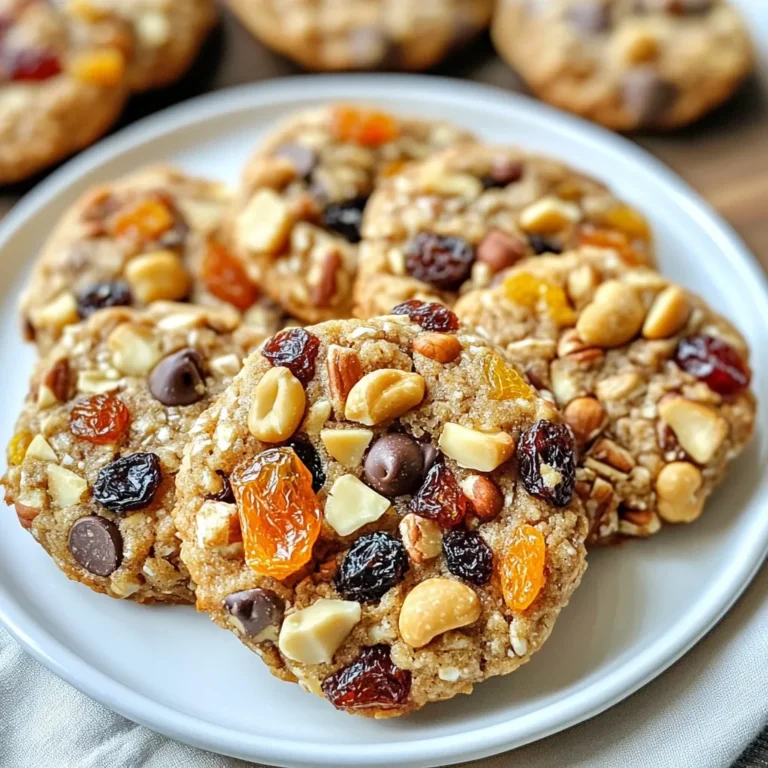 To make Trail Mix Breakfast Cookies, gather these main ingredients: - 1 cup rolled oats - 1/2 cup almond flour - 1/4 cup honey or maple syrup - 1/2 cup nut butter (choose peanut, almond, or cashew) - 1/2 cup mixed nuts (like walnuts, almonds, or pecans) - 1/2 cup dried fruit (cranberries, raisins, or chopped apricots) - 1/4 cup dark chocolate chips (optional) - 1 teaspoon vanilla extract - 1/2 teaspoon baking powder - 1/4 teaspoon salt - 1/2 teaspoon ground cinnamon These ingredients create a tasty mix that will keep you full. The oats provide fiber, while nut butter adds healthy fats. Feel free to customize your cookies. You can swap almond flour for whole wheat flour. Instead of honey, use agave syrup for a vegan version. Want more crunch? Add seeds like pumpkin or sunflower. You can also mix in coconut flakes or spices like nutmeg for a unique twist. - Rolled oats: Great for heart health and provide lasting energy. - Almond flour: Low in carbs and high in protein and vitamins. - Honey or maple syrup: Natural sweeteners with antioxidants. - Nut butter: Packed with protein and healthy fats for fullness. - Mixed nuts: Offer fiber, protein, and healthy fats. - Dried fruit: Adds natural sweetness and vitamins. - Dark chocolate chips: A treat with antioxidants when used in moderation. - Vanilla extract: Enhances flavor without added sugar. - Baking powder: Helps cookies rise and stay soft. - Salt: Balances sweetness and enhances flavors. - Ground cinnamon: Adds warmth and may help regulate blood sugar. Every ingredient contributes to a wholesome snack, making these cookies not just tasty, but also good for you. {{ingredient_image_2}} 1. Preheat your oven to 350°F (175°C). Line a baking sheet with parchment paper. 2. In a large bowl, mix 1 cup of rolled oats, 1/2 cup of almond flour, 1/2 teaspoon of baking powder, 1/4 teaspoon of salt, and 1/2 teaspoon of ground cinnamon. Use a whisk to blend well. 3. In a second bowl, combine 1/2 cup of nut butter, 1/4 cup of honey or maple syrup, and 1 teaspoon of vanilla extract. Stir until smooth. 4. Pour the wet mix into the dry mix. Fold them together until a thick dough forms. 5. Add 1/2 cup of chopped mixed nuts, 1/2 cup of dried fruit, and 1/4 cup of dark chocolate chips, if using. Mix until evenly spread. 6. Use a cookie scoop or tablespoon to drop dough onto the baking sheet. Leave about 2 inches between each cookie. 7. Slightly dampen your fingers and flatten each dough mound into a disc. This helps them bake evenly. 8. Bake for 12-15 minutes. The edges should be golden brown. The centers should feel set. 9. Let cookies cool on the baking sheet for 5 minutes before moving them to a wire rack. - Ensure your oven is preheated. This helps cookies bake evenly. - Use room temperature nut butter for easier mixing. - Check cookies around the 12-minute mark to avoid overbaking. - Letting them cool on the pan helps them firm up without breaking. - Mixing dry ingredients well prevents clumps. - Be careful not to overmix the dough. It should be thick but not dry. - Flatten the dough lightly. It helps cookies spread and bake uniformly. - Cooling on a wire rack is key. It ensures cookies stay soft and chewy. When making Trail Mix Breakfast Cookies, proper mixing is key. Start with your dry ingredients. Use a whisk to blend the oats, almond flour, baking powder, salt, and cinnamon. Make sure there are no lumps. This ensures even flavor and texture in each bite. Next, mix your wet ingredients separately. Whip together the nut butter, honey or maple syrup, and vanilla until smooth. Slowly add this mix to the dry ingredients. Fold gently to keep the mixture fluffy. This method avoids over-mixing, which can make cookies tough. To get the perfect cookie texture, pay attention to the dough's thickness. It should be thick, not runny. If it feels too dry, add a splash of water or more nut butter. If it's too wet, sprinkle in a bit more almond flour. Make sure to flatten the dough slightly on the baking sheet. This helps them bake evenly and gives a nice shape. Bake them until the edges are golden brown but the center is still soft. They will firm up as they cool. One common mistake is not measuring ingredients correctly. Use measuring cups and spoons for accuracy. Another mistake is skipping the preheat step. Always preheat your oven to ensure even baking. Avoid over-baking too. Check the cookies around 12 minutes. If you let them bake too long, they may turn hard. Lastly, don’t forget to let them cool on a wire rack. This helps keep the cookies chewy. Pro Tips Customize Your Mix: Feel free to personalize your trail mix by adding your favorite nuts, seeds, or even spices like nutmeg for an extra kick. Storage Tips: Store your cookies in an airtight container at room temperature for up to one week, or freeze them for longer shelf life. Make It Vegan: Substitute the honey with maple syrup and ensure your nut butter is free from animal products to keep these cookies vegan-friendly. Experiment with Add-Ins: Try adding coconut flakes, chia seeds, or protein powder to boost the nutritional value and flavor of your cookies. {{image_4}} You can change the nuts and fruits in your trail mix breakfast cookies. Use what you like! For nuts, try cashews, pistachios, or hazelnuts. You can also add seeds like pumpkin or sunflower seeds for extra crunch. For dried fruits, consider using mango, figs, or cherries. These swaps can give your cookies a unique taste. Mixing different ingredients keeps breakfast fun and exciting! If you want a different sweet taste, use other sweeteners. Instead of honey, try agave syrup or coconut sugar. Each option offers a different flavor. Maple syrup is great too; it adds a rich, earthy note. Just remember to adjust the amount. Different sweeteners may change how wet or dry your dough becomes. Taste as you mix and find what makes you smile! You can easily make these cookies gluten-free or vegan. To go gluten-free, use oat flour instead of almond flour. Just make sure your oats are certified gluten-free. For a vegan option, replace honey with maple syrup or agave. Nut butter is usually vegan, but double-check the brand. These changes let everyone enjoy a tasty breakfast cookie! To keep your Trail Mix Breakfast Cookies fresh, store them in an airtight container. Place a piece of parchment paper between layers to prevent sticking. Keep the container in a cool, dry place away from sunlight. This method helps maintain their chewy texture and flavor. Freezing cookies is easy! First, let them cool completely. Then, place cookies in a single layer on a baking sheet. Freeze for about an hour. Once firm, transfer them to a freezer-safe bag or container. Label with the date for easy tracking. You can enjoy these cookies for up to three months! Trail Mix Breakfast Cookies last about a week at room temperature. They stay fresh longer if stored in the fridge. If you freeze them, they can last for months. Just remember to thaw them overnight in the fridge before eating. This keeps them tasty and enjoyable! Yes, you can use different flours. Almond flour is great for a nutty flavor. You can also try oat flour or whole wheat flour. Each flour changes the texture a bit. Almond flour makes cookies soft and moist. Whole wheat flour gives a denser bite. Just remember to check baking times. Different flours may need slight adjustments. To make these cookies healthier, you can reduce the sweetener. Try using less honey or maple syrup. You can also add more dried fruits or seeds. Adding chia seeds or flaxseeds boosts fiber. Swap some of the nut butter with applesauce for less fat. These small changes keep the taste but cut extra calories. You can substitute nut butter with sunflower seed butter. This option is nut-free and still creamy. If you want a low-fat choice, use Greek yogurt. It adds protein and moisture. Each substitute brings a different flavor. Just ensure it matches your taste preferences. Yes, several egg alternatives work well. You can use a flaxseed meal mixed with water. One tablespoon of flaxseed meal mixed with three tablespoons of water equals one egg. Mashed banana or applesauce also works. Each option keeps cookies moist and tender. Just remember, it might change the flavor slightly. You learned about making tasty trail mix breakfast cookies. We covered key ingredients, how to prepare them, and tips for baking. You can mix and match ingredients to fit your taste. Remember to store cookies well to keep them fresh. Enjoy the cookies you create and share them with others. These treats can fit many diets and preferences. Now you have all you need to bake your own trail mix breakfast cookies. Enjoy the process and the delicious results!