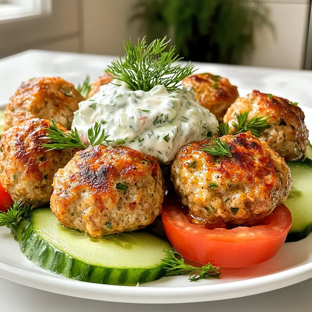 To make Greek turkey meatballs, you’ll need the following ingredients: - 1 pound ground turkey - 1/2 cup whole wheat breadcrumbs - 1/4 cup freshly grated Parmesan cheese - 1/4 cup fresh parsley, finely chopped - 2 cloves garlic, minced - 1 small red onion, finely chopped - 1 teaspoon dried oregano - 1 teaspoon ground cumin - 1/2 teaspoon sea salt - 1/4 teaspoon freshly cracked black pepper - 1 large egg - 1 tablespoon fresh lemon juice - 1/4 cup tzatziki sauce (for serving) - Fresh cucumber and tomato slices (for garnish) I prefer using fresh ingredients whenever possible. Fresh parsley adds a bright flavor. Minced garlic and finely chopped red onion bring depth to the meatballs. Fresh lemon juice brightens the dish. Dried herbs like oregano and cumin still work well. They are handy when fresh ones aren’t available. Just remember, dried herbs are stronger, so use less. You can swap ingredients based on what you have. Here are some ideas: - Ground turkey can be replaced with chicken or beef. - Whole wheat breadcrumbs can be switched for regular breadcrumbs or even crushed crackers. - If you don’t have parsley, try fresh cilantro or basil. - You can use lemon zest if you lack fresh lemon juice. - For a dairy-free option, skip the Parmesan or use a vegan alternative. These swaps can help you create a dish that fits your needs and taste. {{ingredient_image_2}} To start, preheat your oven to 400°F (200°C). This step ensures even cooking. Next, line a baking sheet with parchment paper. This helps the meatballs not stick. In a large bowl, mix the ground turkey, whole wheat breadcrumbs, and grated Parmesan. Add chopped parsley, minced garlic, and finely chopped red onion. Then, sprinkle in the dried oregano and ground cumin. Season with sea salt and black pepper. Use your hands to mix well until everything is combined. In a smaller bowl, whisk the egg and fresh lemon juice together. Then pour this into the turkey mix. Stir until the mixture is uniform. Now, form the meatballs. Scoop out portions and roll them into balls about 1 inch wide. Place them on the baking sheet with some space in between. Place your baking sheet in the preheated oven. Bake for 20-25 minutes. Check that they turn golden-brown. Use a meat thermometer to ensure they reach 165°F (75°C). This means they are fully cooked and safe to eat. When done, take them out and let them cool a bit. This makes handling easier. You can serve them warm or at room temperature. For serving, place a generous dollop of tzatziki sauce on a plate. Arrange the meatballs around it. Garnish with fresh cucumber and tomato slices for a bright touch. For a nice presentation, you can arrange the meatballs on a platter with the tzatziki in the center. Add more chopped parsley for color and a drizzle of lemon juice for extra flavor. Enjoy your delicious Greek turkey meatballs! To get juicy meatballs, start with the right turkey. Use lean ground turkey, but avoid extra-lean. Lean turkey keeps some fat, which adds moisture. Mix your ingredients gently. Overmixing can make them tough. To keep meatballs moist, add a few ingredients. Use breadcrumbs soaked in water or milk. This helps them hold moisture. Also, don’t bake them too long. Keep an eye on the cooking time. You want them golden brown but not dry. To boost flavors, try adding fresh herbs. Basil or mint can add a nice touch. A splash of lemon juice brightens up the dish, too. Don’t forget about seasoning! A little extra sea salt or black pepper can make a big difference. Pro Tips Use Lean Turkey: Opt for lean ground turkey to keep the meatballs moist while reducing fat content. This ensures a healthier meal without sacrificing flavor. Chill the Mixture: After mixing the ingredients, chill the meatball mixture for 30 minutes before forming. This helps the meatballs hold their shape while cooking. Experiment with Herbs: Feel free to add additional herbs like mint or dill to the meatball mixture for an extra burst of freshness that complements the Mediterranean flavors. Perfect Tzatziki Pairing: For an authentic taste, serve your meatballs with homemade tzatziki. Simply mix Greek yogurt, grated cucumber, garlic, lemon juice, and dill for a refreshing dip. {{image_4}} You can easily swap the ground turkey for other proteins. Ground chicken is a great choice. It keeps the dish light and tasty. You might also try ground lamb for a richer flavor. If you want a plant-based option, use lentils or chickpeas. These provide a hearty texture and can absorb spices well. If you need a gluten-free recipe, switch out the whole wheat breadcrumbs. Use gluten-free breadcrumbs or oat flour instead. Both options work well and keep the meatballs moist. Always check labels to ensure your ingredients are gluten-free. This way, everyone can enjoy the dish without worry. To spice things up, add more herbs or spices. Try fresh dill for a bright taste. You can also add smoked paprika for warmth. If you like heat, add a pinch of red pepper flakes. These tweaks can make your Greek turkey meatballs even more exciting. Experiment with the flavors until you find your favorite mix. Store your Greek turkey meatballs in a sealed container. Keep them in the fridge for up to three days. To keep them fresh, let them cool before sealing. This helps prevent moisture buildup inside the container. To freeze meatballs, first, let them cool completely. Then, place them in a single layer on a baking sheet. Freeze for about an hour until firm. After that, transfer the meatballs to a freezer-safe bag. They can last up to three months in the freezer. Label the bag with the date for easy tracking. To reheat, you can use the oven or microwave. For the oven, preheat to 350°F (175°C). Place meatballs on a baking dish and cover with foil. Heat for about 15 minutes or until warmed through. If using a microwave, place meatballs on a plate and cover with a damp paper towel. Heat for one to two minutes, checking often to avoid overcooking. Enjoy them warm with tzatziki sauce for the best flavor! You can check if the meatballs are done by using a meat thermometer. The meatballs need to reach an internal temperature of 165°F (75°C). You can also cut one in half. The center should be no longer pink. A golden-brown color on the outside shows they are nice and crisp. Yes, you can make these meatballs ahead of time. Prepare them and place them on a baking sheet. Cover them and store in the fridge for up to 24 hours before baking. You can also freeze them. Freeze them in a single layer on a baking sheet, then transfer to a bag. This way, you can bake them any time. These meatballs go well with tzatziki sauce, fresh cucumber, and tomato slices. You can also serve them with pita bread or a salad. For a fuller meal, pair them with rice or quinoa. Don't forget to drizzle some lemon juice for extra flavor! In this post, we covered many key points on making Greek turkey meatballs. We explored the best ingredients, from fresh to dried, and shared possible substitutions. You learned the step-by-step process, including juicy baking tips and serving ideas. We also discussed variations, from proteins to spices, ensuring flavor. Finally, we reviewed storage and reheating tips so that your meatballs stay delicious. Remember, with these guidelines, you can create tasty meals that suit your needs. Enjoy making meatballs that impress every time!