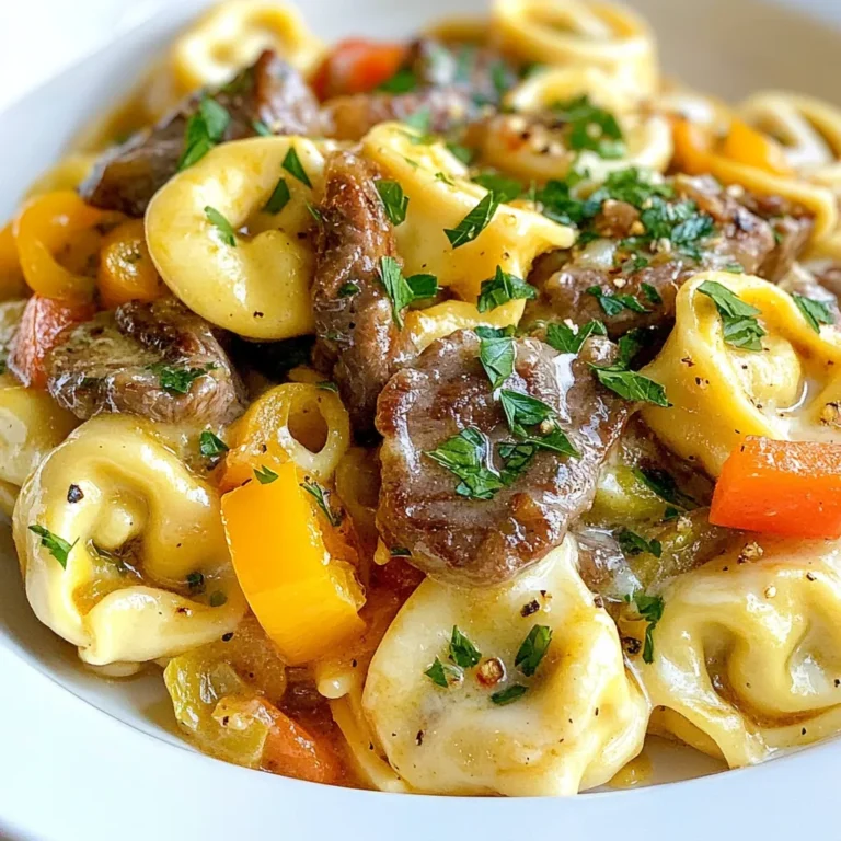 - 1 package (9 oz) cheese tortellini - 1 lb ribeye steak, thinly sliced against the grain - 1 bell pepper, sliced (red for sweetness or green for a peppery kick) - 1 medium onion, sliced - 1 cup provolone cheese, shredded - 1 cup beef broth (low-sodium recommended) - 2 tablespoons olive oil - Salt and freshly ground black pepper, to taste - Fresh parsley, chopped (for garnish) In this dish, the star is cheese tortellini. It adds a soft, cheesy bite. Ribeye steak brings a rich flavor. Choose a bell pepper based on your taste. Red peppers are sweet, while green brings a sharp flavor. The onion adds depth. Provolone cheese makes the sauce creamy and rich. Beef broth ties it all together, giving the dish a savory base. For seasoning, olive oil helps cook the steak and veggies. Salt and black pepper will enhance all the flavors. Fresh parsley not only adds color but also a fresh taste. Each ingredient works together to create a delicious meal. {{ingredient_image_2}} Start by boiling a large pot of salted water. Once the water is bubbling, add the cheese tortellini. Cook them for about 3-5 minutes, or until they float. This means they are ready! After cooking, drain the tortellini and set them aside for later. In a large skillet, heat 1 tablespoon of olive oil over medium-high heat. Season the thinly sliced ribeye steak with salt and pepper. Add the steak to the skillet in a single layer. Cook for about 3-4 minutes, stirring a bit. You want it browned but still tender. Once done, remove the steak and place it on a plate. In the same skillet, add the other tablespoon of olive oil. Once it heats, toss in the sliced onion and bell pepper. Sauté them for about 5-6 minutes until they become tender and slightly caramelized. Now, add the minced garlic and cook for one more minute. This will bring out a great flavor! Return the cooked steak to the skillet with the sautéed vegetables. Pour in the beef broth and stir everything together. Bring the mixture to a gentle simmer. Let it cook for 2-3 minutes. This allows all the flavors to blend nicely. Carefully fold the cooked tortellini into the skillet. Stir gently to coat the tortellini with the savory mixture. This step makes sure every bite is full of flavor! Lower the heat to medium-low. Sprinkle the shredded provolone cheese over the tortellini and steak mixture. Stir continuously for 2-3 minutes. You want the cheese to melt completely and create a creamy sauce. If it gets too thick, add a little more beef broth until it's just right. Taste your dish and adjust the seasoning with some extra salt or freshly ground black pepper if needed. Serve the cheesesteak tortellini hot, and don't forget to garnish with chopped parsley for a nice touch! For a lovely presentation, serve in shallow bowls. You can drizzle some extra provolone sauce on top too. Enjoy your delicious meal! To cook the tortellini just right, start with a large pot of salted water. Bring it to a rolling boil. Then add the tortellini. Watch closely as they cook for about 3-5 minutes. They are done when they float and feel soft but firm. Drain them well in a colander, then set them aside. This step ensures they keep their nice shape and texture. For the best tender steak, use ribeye and slice it thin against the grain. This cuts the muscle fibers, making it easier to chew. Heat olive oil in a hot skillet before adding the steak. Cook it in a single layer for about 3-4 minutes. Don’t overcrowd the pan; this helps it brown nicely. Remove the steak when it’s still juicy and let it rest before serving. To achieve the perfect sauce, sprinkle the provolone cheese over the steak and veggies. Stir gently until it melts into a creamy sauce. If it’s too thick, add beef broth slowly until it reaches your desired creaminess. Adjust the thickness to your taste for a smoother finish. This way, the sauce will coat every bite of tortellini perfectly. Pro Tips Choose Quality Meat: Opt for a well-marbled ribeye steak for maximum flavor and tenderness in your dish. Customize Your Veggies: Feel free to add other vegetables like mushrooms or zucchini for extra flavor and nutrition. Cheese Variety: Experiment with different cheeses such as mozzarella or a blend of cheeses for a unique twist on the sauce. Garnish Creatively: Besides parsley, consider using fresh basil or a sprinkle of red pepper flakes for added color and a hint of spice. {{image_4}} You can switch out the ribeye steak for other meats. Chicken, turkey, or pork work well too. For a quicker meal, try deli roast beef. If you want a lighter dish, grilled shrimp adds great flavor. Vegetarians can enjoy this dish by using plant-based proteins. Tofu or tempeh can easily take the place of meat. You can also use sautéed mushrooms for a hearty, meaty taste. Feel free to mix up the veggies in this dish. Zucchini and mushrooms can add depth. Spinach or arugula gives a nice, fresh touch. You can also use cherry tomatoes for a burst of sweetness. Roasted red peppers are another great choice. They bring a smoky flavor that complements the cheese sauce. Be creative and use what you have on hand! While provolone cheese is rich and creamy, you can try different cheeses too. Mozzarella melts well and gives a mild flavor. Fontina adds a strong taste and melts beautifully. For a sharp kick, consider using cheddar or gouda. Vegan cheese options are also available if you want a dairy-free version. Just choose one that melts well for the best results. Store leftovers in the fridge for up to three days. Use an airtight container to keep the dish fresh. Let the cheesesteak tortellini cool down before sealing. This prevents moisture build-up and keeps the flavors intact. When ready to eat, just take it out and enjoy! You can freeze cheesesteak tortellini for up to three months. Divide it into servings for easy thawing. Place it in freezer-safe bags or containers. Be sure to remove as much air as possible to avoid freezer burn. Label the bags with the date for quick reference. Reheat the dish on the stove for best results. Place it in a skillet over low heat. Stir gently to keep the sauce creamy. If it’s too thick, add a splash of beef broth or water. You can also use the microwave for quick reheating. Heat in short bursts, stirring in between, to ensure even warmth. Enjoy your delicious meal again! Yes, you can use frozen tortellini. Just cook it as per the package's directions. Frozen tortellini cooks quickly, usually in about 3-5 minutes. Make sure to check if it floats to know it’s done. Using frozen makes this dish a real time-saver. To make this dish gluten-free, choose gluten-free tortellini. Many brands offer great options. Always check the packaging for gluten-free labels. You can also swap out beef broth for a gluten-free variety. Keep enjoying the flavors without the gluten! This dish pairs well with a simple side salad. A fresh green salad with lemon vinaigrette can add brightness. Garlic bread is another tasty option. It helps soak up that creamy provolone sauce. You can also serve steamed vegetables for a balanced meal. To make the dish spicier, add red pepper flakes or hot sauce. You can also use a spicy bell pepper like a jalapeño. If you prefer it milder, skip the hot spices altogether. Just focus on the flavor from the provolone and the beef. This article covered the key ingredients for your dish, from cheese tortellini to ribeye steak. I shared step-by-step cooking instructions to guide you through the process. You learned tips for perfecting your tortellini and steak. I also provided helpful variations for different diets. Now you can create a delicious and satisfying meal that fits your taste. Don't hesitate to experiment with ingredients and spices. Enjoy making your next cheesesteak tortellini dish!