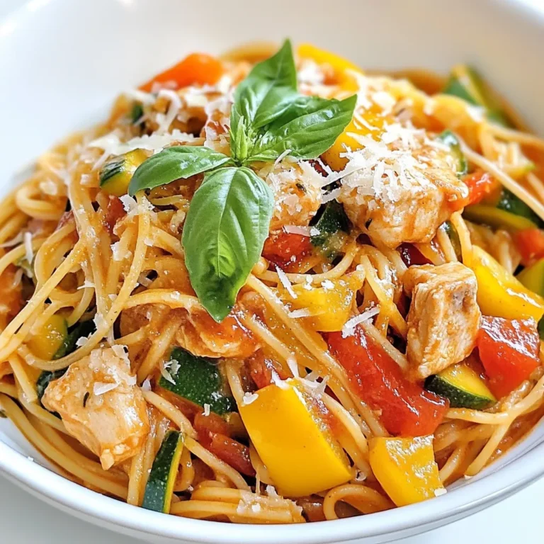 To make Chicken One-Pot Spaghetti, gather these ingredients: - 2 tablespoons extra virgin olive oil - 1 pound boneless, skinless chicken breasts, cut into bite-sized pieces - 1 medium onion, finely chopped - 4 cloves garlic, minced - 1 bell pepper (choose red or yellow for sweetness), diced - 1 medium zucchini, chopped into half-moons - 1 teaspoon dried Italian seasoning - 1/2 teaspoon red pepper flakes (modify to your heat preference) - 1 can (14.5 ounces) diced tomatoes, including their juice - 4 cups low-sodium chicken broth - 8 ounces spaghetti, broken in half for easier mixing - Salt and freshly ground black pepper to taste - Fresh basil leaves, for garnish - Grated Parmesan cheese, for serving When choosing fresh ingredients, look for these tips: - Chicken: Pick firm, pink chicken with no off smells. - Vegetables: Choose bright bell peppers and zucchini with smooth skin. - Onion and garlic: Select heavy onions and garlic with no soft spots. - Tomatoes: Use cans with no dents or bulges for best quality. - Basil: Find fresh basil with vibrant green leaves, free from brown spots. Here are some kitchen tools that will help you make this dish: - Large deep skillet or pot: Essential for cooking everything in one place. - Sharp knife: For cutting chicken and vegetables easily. - Cutting board: A safe surface for chopping. - Measuring spoons: To ensure you add the right amounts of spices. - Wooden spoon: Perfect for stirring the ingredients without scratching your pot. - Ladle: Useful for serving the pasta once it's ready. With these ingredients and tools, you are all set to create a delicious Chicken One-Pot Spaghetti! {{ingredient_image_2}} 1. Heat the oil: Start by heating the extra virgin olive oil in a large pot over medium heat. Make sure it’s hot, but not smoking. 2. Cook the chicken: Add the bite-sized chicken pieces. Season them with salt and black pepper. Cook for about 5-7 minutes until they are browned and cooked through. Once done, take the chicken out and set it aside. 3. Sauté the onions: In the same pot, add the chopped onions. Cook for about 3-4 minutes until they are soft and clear. 4. Add the veggies: Next, mix in the minced garlic, diced bell pepper, and chopped zucchini. Cook for another 3-4 minutes. This helps to soften the veggies. 5. Season the mix: Sprinkle in the dried Italian seasoning and red pepper flakes. Stir well to coat the veggies with the spices. 6. Pour in the liquids: Add the can of diced tomatoes and chicken broth. Stir well and bring it to a gentle boil. This is where the flavors start to combine. 7. Add the pasta: When the mix boils, add the broken spaghetti. Push it down into the liquid. Stir it occasionally to keep the pasta from sticking. 8. Simmer: Lower the heat to medium-low. Let it simmer for about 10-12 minutes. The spaghetti should be al dente, and most of the liquid should be absorbed. 9. Return the chicken: Add the cooked chicken back into the pot. Stir everything together. Taste and adjust with salt and pepper if needed. 10. Final touches: Remove the pot from heat. Let it sit for a few moments. This helps the dish thicken up before serving. - Prep first: Chop all your veggies and chicken before you start cooking. This saves time later. - Use a timer: Set a timer for each cooking step. This helps keep you on track. - Clean as you go: Wash pots and cutting boards while waiting. This keeps your workspace tidy. - Avoid overcooking: Cooking chicken for too long can make it dry. Keep an eye on the time. - Pasta timing: Cooking the spaghetti just right ensures it’s not mushy. Aim for al dente for the best bite. - Letting it sit: Allowing the dish to sit after cooking helps it thicken and lets flavors develop. When making Chicken One-Pot Spaghetti, avoid overcrowding the pot. This can make the chicken steam instead of brown. Brown the chicken in batches if needed. Another mistake is not seasoning each layer. Always add salt and pepper when you cook the chicken, vegetables, and broth. This gives the dish depth. To boost flavor, adjust the Italian seasoning. If you enjoy a stronger taste, add more than one teaspoon. Consider using fresh herbs like basil or oregano instead of dried. They can bring a bright flavor to your dish. You can also add a splash of lemon juice before serving. This will brighten up the entire meal. Start with a hot pot. This helps to sear the chicken and lock in juices. Stir often to prevent sticking. This is key when you add spaghetti. Keep an eye on the cooking time for the pasta. Overcooked spaghetti can ruin the dish. Finally, let the pot sit for a few minutes after cooking. This allows flavors to meld and the sauce to thicken. Pro Tips Choose the Right Pasta: Use whole grain or gluten-free spaghetti for a healthier twist that caters to dietary preferences. Vegetable Variations: Feel free to add or substitute other vegetables like spinach, mushrooms, or carrots for extra nutrition and flavor. Flavor Boost: Incorporate a splash of white wine when sautéing the vegetables to add depth to the dish. Leftover Magic: This dish stores well in the fridge, making it perfect for meal prep. Just reheat with a splash of broth to restore moisture. {{image_4}} You can easily swap some ingredients to fit your taste or what you have on hand. Here are a few ideas: - Chicken: Use turkey or shrimp instead of chicken. Both offer great flavor. - Pasta: Swap spaghetti for penne or fusilli. These shapes hold sauce well. - Broth: Vegetable broth works well if you want a lighter taste. - Tomatoes: Use fresh tomatoes or crushed tomatoes for a different texture. These changes keep the dish fun and fresh! To make this dish vegetarian or vegan, follow these steps: - Chicken Replacement: Use chickpeas or tofu. They both add protein and texture. - Broth: Use vegetable broth for a lighter base. - Cheese: Skip the Parmesan or use a vegan cheese alternative. - Zucchini: Try adding more veggies, like spinach or mushrooms, for depth. These swaps ensure you still enjoy a hearty meal without meat. For those who love heat, here are some spicy twists: - Red Pepper Flakes: Increase the amount for extra spice. Start with one teaspoon. - Chili Powder: Add a teaspoon for a smokier flavor. - Jalapeños: Mix in diced jalapeños for a fresh kick. - Hot Sauce: Drizzle your favorite hot sauce over the finished dish for heat. These options will bring your one-pot spaghetti to the next level! Store any leftover Chicken One-Pot Spaghetti in an airtight container. Make sure to let it cool down first. Place the container in the fridge. It will stay fresh for up to three days. For best taste, eat it within two days. To reheat, use a skillet on low heat. Add a splash of chicken broth or water to keep it moist. Stir often until hot. You can also microwave it. Use a microwave-safe dish and cover it to prevent drying. Heat for one minute, then stir, and heat for another minute if needed. You can freeze Chicken One-Pot Spaghetti, but it's best to separate the chicken from the pasta. Store them in separate containers. This way, the pasta won’t get mushy. When ready to eat, let it thaw in the fridge overnight. Reheat on the stove or microwave, adding a little liquid if needed. Enjoy your meal later without much fuss! The best pasta for one-pot recipes is spaghetti. It cooks well in one pot and absorbs flavor. You can also use fusilli or penne if you prefer. These shapes hold sauce nicely. Just remember to adjust the cooking time based on the pasta type. Always check the package for specific timing. Yes, you can use frozen chicken. Just make sure to thaw it first for even cooking. You can do this in the fridge overnight or use the microwave. If you add frozen chicken directly, increase the cooking time. Ensure the chicken reaches 165°F for safety. To make your dish creamier, add heavy cream or cream cheese. Stir it in after cooking the pasta. You can also use a bit of milk for a lighter option. Adding cheese, like mozzarella or ricotta, enhances creaminess too. Mix it well and enjoy that rich texture! In this article, we explored how to make Chicken One-Pot Spaghetti using fresh ingredients. I shared tips on selecting the best ingredients, essential kitchen tools, and step-by-step cooking instructions. You learned about avoiding common mistakes and enhancing flavors. I also provided variations for different diets and useful storage tips. In conclusion, this meal is easy, tasty, and versatile. Try it out and enjoy a comforting dish your whole family will love.