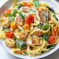 - 8 oz fettuccine or spaghetti - 2 cups chicken breast, diced - 4 tablespoons unsalted butter, divided - 6 cloves garlic, minced - 1 cup cherry tomatoes, halved - 1 cup fresh spinach leaves, tightly packed - 1/2 teaspoon red pepper flakes (optional for added heat) - Salt and freshly ground black pepper, to taste - 1/4 cup grated Parmesan cheese, plus extra for serving - Fresh basil leaves, for garnish When I cook Garlic Butter Chicken Pasta, I love using fresh ingredients. Fresh garlic gives a strong flavor. The chicken breast adds protein and is easy to cook. Butter gives the sauce a rich taste. I often use fettuccine or spaghetti. Both types hold the sauce well. I find that cherry tomatoes add sweetness. They burst and mix well with the garlic. Fresh spinach brings color and nutrients to the dish. Red pepper flakes add a kick, but I skip them sometimes. I prefer to let the other flavors shine. Always taste your food and adjust salt and pepper. For toppings, I sprinkle grated Parmesan on top. It adds a nice salty touch. Fresh basil leaves brighten the dish and look pretty. Choosing good ingredients makes a big difference in taste. {{ingredient_image_2}} - Bring salted water to a boil. - Cook fettuccine or spaghetti until al dente. - Reserve pasta water and drain. Cooking the pasta is the first step. I like to use a large pot. The salt helps flavor the pasta. Cook the pasta according to the package instructions. You want it al dente, which means firm to the bite. Remember to save some pasta water for later. - Melt 2 tablespoons of unsalted butter in a skillet. - Cook diced chicken until golden brown and fully cooked, about 6-8 minutes. - Set chicken aside. Next, heat a skillet over medium heat. Melt 2 tablespoons of unsalted butter. Add the diced chicken to the pan. Cook until golden brown, about 6 to 8 minutes. Make sure it cooks all the way through. Once done, move the chicken to a plate and set it aside. - Sauté minced garlic in remaining butter until fragrant. - Add halved cherry tomatoes and sauté until they burst. - Incorporate spinach and optional red pepper flakes. Now, let’s make the sauce. In the same skillet, add the rest of the butter. Once it melts, add minced garlic. Sauté for about one minute until it smells amazing. Then, toss in the halved cherry tomatoes. Cook them until they burst and soften. Finally, add fresh spinach and red pepper flakes if you like some heat. - Return chicken to the skillet and mix. - Add drained pasta and reserved pasta water. - Stir in grated Parmesan cheese and season to taste. It’s time to combine everything. Add the cooked chicken back to the skillet. Then, add the drained pasta and a splash of reserved pasta water. Toss everything gently with tongs. This helps the pasta soak up all the flavors. Finally, stir in grated Parmesan cheese. Taste and adjust the salt and pepper if needed. - Plate in warm bowls. - Garnish with basil leaves and extra Parmesan cheese. Serve the dish in warm bowls. This keeps it cozy and inviting. Add fresh basil leaves on top for color. You can also sprinkle extra Parmesan cheese if you want more flavor. Enjoy your garlic butter chicken pasta! To cook pasta al dente, boil a large pot of salted water. This adds flavor to your pasta. Add the fettuccine or spaghetti and stir. Follow the package time, but check it a minute early. The pasta should be firm yet tender. Save about half a cup of pasta water before draining. This water helps the sauce stick later. For chicken, season it well. Use salt and freshly ground black pepper. This will bring out the chicken's flavor. Sear the chicken until golden brown. This adds a nice crust and flavor. To adjust spice levels, add red pepper flakes. Start with a small pinch if you are unsure. You can always add more if you like heat. To add more veggies, think of options like bell peppers or zucchini. These can sauté with the tomatoes. They add color and nutrition. For a great plate, use warm bowls. This keeps the pasta hot longer. Twirl the pasta on a fork for a nice look. Garnish ideas go beyond basil. Use chopped parsley for a fresh touch. A sprinkle of extra Parmesan can make it pop. A slice of lemon on the side adds a nice color and scent. Pro Tips Tip Title: Use Fresh Ingredients: Always opt for fresh garlic, tomatoes, and spinach to enhance the flavor of your dish. Fresh ingredients make a significant difference in taste and nutrition. Tip Title: Reserve Pasta Water: Don’t forget to save some pasta water before draining! The starchy water helps to create a creamy sauce that adheres beautifully to the pasta. Tip Title: Adjust Spice Levels: If you prefer a milder dish, feel free to omit the red pepper flakes. You can also add them gradually to taste, ensuring you achieve your desired heat level. Tip Title: Perfectly Cooked Chicken: Ensure your chicken is cooked through by cutting it into small, uniform pieces. This helps in even cooking and prevents dry chicken in your pasta. {{image_4}} You can easily swap the chicken for shrimp or tofu. If you use shrimp, cook it for about 3 to 4 minutes until it turns pink. For tofu, cube it and sauté until golden brown. This change keeps the dish exciting and adds new flavors. Adjust your cook times based on the protein. Shrimp cooks fast, while tofu may need a bit longer to absorb flavors. Consider using whole wheat or gluten-free pasta for a healthier choice. Whole wheat adds fiber, while gluten-free options suit those with dietary restrictions. You can also try different shapes like penne or fusilli. These shapes hold sauce well and add a fun twist to your dish. Experimenting with pasta can truly change your meal. Adding lemon zest gives your dish a bright taste. This zing complements the garlic and butter perfectly. You can also try herbs like thyme or oregano for extra flavor. Spices like smoked paprika can deepen the taste. Mixing in different herbs or spices lets you create your own version of this delightful dish. To store leftover garlic butter chicken pasta, place it in an airtight container. Make sure to cool it to room temperature before sealing. This helps keep it fresh and safe to eat. You can keep it in the fridge for up to three days. When choosing containers, use glass or plastic ones that are safe for the fridge. This helps prevent any unwanted odors and maintains the taste. I like using clear containers so I can see what's inside. If you want to freeze portions, start by letting the pasta cool completely. Then, divide it into single servings. Place each serving in a freezer-safe container or a resealable plastic bag. This helps you grab a meal quickly later. You can freeze it for up to three months. When it’s time to reheat, avoid the microwave if you can. Instead, use a skillet over low heat. Add a splash of water or broth to keep it moist. Stir often to prevent sticking and drying out. This way, your pasta stays creamy and delicious. You can use shrimp, tofu, or turkey. Shrimp cooks quickly and adds a nice flavor. Tofu offers a great vegetarian option. If you choose turkey, pick lean ground turkey for a healthy twist. Adjust cooking times for each protein. Yes, you can! Cook the pasta and chicken in advance. Store them separately in airtight containers. This keeps the pasta from getting mushy. When ready to eat, just reheat and combine. Absolutely! Portion the pasta into containers. Add chicken and sauce to each. You can store it in the fridge for up to three days. For longer storage, freeze the portions. Just remember to leave out fresh herbs until you serve. You can add bell peppers, broccoli, or zucchini. All these veggies work well in garlic butter chicken pasta. Just sauté them with the garlic before adding chicken. This keeps them crisp and flavorful. The best way is to use a skillet. Heat it over medium heat, adding a splash of water. This helps keep the pasta moist. Stir gently until warmed through. You can also use the microwave, but add a bit of water to prevent drying. This blog post shared a simple and tasty garlic butter chicken pasta recipe. You learned about essential ingredients, like chicken, pasta, and fresh veggies. I offered tips for cooking, flavor, and presentation. You also found variations to make the dish your own. Finally, I provided storage info and answered common questions. Try this recipe next time you cook. Enjoy a delicious meal that is easy and fun!