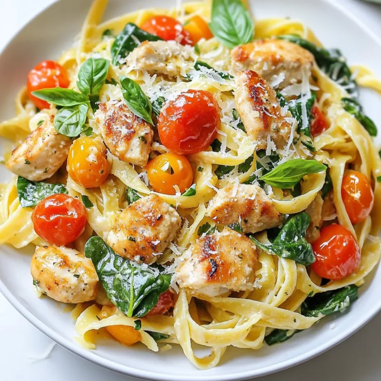 - 8 oz fettuccine or spaghetti - 2 cups chicken breast, diced - 4 tablespoons unsalted butter, divided - 6 cloves garlic, minced - 1 cup cherry tomatoes, halved - 1 cup fresh spinach leaves, tightly packed - 1/2 teaspoon red pepper flakes (optional for added heat) - Salt and freshly ground black pepper, to taste - 1/4 cup grated Parmesan cheese, plus extra for serving - Fresh basil leaves, for garnish When I cook Garlic Butter Chicken Pasta, I love using fresh ingredients. Fresh garlic gives a strong flavor. The chicken breast adds protein and is easy to cook. Butter gives the sauce a rich taste. I often use fettuccine or spaghetti. Both types hold the sauce well. I find that cherry tomatoes add sweetness. They burst and mix well with the garlic. Fresh spinach brings color and nutrients to the dish. Red pepper flakes add a kick, but I skip them sometimes. I prefer to let the other flavors shine. Always taste your food and adjust salt and pepper. For toppings, I sprinkle grated Parmesan on top. It adds a nice salty touch. Fresh basil leaves brighten the dish and look pretty. Choosing good ingredients makes a big difference in taste. {{ingredient_image_2}} - Bring salted water to a boil. - Cook fettuccine or spaghetti until al dente. - Reserve pasta water and drain. Cooking the pasta is the first step. I like to use a large pot. The salt helps flavor the pasta. Cook the pasta according to the package instructions. You want it al dente, which means firm to the bite. Remember to save some pasta water for later. - Melt 2 tablespoons of unsalted butter in a skillet. - Cook diced chicken until golden brown and fully cooked, about 6-8 minutes. - Set chicken aside. Next, heat a skillet over medium heat. Melt 2 tablespoons of unsalted butter. Add the diced chicken to the pan. Cook until golden brown, about 6 to 8 minutes. Make sure it cooks all the way through. Once done, move the chicken to a plate and set it aside. - Sauté minced garlic in remaining butter until fragrant. - Add halved cherry tomatoes and sauté until they burst. - Incorporate spinach and optional red pepper flakes. Now, let’s make the sauce. In the same skillet, add the rest of the butter. Once it melts, add minced garlic. Sauté for about one minute until it smells amazing. Then, toss in the halved cherry tomatoes. Cook them until they burst and soften. Finally, add fresh spinach and red pepper flakes if you like some heat. - Return chicken to the skillet and mix. - Add drained pasta and reserved pasta water. - Stir in grated Parmesan cheese and season to taste. It’s time to combine everything. Add the cooked chicken back to the skillet. Then, add the drained pasta and a splash of reserved pasta water. Toss everything gently with tongs. This helps the pasta soak up all the flavors. Finally, stir in grated Parmesan cheese. Taste and adjust the salt and pepper if needed. - Plate in warm bowls. - Garnish with basil leaves and extra Parmesan cheese. Serve the dish in warm bowls. This keeps it cozy and inviting. Add fresh basil leaves on top for color. You can also sprinkle extra Parmesan cheese if you want more flavor. Enjoy your garlic butter chicken pasta! To cook pasta al dente, boil a large pot of salted water. This adds flavor to your pasta. Add the fettuccine or spaghetti and stir. Follow the package time, but check it a minute early. The pasta should be firm yet tender. Save about half a cup of pasta water before draining. This water helps the sauce stick later. For chicken, season it well. Use salt and freshly ground black pepper. This will bring out the chicken's flavor. Sear the chicken until golden brown. This adds a nice crust and flavor. To adjust spice levels, add red pepper flakes. Start with a small pinch if you are unsure. You can always add more if you like heat. To add more veggies, think of options like bell peppers or zucchini. These can sauté with the tomatoes. They add color and nutrition. For a great plate, use warm bowls. This keeps the pasta hot longer. Twirl the pasta on a fork for a nice look. Garnish ideas go beyond basil. Use chopped parsley for a fresh touch. A sprinkle of extra Parmesan can make it pop. A slice of lemon on the side adds a nice color and scent. Pro Tips Tip Title: Use Fresh Ingredients: Always opt for fresh garlic, tomatoes, and spinach to enhance the flavor of your dish. Fresh ingredients make a significant difference in taste and nutrition. Tip Title: Reserve Pasta Water: Don’t forget to save some pasta water before draining! The starchy water helps to create a creamy sauce that adheres beautifully to the pasta. Tip Title: Adjust Spice Levels: If you prefer a milder dish, feel free to omit the red pepper flakes. You can also add them gradually to taste, ensuring you achieve your desired heat level. Tip Title: Perfectly Cooked Chicken: Ensure your chicken is cooked through by cutting it into small, uniform pieces. This helps in even cooking and prevents dry chicken in your pasta. {{image_4}} You can easily swap the chicken for shrimp or tofu. If you use shrimp, cook it for about 3 to 4 minutes until it turns pink. For tofu, cube it and sauté until golden brown. This change keeps the dish exciting and adds new flavors. Adjust your cook times based on the protein. Shrimp cooks fast, while tofu may need a bit longer to absorb flavors. Consider using whole wheat or gluten-free pasta for a healthier choice. Whole wheat adds fiber, while gluten-free options suit those with dietary restrictions. You can also try different shapes like penne or fusilli. These shapes hold sauce well and add a fun twist to your dish. Experimenting with pasta can truly change your meal. Adding lemon zest gives your dish a bright taste. This zing complements the garlic and butter perfectly. You can also try herbs like thyme or oregano for extra flavor. Spices like smoked paprika can deepen the taste. Mixing in different herbs or spices lets you create your own version of this delightful dish. To store leftover garlic butter chicken pasta, place it in an airtight container. Make sure to cool it to room temperature before sealing. This helps keep it fresh and safe to eat. You can keep it in the fridge for up to three days. When choosing containers, use glass or plastic ones that are safe for the fridge. This helps prevent any unwanted odors and maintains the taste. I like using clear containers so I can see what's inside. If you want to freeze portions, start by letting the pasta cool completely. Then, divide it into single servings. Place each serving in a freezer-safe container or a resealable plastic bag. This helps you grab a meal quickly later. You can freeze it for up to three months. When it’s time to reheat, avoid the microwave if you can. Instead, use a skillet over low heat. Add a splash of water or broth to keep it moist. Stir often to prevent sticking and drying out. This way, your pasta stays creamy and delicious. You can use shrimp, tofu, or turkey. Shrimp cooks quickly and adds a nice flavor. Tofu offers a great vegetarian option. If you choose turkey, pick lean ground turkey for a healthy twist. Adjust cooking times for each protein. Yes, you can! Cook the pasta and chicken in advance. Store them separately in airtight containers. This keeps the pasta from getting mushy. When ready to eat, just reheat and combine. Absolutely! Portion the pasta into containers. Add chicken and sauce to each. You can store it in the fridge for up to three days. For longer storage, freeze the portions. Just remember to leave out fresh herbs until you serve. You can add bell peppers, broccoli, or zucchini. All these veggies work well in garlic butter chicken pasta. Just sauté them with the garlic before adding chicken. This keeps them crisp and flavorful. The best way is to use a skillet. Heat it over medium heat, adding a splash of water. This helps keep the pasta moist. Stir gently until warmed through. You can also use the microwave, but add a bit of water to prevent drying. This blog post shared a simple and tasty garlic butter chicken pasta recipe. You learned about essential ingredients, like chicken, pasta, and fresh veggies. I offered tips for cooking, flavor, and presentation. You also found variations to make the dish your own. Finally, I provided storage info and answered common questions. Try this recipe next time you cook. Enjoy a delicious meal that is easy and fun!