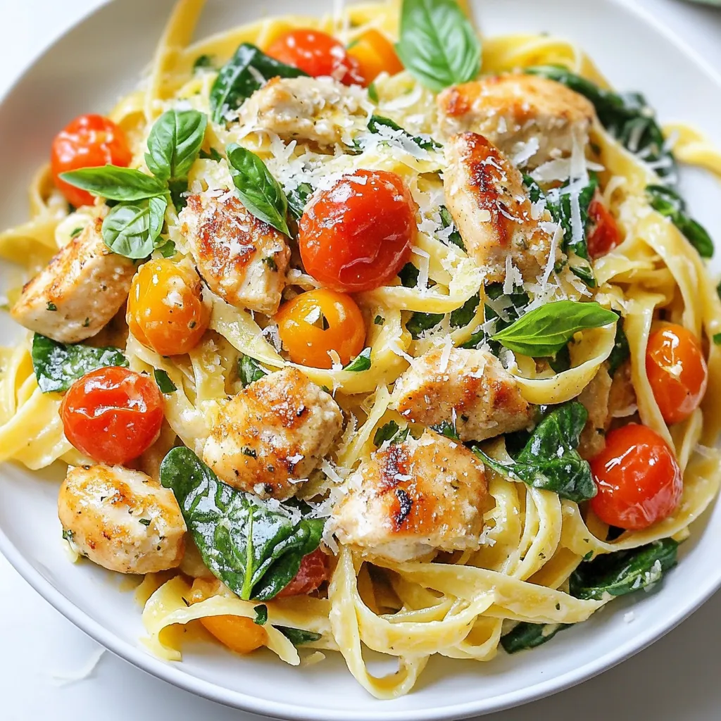 - 8 oz fettuccine or spaghetti - 2 cups chicken breast, diced - 4 tablespoons unsalted butter, divided - 6 cloves garlic, minced - 1 cup cherry tomatoes, halved - 1 cup fresh spinach leaves, tightly packed - 1/2 teaspoon red pepper flakes (optional for added heat) - Salt and freshly ground black pepper, to taste - 1/4 cup grated Parmesan cheese, plus extra for serving - Fresh basil leaves, for garnish When I cook Garlic Butter Chicken Pasta, I love using fresh ingredients. Fresh garlic gives a strong flavor. The chicken breast adds protein and is easy to cook. Butter gives the sauce a rich taste. I often use fettuccine or spaghetti. Both types hold the sauce well. I find that cherry tomatoes add sweetness. They burst and mix well with the garlic. Fresh spinach brings color and nutrients to the dish. Red pepper flakes add a kick, but I skip them sometimes. I prefer to let the other flavors shine. Always taste your food and adjust salt and pepper. For toppings, I sprinkle grated Parmesan on top. It adds a nice salty touch. Fresh basil leaves brighten the dish and look pretty. Choosing good ingredients makes a big difference in taste. {{ingredient_image_2}} - Bring salted water to a boil. - Cook fettuccine or spaghetti until al dente. - Reserve pasta water and drain. Cooking the pasta is the first step. I like to use a large pot. The salt helps flavor the pasta. Cook the pasta according to the package instructions. You want it al dente, which means firm to the bite. Remember to save some pasta water for later. - Melt 2 tablespoons of unsalted butter in a skillet. - Cook diced chicken until golden brown and fully cooked, about 6-8 minutes. - Set chicken aside. Next, heat a skillet over medium heat. Melt 2 tablespoons of unsalted butter. Add the diced chicken to the pan. Cook until golden brown, about 6 to 8 minutes. Make sure it cooks all the way through. Once done, move the chicken to a plate and set it aside. - Sauté minced garlic in remaining butter until fragrant. - Add halved cherry tomatoes and sauté until they burst. - Incorporate spinach and optional red pepper flakes. Now, let’s make the sauce. In the same skillet, add the rest of the butter. Once it melts, add minced garlic. Sauté for about one minute until it smells amazing. Then, toss in the halved cherry tomatoes. Cook them until they burst and soften. Finally, add fresh spinach and red pepper flakes if you like some heat. - Return chicken to the skillet and mix. - Add drained pasta and reserved pasta water. - Stir in grated Parmesan cheese and season to taste. It’s time to combine everything. Add the cooked chicken back to the skillet. Then, add the drained pasta and a splash of reserved pasta water. Toss everything gently with tongs. This helps the pasta soak up all the flavors. Finally, stir in grated Parmesan cheese. Taste and adjust the salt and pepper if needed. - Plate in warm bowls. - Garnish with basil leaves and extra Parmesan cheese. Serve the dish in warm bowls. This keeps it cozy and inviting. Add fresh basil leaves on top for color. You can also sprinkle extra Parmesan cheese if you want more flavor. Enjoy your garlic butter chicken pasta! To cook pasta al dente, boil a large pot of salted water. This adds flavor to your pasta. Add the fettuccine or spaghetti and stir. Follow the package time, but check it a minute early. The pasta should be firm yet tender. Save about half a cup of pasta water before draining. This water helps the sauce stick later. For chicken, season it well. Use salt and freshly ground black pepper. This will bring out the chicken's flavor. Sear the chicken until golden brown. This adds a nice crust and flavor. To adjust spice levels, add red pepper flakes. Start with a small pinch if you are unsure. You can always add more if you like heat. To add more veggies, think of options like bell peppers or zucchini. These can sauté with the tomatoes. They add color and nutrition. For a great plate, use warm bowls. This keeps the pasta hot longer. Twirl the pasta on a fork for a nice look. Garnish ideas go beyond basil. Use chopped parsley for a fresh touch. A sprinkle of extra Parmesan can make it pop. A slice of lemon on the side adds a nice color and scent. Pro Tips Tip Title: Use Fresh Ingredients: Always opt for fresh garlic, tomatoes, and spinach to enhance the flavor of your dish. Fresh ingredients make a significant difference in taste and nutrition. Tip Title: Reserve Pasta Water: Don’t forget to save some pasta water before draining! The starchy water helps to create a creamy sauce that adheres beautifully to the pasta. Tip Title: Adjust Spice Levels: If you prefer a milder dish, feel free to omit the red pepper flakes. You can also add them gradually to taste, ensuring you achieve your desired heat level. Tip Title: Perfectly Cooked Chicken: Ensure your chicken is cooked through by cutting it into small, uniform pieces. This helps in even cooking and prevents dry chicken in your pasta. {{image_4}} You can easily swap the chicken for shrimp or tofu. If you use shrimp, cook it for about 3 to 4 minutes until it turns pink. For tofu, cube it and sauté until golden brown. This change keeps the dish exciting and adds new flavors. Adjust your cook times based on the protein. Shrimp cooks fast, while tofu may need a bit longer to absorb flavors. Consider using whole wheat or gluten-free pasta for a healthier choice. Whole wheat adds fiber, while gluten-free options suit those with dietary restrictions. You can also try different shapes like penne or fusilli. These shapes hold sauce well and add a fun twist to your dish. Experimenting with pasta can truly change your meal. Adding lemon zest gives your dish a bright taste. This zing complements the garlic and butter perfectly. You can also try herbs like thyme or oregano for extra flavor. Spices like smoked paprika can deepen the taste. Mixing in different herbs or spices lets you create your own version of this delightful dish. To store leftover garlic butter chicken pasta, place it in an airtight container. Make sure to cool it to room temperature before sealing. This helps keep it fresh and safe to eat. You can keep it in the fridge for up to three days. When choosing containers, use glass or plastic ones that are safe for the fridge. This helps prevent any unwanted odors and maintains the taste. I like using clear containers so I can see what's inside. If you want to freeze portions, start by letting the pasta cool completely. Then, divide it into single servings. Place each serving in a freezer-safe container or a resealable plastic bag. This helps you grab a meal quickly later. You can freeze it for up to three months. When it’s time to reheat, avoid the microwave if you can. Instead, use a skillet over low heat. Add a splash of water or broth to keep it moist. Stir often to prevent sticking and drying out. This way, your pasta stays creamy and delicious. You can use shrimp, tofu, or turkey. Shrimp cooks quickly and adds a nice flavor. Tofu offers a great vegetarian option. If you choose turkey, pick lean ground turkey for a healthy twist. Adjust cooking times for each protein. Yes, you can! Cook the pasta and chicken in advance. Store them separately in airtight containers. This keeps the pasta from getting mushy. When ready to eat, just reheat and combine. Absolutely! Portion the pasta into containers. Add chicken and sauce to each. You can store it in the fridge for up to three days. For longer storage, freeze the portions. Just remember to leave out fresh herbs until you serve. You can add bell peppers, broccoli, or zucchini. All these veggies work well in garlic butter chicken pasta. Just sauté them with the garlic before adding chicken. This keeps them crisp and flavorful. The best way is to use a skillet. Heat it over medium heat, adding a splash of water. This helps keep the pasta moist. Stir gently until warmed through. You can also use the microwave, but add a bit of water to prevent drying. This blog post shared a simple and tasty garlic butter chicken pasta recipe. You learned about essential ingredients, like chicken, pasta, and fresh veggies. I offered tips for cooking, flavor, and presentation. You also found variations to make the dish your own. Finally, I provided storage info and answered common questions. Try this recipe next time you cook. Enjoy a delicious meal that is easy and fun!