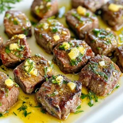 - 1 lb sirloin steak, cut into bite-sized cubes - 4 tablespoons unsalted butter, divided - 5 cloves garlic, minced - 1 teaspoon fresh rosemary, chopped (or ½ teaspoon dried) - 1 teaspoon fresh thyme, chopped (or ½ teaspoon dried) The star of this dish is the sirloin steak. It gives the bites great flavor. I prefer to cut it into cubes. This way, they cook quickly and evenly. The unsalted butter adds a rich taste and helps the garlic shine. Fresh garlic brings a strong aroma. I always use five cloves for a bold kick. Fresh herbs, like rosemary and thyme, add depth and brightness. You can use dried herbs, but fresh ones make a big difference. - Salt and freshly cracked black pepper, to taste Salt and black pepper are essential. They bring out the natural taste of the steak. I recommend seasoning the steak well before cooking. This helps the flavors blend nicely. - Fresh parsley, finely chopped Fresh parsley is my go-to for garnishing. It adds a pop of color and freshness. Just a sprinkle on top makes a beautiful finish. Plus, it complements the rich garlic butter well. {{ingredient_image_2}} - Seasoning the steak: Start by cutting 1 pound of sirloin steak into bite-sized cubes. Season these cubes well with salt and freshly cracked black pepper. This step is key to adding flavor. - Letting it sit at room temperature: Allow the seasoned steak to sit for 15 to 20 minutes. This process helps the meat become tender and enhances its flavor. - Heating the skillet: Grab a large skillet and add 2 tablespoons of unsalted butter over medium-high heat. Wait until the butter melts and sizzles. Do not let it brown. - Searing the steak bites: Once the skillet is hot, add the steak cubes in a single layer. If your pan is small, cook in batches. Sear the steak for 2 to 3 minutes until a nice brown crust forms. Flip the bites and cook for another 1 to 2 minutes for medium-rare doneness. Adjust the time for your taste. - Adding garlic and herbs: Lower the heat to medium. Move the steak bites to one side of the skillet. In the empty space, add the remaining 2 tablespoons of butter, minced garlic, chopped rosemary, and thyme. Stir this mixture for 1 to 2 minutes until the garlic is golden and fragrant. - Combining with garlic butter mixture: Gently toss the seared steak bites in the garlic herb butter until they are fully coated. Let them cook for another minute to meld the flavors. - Garnishing for presentation: Take the skillet off the heat. Transfer the steak bites to a serving platter. Sprinkle with finely chopped fresh parsley for a bright touch. This method ensures you get flavorful, juicy steak bites every time. Enjoy the aroma and taste as you serve them hot! To make the best garlic butter steak bites, you need the right cut. Sirloin steak works great because it is tender and flavorful. Other good options include ribeye or tenderloin. These cuts give you juicy bites every time. Always let the steak sit at room temperature for 15-20 minutes before cooking. This helps the meat cook evenly and stay tender. If you skip this step, the inside may stay cold while the outside cooks. A perfect sear is key to great steak bites. Use a hot skillet or frying pan. Add butter and let it melt until it sizzles. Then, add the steak in one layer. Avoid overcrowding the pan. This ensures a nice brown crust forms on each piece. For medium-rare steak bites, cook for about 2-3 minutes on one side. Then flip and cook for 1-2 more minutes. Adjust the time if you like your steak more or less done. To add more flavor, use fresh herbs like rosemary and thyme. You can also sprinkle extra salt and black pepper. These simple touches make a big difference. Keep an eye on the garlic while it cooks. You want it golden and fragrant but not burnt. Cooking times may vary based on your stove, so stay close to the pan. This will help you create a rich garlic butter sauce that coats the steak bites perfectly. Pro Tips Rest the Steak: Allow your seasoned steak cubes to rest at room temperature for 15-20 minutes before cooking. This helps the meat cook more evenly and enhances its flavor. Don’t Crowd the Pan: Sear the steak bites in batches if necessary. Overcrowding the pan can cause the meat to steam instead of sear, preventing that delicious crust from forming. Use Fresh Herbs: For the best flavor, opt for fresh herbs over dried ones. They bring a vibrant taste and aroma that complements the garlic and steak perfectly. Perfect Doneness: Use a meat thermometer to check for doneness. Aim for 130°F for medium-rare, ensuring your steak bites are juicy and tender. {{image_4}} You can use other meats besides sirloin steak. - Ribeye: This cut has more fat, making it juicy. - Filet Mignon: It is tender and melts in your mouth. - Chicken: Cut chicken breasts into bite-sized pieces for a lighter dish. - Shrimp: Use large shrimp for a seafood twist. Each option gives a new taste and texture. Adding extras can boost the flavor of your steak bites. - Cheese: Sprinkle blue cheese or cheddar on top when serving. - Spices: Try adding a pinch of cayenne or paprika for heat. - Herbs: Fresh herbs like basil or oregano can change the taste. These simple changes make the dish unique each time. Pairing your steak bites with sides can enhance your meal. - Vegetables: Serve with roasted asparagus or sautéed green beans. - Starch: Mashed potatoes or rice complement the rich flavors. - Creative Ideas: Serve on skewers or in mini taco shells for fun. These suggestions make your dish look and taste great. To keep your garlic butter steak bites fresh, you need to store them right. First, let them cool. Place the steak bites in an airtight container. They can stay in the fridge for up to three days. Make sure to layer them with parchment paper. This helps keep the bites from sticking together. If you want to keep them longer, you can freeze them. Place the cooled steak bites in a freezer-safe bag. Remove as much air as you can before sealing. They will last in the freezer for about three months. When you’re ready to enjoy them, just thaw in the fridge overnight. To reheat your steak bites for the best flavor, use a skillet. Heat the skillet over medium heat. Add a small amount of butter or oil to the pan. This helps keep the bites juicy. Then, add the steak bites and stir them gently. Heat for about 3-5 minutes. Be careful not to overcook them. Keep an eye on the color and texture. You want them warm but not tough. Enjoy your flavorful garlic butter steak bites just like they were freshly made! The best steak for garlic butter steak bites is sirloin. Sirloin is tender and flavorful. It cooks well and has a nice beefy taste. Other good options include ribeye or tenderloin. These cuts also provide a juicy bite. To achieve medium doneness, cook the steak bites for about 3-5 minutes total. Start with 2-3 minutes on one side, then flip. After flipping, cook for an additional 1-2 minutes. Use a meat thermometer for accuracy. Aim for an internal temperature of 140°F. Yes, you can prep garlic butter steak bites ahead of time. Season the steak and store it in the fridge. Cook the steak bites just before serving for the best taste. Store any leftovers in an airtight container in the fridge for up to 3 days. Garlic butter steak bites pair well with many sides. Consider serving them with: - Crusty bread for soaking up the butter - Mashed potatoes for a creamy side - Steamed vegetables for a healthy touch - A fresh salad to balance the flavors These sides will enhance your meal and complement the rich flavors of the steak bites. This post covered garlic butter steak bites, from choosing the right steak to cooking tips. You learned about key ingredients like sirloin, garlic, and fresh herbs. There are also variations for different meats and extra flavors. Plus, I shared storage and reheating tips to keep your bites tasty. Now, you have all the tools to create this delicious dish. With a few simple steps, you can impress anyone at your table. Enjoy every bite and share your experience!