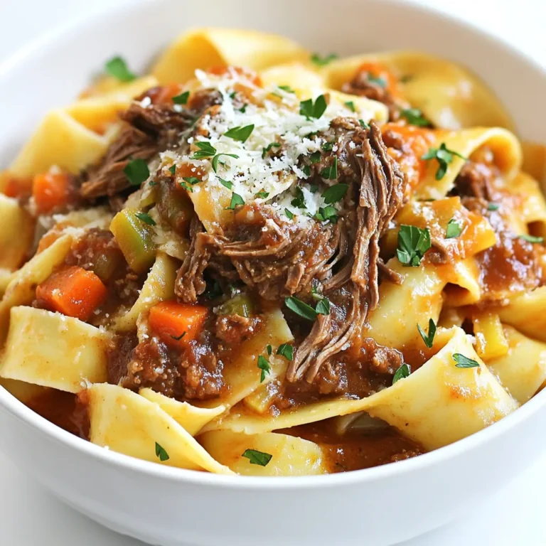 - 2 lbs beef chuck roast - 1 can (28 oz) crushed tomatoes - Dried oregano and basil - Optional red pepper flakes - Pappardelle pasta - Grated Parmesan cheese and parsley for garnish For a great beef ragu, start with quality ingredients. The beef chuck roast brings rich flavor and tenderness. You can find this cut in most grocery stores. Crushed tomatoes add depth and sweetness to the sauce. Next, we need some herbs. Dried oregano and basil give that classic Italian taste. If you like a little heat, add red pepper flakes. This is just a sprinkle to your liking. Don’t forget the pappardelle! It’s a wide pasta that holds the sauce well. You can find it fresh or dried. Finally, have grated Parmesan cheese ready for serving. Fresh parsley adds a nice touch and color to your dish. This blend of ingredients makes each bite a savory delight! First, heat 3 tablespoons of olive oil in a large skillet over medium heat. Season 2 lbs of beef chuck roast with salt and pepper. Add the beef in batches to the hot oil. Sear each chunk for 3-4 minutes until it forms a golden crust. Transfer the seared beef to the slow cooker. In the same skillet, add 1 large diced onion, 3 minced garlic cloves, 1 finely chopped carrot, and 1 finely chopped celery stalk. Sauté these for about 5 minutes, stirring often. This helps soften the veggies and brings out their flavors. Scrape up any tasty bits from the skillet. Once done, transfer the vegetables to the slow cooker. Now it's time to mix things up! In the slow cooker, add 1 can of crushed tomatoes, 2 tablespoons of tomato paste, 1 cup of beef broth, and seasonings. Use 1 tablespoon of dried oregano, 1 teaspoon of dried basil, and optional red pepper flakes for heat. Stir everything well to coat the beef in the sauce. Cover the slow cooker and set it to cook on low for 6-8 hours. This slow cooking allows the beef to become super tender. It makes shredding easy when it’s time to serve. Patience is key here! About 30 minutes before serving, boil salted water in a large pot. Add 12 oz of pappardelle pasta and cook it according to the package instructions. Aim for al dente pasta. Once cooked, drain and set aside. After the ragu has cooked, carefully uncover the slow cooker. Use two forks to shred the beef in the sauce. Make sure it remains textured. Taste the ragu and adjust the seasoning with more salt and pepper if needed. Enjoy plating the pappardelle in bowls. Top generously with the shredded beef ragu. Finish with fresh parsley and grated Parmesan cheese for added flavor. To take your beef ragu to the next level, add some fresh herbs. Fresh thyme or rosemary can make a big difference. You can also try a bay leaf during cooking for extra depth. Always taste your dish before serving. Adjust the salt and pepper to get the flavor just right. Searing the beef first is key. It locks in juices and adds rich flavor. Make sure not to overcrowd the skillet when searing. This helps the beef brown evenly. If you add too much at once, it will steam instead of sear. For a beautiful dish, serve the ragu on a nest of pappardelle. Twirl the pasta for a fancy look. Drizzle with a bit of olive oil and sprinkle with fresh parsley. A good loaf of crusty bread goes well too. It soaks up that delicious sauce and makes the meal complete. {{image_4}} You can swap beef with pork or lamb. Both meats bring a rich flavor. Pork shoulder works well, giving a nice balance. Lamb adds a unique taste, perfect for a special meal. If you want a vegetarian option, consider mushrooms or lentils. They will give you a hearty texture without meat. To boost flavors, add red wine to the sauce. A cup of dry red wine will deepen the taste. You can also mix in mushrooms or bell peppers. Sauté them with the onions for extra sweetness. This will add layers to your ragu and make it even more delicious. If you want to try different pasta, tagliatelle or fettuccine work great too. They both pair well with the sauce. For gluten-free options, look for gluten-free pappardelle. These are made from rice or corn. They taste fantastic and let everyone enjoy this dish. To keep your leftover beef ragu fresh, store it in an airtight container. This helps keep moisture in and prevents any bad smells. It is best to eat it within 3 to 4 days. If you need more time, consider freezing it instead. Freezing beef ragu is easy and a great way to save some for later. First, let the ragu cool down to room temperature. Then, pour it into a freezer-safe container. Leave a little space at the top for expansion. You can freeze it for up to 3 months. When you are ready to eat it, thaw the ragu in the fridge overnight. For a quick meal, you can also thaw it in the microwave. When it comes to reheating, the stove is best. Pour the ragu into a pot and heat it on low. Stir it often to keep it from sticking. You can also use the microwave; just heat it in short bursts, stirring in between. This helps keep the flavor and texture nice. Enjoy it warm over fresh pappardelle pasta or with crusty bread. Yes, you can cook the ragu on high. It takes about 4 to 5 hours. However, I recommend cooking on low for 6 to 8 hours. This longer time helps the beef get super tender. Cooking on low also lets the flavors mix better. If you choose high, keep an eye on the beef to ensure it doesn’t dry out. You can tell the beef is fully cooked when it is tender and shreds easily. Use two forks to pull apart the meat. If it falls apart without much effort, it is done. The internal temperature should reach around 190°F to 205°F. This is when the collagen breaks down and makes the beef juicy. Beef ragu pairs well with many sides. You can serve it with: - Crusty bread for dipping - A fresh green salad for balance - Roasted vegetables for added flavor For beverages, try a glass of red wine or sparkling water. Both complement the richness of the dish. Yes, you can make this recipe ahead of time. Prepare the ragu and store it in an airtight container. It keeps well in the fridge for up to 3 days. You can also freeze it for up to 3 months. When ready to eat, thaw it overnight in the fridge. Reheat it gently on the stove or in the microwave. This makes it easy for meal planning! This blog post covered a hearty beef ragu recipe. We explored the right ingredients, step-by-step cooking instructions, and tips to enhance the dish. I shared variations for meat and pasta, along with storage and reheating methods. With this knowledge, you can create a delicious meal that warms the soul. Enjoy cooking and experimenting with flavors, and share your tasty results with others. Happy cooking!