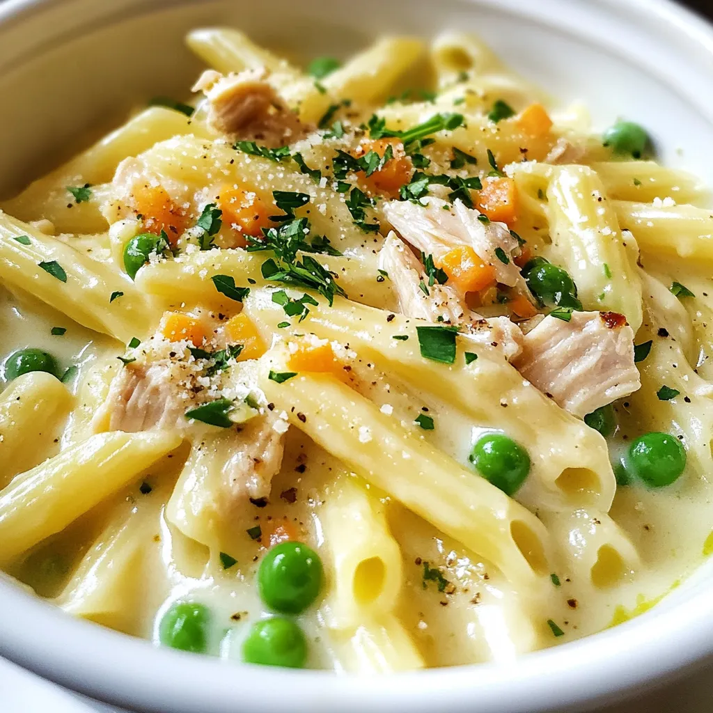 To make this comforting dish, you will need: - 8 ounces pasta (penne or fusilli is best) - 2 tablespoons extra virgin olive oil - 1 medium onion, finely diced - 2 cloves garlic, minced - 2 carrots, peeled and diced - 1 cup frozen peas - 2 cups cooked chicken, shredded - 4 cups chicken broth (low-sodium preferred) - 1 cup heavy cream - 1 teaspoon dried thyme - 1 teaspoon dried rosemary - Salt and freshly ground black pepper to taste - ½ cup freshly grated Parmesan cheese - 2 tablespoons cornstarch (optional, for thickness) - Fresh parsley, finely chopped (for garnish) You can add some extra ingredients to make the dish more special: - Mushrooms for earthiness - Celery for crunch - A splash of white wine for depth - Lemon zest for brightness - Different herbs like basil or oregano for variety Don’t worry if you don’t have everything on hand. Here are some easy swaps: - Use any small pasta if you don't have penne or fusilli. - Swap heavy cream with half-and-half for a lighter sauce. - Cooked turkey can replace chicken for a different taste. - Vegetable broth can work well for a vegetarian version. - Nutritional yeast can replace Parmesan for a dairy-free option. These choices keep the dish flexible and fun! {{ingredient_image_2}} Start by boiling water in a large pot. Add a generous amount of salt. When the water reaches a rolling boil, add 8 ounces of your chosen pasta. I recommend penne or fusilli for this dish. Cook the pasta according to the package instructions until it is al dente. This usually takes about 8 to 10 minutes. Drain the pasta in a colander and set it aside. You want it ready for the creamy sauce. In a large skillet, heat 2 tablespoons of extra virgin olive oil over medium heat. Add 1 medium onion, finely diced, and sauté for 3 to 4 minutes. The onion should become translucent and soft. Next, add 2 cloves of minced garlic and 2 diced carrots. Cook this mixture for about 3 more minutes. The carrots should begin to soften. This step builds a tasty base for your dish. Now, it’s time for the sauce. To the skillet, add 4 cups of low-sodium chicken broth and 1 cup of heavy cream. Season with 1 teaspoon of dried thyme, 1 teaspoon of dried rosemary, salt, and freshly ground black pepper to taste. Stir the mixture well and bring it to a gentle simmer. Let it cook for 5 to 10 minutes. This allows the flavors to meld and the sauce to thicken slightly. If you want a thicker sauce, mix 2 tablespoons of cornstarch with 2 tablespoons of water. Stir this slurry into the sauce until it thickens to your liking. After that, add the cooked chicken and 1 cup of frozen peas. Stir gently until everything is warm and fragrant. Finally, add the drained pasta to the skillet. Toss it all together until the pasta is well coated with the creamy sauce. You’re just about ready to serve this comforting meal! To get that rich and creamy sauce, start with heavy cream. This adds a nice thickness. If you want it even thicker, use cornstarch. Mix two tablespoons of cornstarch with water to make a slurry. Add it to the sauce while simmering. Stir until it thickens up nicely. Simmering the sauce for 5-10 minutes lets the flavors blend well. Keep an eye on it so it doesn’t burn. You can boost the flavor in many ways. Fresh herbs like thyme or rosemary work great. You can also add garlic powder or onion powder for extra taste. For a kick, try a dash of hot sauce. If you like it tangy, a splash of lemon juice brightens the dish. Always taste and adjust the seasoning with salt and pepper. This makes sure every bite is flavorful. To make cooking easier, prep your ingredients first. Chop vegetables and shred the chicken ahead of time. This saves you time when you start cooking. When boiling the pasta, use a large pot and add plenty of salt. This helps the pasta flavor. While the pasta cooks, you can sauté the vegetables. This way, everything comes together quickly. Aim to have the pasta ready just as your sauce is done. This keeps your dish fresh and hot. Pro Tips Choose the Right Pasta: Opt for pasta shapes like penne or fusilli that hold onto the creamy sauce, ensuring each bite is full of flavor. Season the Broth: Use low-sodium chicken broth to control the saltiness of the dish, allowing you to adjust seasoning to your taste without overpowering the flavors. Make it Extra Creamy: For a richer sauce, consider adding a sprinkle of cream cheese or a dollop of sour cream along with the heavy cream. Garnish for Freshness: Always finish with a sprinkle of fresh herbs like parsley, as they not only add color but also enhance the overall flavor profile of the dish. {{image_4}} If you want a vegetarian twist, swap the chicken for hearty veggies. Use a mix of mushrooms, zucchini, and bell peppers. They add great flavor and texture. Replace chicken broth with vegetable broth for a full flavor. You can also add chickpeas for protein. This keeps the dish filling and satisfying. Do you love spicy food? You can easily add heat to your Chicken Pot Pie Pasta. Try adding red pepper flakes or diced jalapeños. Start with a small amount and taste as you go. This way, you control the spice level. You can also use a spicy sausage if you want more depth in flavor. For a gluten-free option, choose gluten-free pasta. Many brands offer great choices that taste just as good. Check labels for gluten-free chicken broth too. Use cornstarch to thicken your sauce without wheat flour. Enjoy this comforting dish without gluten, while still keeping all the rich flavors. To store Chicken Pot Pie Pasta, let it cool first. Place it in an airtight container. It will stay fresh for up to three days in the fridge. Label the container with the date for easy tracking. When ready to eat, just take out what you need. Yes, you can freeze Chicken Pot Pie Pasta! After it cools, transfer it to a freezer-safe container. It can last up to two months in the freezer. To avoid freezer burn, make sure to seal it tightly. When you’re ready to enjoy, thaw it overnight in the fridge. Reheat Chicken Pot Pie Pasta gently. Use a skillet over low heat for the best results. Stir in a splash of chicken broth or cream to keep it creamy. If using a microwave, heat in short bursts. Stir in between to ensure even heating. Enjoy it warm and comforting! Yes, you can use rotisserie chicken. It saves time and adds flavor. Just shred the meat into bite-sized pieces. This makes cooking quick and easy for busy nights. Plus, it gives you that home-cooked taste without the fuss. You can serve Chicken Pot Pie Pasta with several sides. Here are some great options: - Warm biscuits: They add a nice touch and are great for dipping. - Simple green salad: A fresh salad balances the rich pasta. - Steamed veggies: Broccoli or green beans work well. - Garlic bread: This is always a crowd-pleaser. These sides complement the creamy pasta and enhance the meal. To make Chicken Pot Pie Pasta dairy-free, swap the heavy cream for coconut milk or a dairy-free cream. Use nutritional yeast instead of Parmesan cheese for a cheesy flavor. You can also check labels on chicken broth to ensure it’s dairy-free. This way, everyone can enjoy this comfort meal! This article explored the tasty world of Chicken Pot Pie Pasta. We covered key ingredients, cooking steps, and tips to get the best flavor. I shared options for vegetarians and those needing gluten-free choices. Proper storage and reheating methods keep your dish fresh and yummy. Lastly, I answered common questions to help you along the way. Enjoy making this dish that is warm, filling, and sure to please!