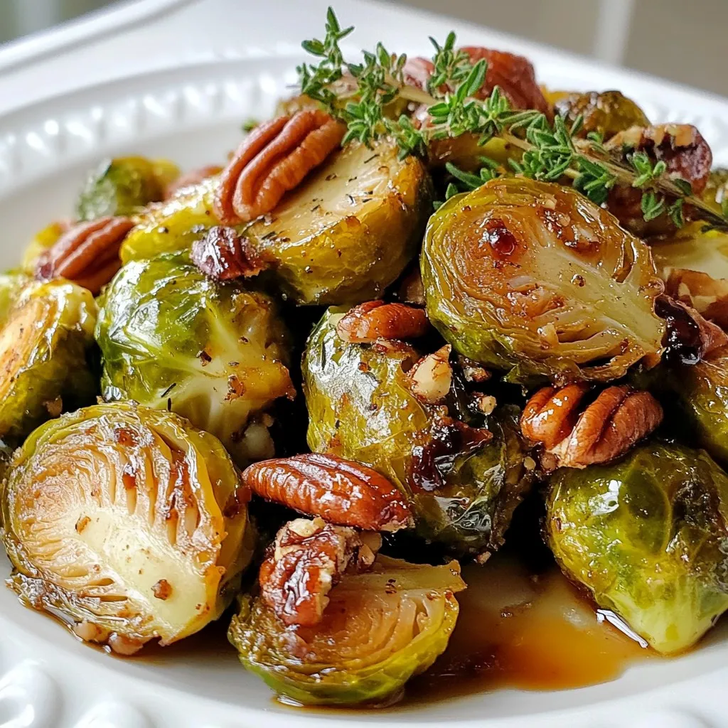 - 1 lb Brussels sprouts, trimmed and halved - 3 tablespoons extra virgin olive oil - ¼ cup pure maple syrup - 2 tablespoons aged balsamic vinegar I love using fresh Brussels sprouts. They have a nice crunch and flavor. The olive oil helps them roast perfectly. The pure maple syrup adds a sweet touch. Aged balsamic vinegar gives a tangy depth that balances the dish. - 2 cloves garlic, finely minced - Sea salt and freshly cracked black pepper, to taste - ¼ cup pecans, roughly chopped (optional for added crunch) - Fresh thyme leaves, for an aromatic garnish Garlic brings out the taste of the Brussels sprouts. Sea salt and black pepper add just the right kick. If you want a nice crunch, toss in some pecans. Fresh thyme leaves make the dish smell great and look pretty. {{ingredient_image_2}} 1. Preheat your oven to 400°F (200°C). This step helps the Brussels sprouts cook well. 2. In a bowl, add the halved Brussels sprouts. Pour in 3 tablespoons of extra virgin olive oil. 3. Add 2 cloves of minced garlic, a sprinkle of sea salt, and some black pepper. Toss to coat all the sprouts. 4. Place the Brussels sprouts on a baking sheet lined with parchment paper. Spread them out in one layer for even roasting. 5. Roast for 20-25 minutes. Stir halfway through to ensure they brown nicely. 1. While your sprouts roast, grab a small saucepan. Add ¼ cup of pure maple syrup and 2 tablespoons of aged balsamic vinegar. 2. Heat the mixture over medium heat until it simmers gently. Cook for 3-4 minutes, or until it thickens a bit. 1. When the Brussels sprouts are ready, take them out of the oven. Drizzle the warm maple glaze over them. Toss gently to coat each sprout. 2. If you like pecans, sprinkle ¼ cup of chopped pecans on top. Return the baking sheet to the oven for 5 more minutes. This toasts the nuts. 3. After baking, add fresh thyme leaves as a garnish. This adds a nice touch before serving. - Ensuring even roasting: To get that nice golden color, spread the Brussels sprouts in a single layer. This way, they roast evenly. Stir them halfway through cooking to help them brown all around. - Adjusting seasoning to taste: After tossing your Brussels sprouts in olive oil, garlic, salt, and pepper, taste a piece. If you want more flavor, add a pinch of salt or pepper. Trust your taste buds! - Adding additional spices: If you want to spice things up, try adding a pinch of red pepper flakes or a sprinkle of smoked paprika. These spices add depth and warmth to your dish. - Using different vinegars or syrups: Feel free to switch it up! Instead of balsamic vinegar, you can use apple cider vinegar for a tangy twist. You could also mix in some honey with the maple syrup for extra sweetness. Pro Tips Use Fresh Brussels Sprouts: Look for firm, bright green Brussels sprouts that are tightly closed for the best flavor and texture. Don't Overcrowd the Pan: Give each Brussels sprout space on the baking sheet to ensure they roast evenly and develop a nice crispy exterior. Adjust Sweetness to Taste: Feel free to modify the amount of maple syrup based on your desired level of sweetness; some may prefer a more savory flavor. Experiment with Glaze Variations: Try adding a splash of soy sauce or a pinch of red pepper flakes to the glaze for an extra kick of flavor. {{image_4}} You can easily change the taste of your maple glazed Brussels sprouts. Here are two ideas: - Maple mustard glaze: Mix ¼ cup of pure maple syrup with 1 tablespoon of Dijon mustard. This adds a nice tang to the sweet flavor. - Sweet and spicy version: Add a pinch of cayenne pepper to the maple glaze. This gives it a warm kick that balances the sweetness. You can also adapt this dish for different diets: - Vegan and vegetarian options: The recipe is naturally vegan. Just use pure maple syrup and olive oil. - Nut-free alternatives: If you need to avoid nuts, skip the pecans. You can add crispy chickpeas for crunch instead. These variations let you enjoy this dish in new ways while keeping it simple and tasty. To keep your maple glazed Brussels sprouts fresh, store them in the fridge. Place leftovers in an airtight container. They will stay good for about 3 to 5 days. This method keeps them from drying out. If you want to freeze them, let the sprouts cool first. Then, put them in a freezer-safe bag. They can last for up to 3 months in the freezer. Remember to squeeze out as much air as possible. This helps prevent freezer burn. To reheat, place the sprouts in a pan over medium heat. Add a splash of olive oil to keep them moist. Stir them gently until heated through, about 5 to 7 minutes. This method keeps the flavor and texture nice. You can also use the oven. Preheat it to 350°F (175°C). Spread the sprouts on a baking sheet and heat for about 10 minutes. If you have extra sprouts, think about adding them to other dishes. Toss them into a salad for a sweet crunch. You can also mix them into a grain bowl or pasta. This adds flavor and makes your meal more exciting. How do I know when Brussels sprouts are done? You can tell Brussels sprouts are done when they turn golden brown. They should be crispy on the outside and tender inside. Check them after 20-25 minutes of roasting. Stir them halfway to ensure even cooking. Can I make the glaze ahead of time? Yes, you can make the glaze ahead of time. Simply simmer the maple syrup and balsamic vinegar, then let it cool. Store it in the fridge. When ready to use, warm it gently before drizzling over the sprouts. What can I serve with maple glazed Brussels sprouts? Maple glazed Brussels sprouts pair well with roasted meats, like chicken or pork. They also complement grains, such as quinoa or rice. Add them to a salad for extra flavor and crunch. Can I use frozen Brussels sprouts? Yes, you can use frozen Brussels sprouts. However, they may not crisp up as well as fresh ones. Thaw them first and pat them dry to remove excess moisture. This helps them roast better. How do I prevent Brussels sprouts from getting mushy? To prevent mushy Brussels sprouts, avoid overcooking them. Roast at a high temperature and space them out on the baking sheet. This allows hot air to circulate, keeping them crisp. Maple glazed Brussels sprouts are a simple yet delicious dish. We explored key ingredients, from Brussels sprouts to pure maple syrup. I shared step-by-step instructions for perfect roasting. We also covered tips for enhancing flavor and creative variations, ensuring everyone finds a version they love. Remember, cooking is about experimenting. Use these methods to make it your own. Enjoy every bite of your new favorite dish!