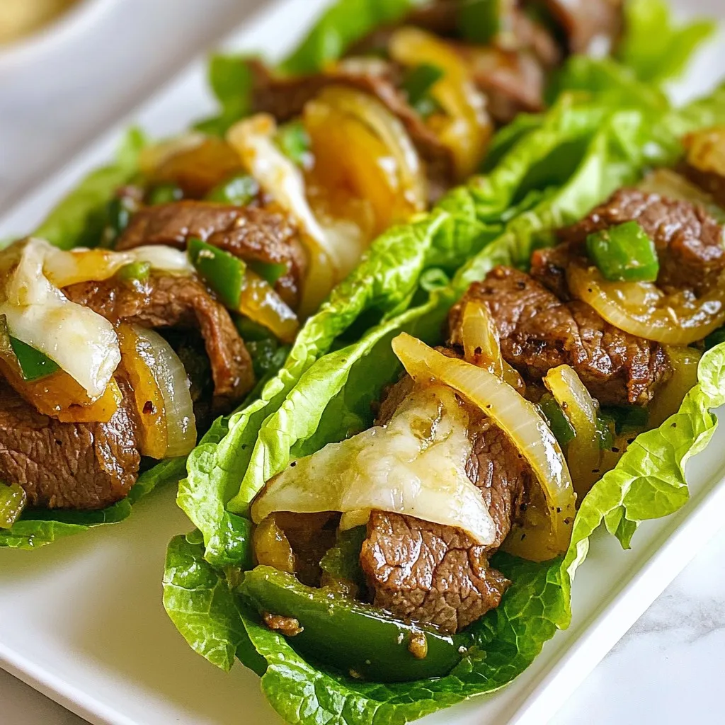 - 1 lb thinly sliced ribeye steak - 1 tablespoon olive oil - 1 medium onion, thinly sliced - 1 medium green bell pepper, thinly sliced - 6 oz provolone cheese slices - 6 large lettuce leaves (romaine or iceberg) - 1 teaspoon garlic powder - Salt and pepper to taste - Optional: Hot sauce for serving You need fresh ingredients for these Keto Philly Cheesesteak Roll Ups. Start with one pound of ribeye steak, cut very thin. This cut gives a rich flavor. You will also need one tablespoon of olive oil. This oil helps to cook the steak and veggies well. Next, grab one medium onion and one green bell pepper. Slice them thin for easy cooking. The onion adds sweetness, and the pepper adds crunch. You will need six ounces of provolone cheese. This cheese melts beautifully and gives a rich taste. For the wrap, use six large lettuce leaves. Romaine or iceberg works best. These leaves hold the filling well and keep it fresh. Don't forget the seasonings! Use one teaspoon of garlic powder. Salt and pepper will enhance all the flavors. If you like heat, add some hot sauce when serving. It adds a nice kick! {{ingredient_image_2}} - Heat 1 tablespoon of olive oil in a large skillet over medium heat. - Add 1 medium onion and 1 medium green bell pepper, both thinly sliced. Sauté these for about 5-7 minutes. Stir occasionally until they soften and caramelize a bit. This brings out their sweet flavors. - Push the veggies to one side of the skillet. - On the other side, add 1 lb of thinly sliced ribeye steak. Season it with 1 teaspoon of garlic powder, salt, and pepper to taste. - Cook the steak for about 3-4 minutes. Stir it occasionally until it turns brown and is cooked to how you like it. - Mix the steak with the sautéed vegetables. This blends the flavors nicely. Remove the skillet from the heat. - Lay out 6 large lettuce leaves on a clean surface. - Place 2 slices of provolone cheese on each leaf. Make sure there’s enough space to hold the filling. - Spoon the steak and vegetable mix onto the cheese in each lettuce leaf. - Starting from one end, roll the leaf tightly around the filling. Make sure to enclose everything well. - Repeat until all the filling is used. - Optionally, secure each roll with a toothpick for easy serving. You can also drizzle hot sauce on top for a spicy kick. To make your steak shine, start with good seasoning. Use salt and pepper to bring out the meat's natural taste. Add garlic powder for a boost of flavor. Mix these seasonings well into the ribeye before cooking. For cooking times, aim for about 3-4 minutes for medium doneness. If you like it rare, cook for about 2-3 minutes. If you prefer it well done, extend the time to about 5 minutes. Always check that the steak is brown and cooked through. When you use lettuce leaves, choose larger ones. They hold everything better. To avoid tearing, use fresh leaves. If they are too cold, let them warm slightly at room temperature. For a neat finish, roll tightly from one end. Keep the filling inside as you roll. Use toothpicks to hold the rolls together. This keeps your roll-ups looking great on the plate. Pro Tips Choose the Right Steak: For the best flavor and tenderness, opt for ribeye steak as it has the perfect fat content that enhances the dish. Maintain Heat Control: Be sure to keep the skillet at medium heat to prevent burning the vegetables while allowing them to caramelize beautifully. Use Fresh Ingredients: Fresh lettuce and quality provolone cheese will elevate the taste and texture of your roll-ups, making them more enjoyable. Experiment with Toppings: Feel free to add toppings like sautéed mushrooms or jalapeños for extra flavor and a kick of heat in your roll-ups. {{image_4}} You can change the protein in this recipe. Try using chicken or turkey instead of ribeye. Both options keep the dish light and tasty. They also fit well with the keto diet. For cheese, you can switch provolone for mozzarella or even cheddar. Each cheese brings a different flavor. Choose what you enjoy most or what you have on hand. To boost the flavor, add sautéed mushrooms or spicy peppers. Mushrooms add a nice umami taste. Spicy peppers bring heat and zest. You can use jalapeños or banana peppers for a kick. You can also mix in different spices or condiments. Try adding paprika or onion powder for extra depth. A splash of Worcestershire sauce can add a savory note, too. Feel free to experiment and find your favorite combinations! To store Keto Philly Cheesesteak Roll Ups, place them in an airtight container. This keeps them fresh. You can keep them in the fridge for up to three days. If you want to save them longer, consider freezing them. They will stay good for about one month in the freezer. When you are ready to eat your leftovers, use the oven or an air fryer. Preheat the oven to 350°F (175°C). Place the roll-ups on a baking sheet. Heat them for about 10 minutes. This method helps keep them crunchy. If you use an air fryer, set it to 350°F (175°C) and cook for 5-7 minutes. Always check that they are warm throughout before serving. Keto Philly Cheesesteak Roll Ups are low in carbs. Each roll-up has about 3 grams of carbs. This makes them perfect for a keto diet. The main ingredients are ribeye steak and cheese, which have very few carbs. The lettuce also adds minimal carbs. If you track your carb intake, these roll-ups fit well into your plan. Yes, you can make these roll-ups ahead of time. Prepare the steak and veggies in advance. Store them in the fridge for up to three days. When you are ready to eat, just assemble the roll-ups. This saves time on busy days. For the best taste, keep the filling and lettuce separate until serving. Pair these roll-ups with a fresh salad or veggie sticks. A simple cucumber salad works great. You can also serve them with a low-carb dip. If you want something warm, try roasted cauliflower. These sides add color and nutrients to your meal. Enjoy your roll-ups with your favorite keto-friendly options! This blog post covered how to make Keto Philly Cheesesteak Roll Ups. You learned about the key ingredients, step-by-step cooking instructions, and useful tips for flavor and assembly. Knowing how to store and reheat leftovers also helps you enjoy them later. Try different proteins and cheeses for your roll ups. With easy swaps, you can customize this dish to your taste. Enjoy these delicious roll ups with your favorite sides for a full meal. Happy cooking!