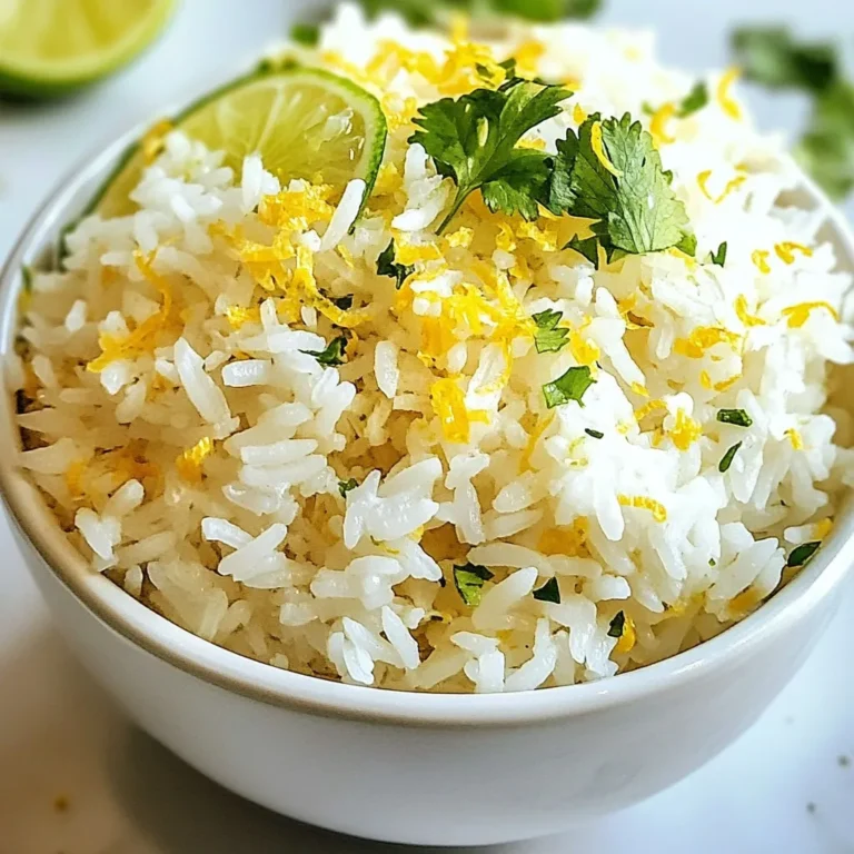 To make Coconut Lime Rice, you need just a few key ingredients: - 1 cup jasmine rice - 1 cup coconut milk - 1/2 cup water - Zest of 1 lime - Juice of 1 lime - 1 tablespoon granulated sugar - 1/2 teaspoon fine sea salt These ingredients work together to create a creamy and zesty dish. Jasmine rice gives a nice flavor and texture. Coconut milk adds creaminess, while lime brings brightness. You can make your Coconut Lime Rice even better with simple garnishes: - Fresh cilantro leaves Cilantro adds a fresh taste and color. You can also try adding chopped green onions or a sprinkle of toasted coconut for extra flair. Choosing great ingredients makes a big difference. Here are some tips: - Jasmine Rice: Look for a good brand with a nice aroma. - Coconut Milk: Choose full-fat coconut milk for creaminess. Check the can for no added sugars or preservatives. - Lime: Pick limes that feel heavy for their size; they have more juice. Using high-quality ingredients will boost the flavor of your Coconut Lime Rice. {{ingredient_image_2}} First, rinse the jasmine rice. Use a fine mesh strainer and run cold water over it. Swirl the rice gently until the water runs clear. This step is key to removing excess starch. It helps make the rice fluffy. Once rinsed, drain the rice well to get rid of any water. Next, grab a medium-sized saucepan. Combine the drained rice, coconut milk, and water in the pan. Add the zest of one lime, granulated sugar, and fine sea salt. Stir everything well to mix the ingredients. Place the saucepan over medium-high heat and let it come to a gentle boil. Watch closely to prevent it from bubbling over. When it reaches a boil, cover the pan tightly with a lid. Lower the heat to keep a gentle simmer. Let it cook for about 15 minutes. This time allows the rice to absorb all the liquid and become tender. Don’t lift the lid during cooking. The steam helps cook the rice evenly. After 15 minutes, take the saucepan off the heat. Keep the lid on and let it sit for 5 minutes. This resting time makes the rice fluffier. After resting, take a fork and fluff the rice gently. Pour in the fresh lime juice and fold it into the rice. Mix it well to ensure even flavor. Taste your coconut lime rice. If it needs more flavor, add a pinch of salt or sugar. Serve it warm on plates or in a bowl. For a nice touch, garnish with fresh cilantro leaves if you like. Enjoy your delicious coconut lime rice! To make fluffy coconut lime rice, rinse the jasmine rice well. This removes excess starch and helps keep the grains separate. Rinse until the water runs clear. After rinsing, drain the rice thoroughly. This step is key for a light texture. When you cook the rice, avoid lifting the lid. This keeps steam inside, which is vital for fluffy rice. To boost the flavor, use fresh lime juice and lime zest. They add a bright taste that pairs well with coconut. You can also try adding fresh herbs like cilantro for a fresh twist. If you want a hint of sweetness, a little extra sugar works wonders. For a richer coconut flavor, opt for full-fat coconut milk instead of light. One mistake is boiling the rice too fast. Always start with medium-high heat, then lower it. This helps prevent burning. Another pitfall is lifting the lid during cooking. Each time you lift it, steam escapes, making the rice soggy. Lastly, don’t skip the resting time after cooking. Letting it sit allows the rice to finish cooking and improves the texture. Pro Tips Rinse Your Rice: Always rinse jasmine rice under cold water until the water runs clear. This removes excess starch and prevents the rice from becoming gummy, ensuring a light and fluffy texture. Monitor the Heat: When bringing the coconut milk mixture to a boil, watch it closely to prevent overflow. Once it boils, immediately reduce the heat to low to maintain a gentle simmer. Don't Lift the Lid: Avoid lifting the lid during cooking and resting. This keeps the steam trapped inside, which is crucial for perfectly cooked rice. Adjust to Taste: After adding lime juice, taste the rice and adjust the seasoning. Adding a pinch of salt or sugar can enhance the flavors based on your preference. {{image_4}} You can easily add veggies to your coconut lime rice. Try bell peppers, peas, or corn. Start by sautéing your chosen vegetables in a pan. When they are tender, mix them into the rice before serving. This adds color and nutrition. You can also use leafy greens like spinach. Just stir them in right before serving for a fresh touch. If you enjoy heat, spice up your coconut lime rice. Add chopped jalapeños or a dash of chili flakes. Mix them in with the rice while it cooks. This will give your dish a nice kick. You can also serve it with spicy sauces or salsas on the side. This way, everyone can adjust the heat to their liking. Nuts can add a great crunch to your rice. Try cashews or slivered almonds. Toast the nuts in a dry pan until golden. Then, fold them into the rice after it's cooked. This adds texture and a nutty flavor. You can also sprinkle some on top for a pretty finish. This variation makes your dish even more satisfying. To store leftover coconut lime rice, let it cool to room temperature first. Then, place it in an airtight container. This helps keep moisture in and prevents drying out. Make sure to store it in the fridge. It will stay fresh for up to four days. Avoid leaving it out for more than two hours. Food safety is key! Reheat your rice in a microwave or on the stove. If using the microwave, put the rice in a bowl. Add a splash of water to keep it moist. Cover the bowl with a microwave-safe lid or wrap. Heat it for about one to two minutes. Stir halfway through to ensure even heating. On the stove, add rice to a pan with a bit of water. Heat on low, stirring often until warm. Freezing is a great option if you want to save more rice. Place it in a freezer-safe container or bag. Make sure to press out all the air before sealing. This helps prevent freezer burn. Coconut lime rice can last up to three months in the freezer. To use, simply thaw it overnight in the fridge. Then reheat using the methods above. Enjoy your tasty rice anytime! Yes, you can use brown rice instead of jasmine rice. Brown rice has a nutty flavor and is more nutritious. However, cooking times will change. You need more water and longer cooking time. For brown rice, try 1 cup of brown rice to 1 1/4 cups of water and coconut milk. Brown rice usually takes about 40-45 minutes to cook. Remember to adjust the liquid and cooking time to get it just right. To make this recipe vegan, simply ensure that your sugar is vegan-friendly. Some sugars are processed with bone char. Using coconut milk is already a good start, as it is plant-based. You can also add more veggies for extra flavor and texture. Try adding peas or bell peppers for a colorful twist. This keeps your dish exciting and full of flavor while remaining vegan. Coconut lime rice pairs well with many dishes. It complements spicy curries beautifully, especially Thai or Indian dishes. Grilled fish or chicken also works great with this rice. For a lighter meal, serve it with fresh salads. You can even use it as a base for grain bowls. This rice adds a tropical flair to any meal, making it a versatile side dish. We explored the magic of coconut lime rice, from choosing the best ingredients to cooking it perfectly. I shared tips for fluffy rice and fun variations that keep it fresh. Remember to store leftovers properly and reheat them to enjoy later. With this guide, you can make delicious coconut lime rice every time. Enjoy this dish that brightens meals and impresses your family and friends!