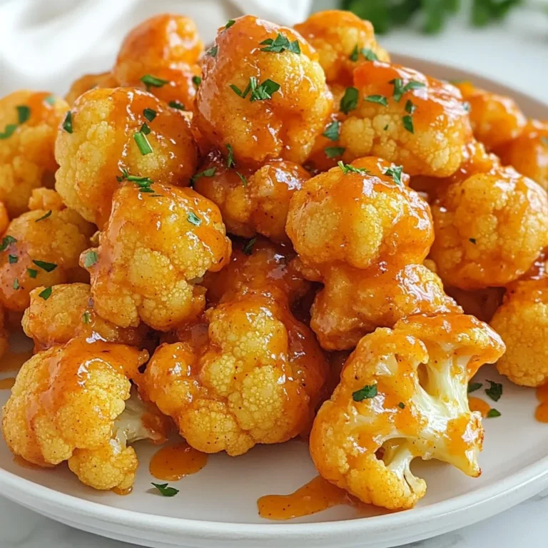 To make these tasty Keto Buffalo Cauliflower Bites, gather these items: - 1 medium head of cauliflower, cut into bite-sized florets - 1/2 cup almond flour - 1/2 teaspoon garlic powder - 1/2 teaspoon onion powder - 1/2 teaspoon smoked paprika - 1/4 teaspoon salt - 1/4 teaspoon black pepper - 1/4 cup unsalted butter, melted - 1/2 cup buffalo sauce (like Frank's RedHot) - Fresh parsley, finely chopped (for garnish) These ingredients create a crunchy and spicy snack that fits your keto diet. Each serving, which is about a quarter of the recipe, provides important nutrition. Here is a quick breakdown: - Calories: 150 - Protein: 4g - Fat: 12g - Carbohydrates: 6g - Fiber: 3g These bites are low in carbs, making them great for keto eaters. You can swap some ingredients if you want. Here are a few ideas: - Almond flour: Use coconut flour, but reduce the amount to 1/4 cup. - Buffalo sauce: Try a sugar-free barbecue sauce for a different flavor. - Unsalted butter: Use olive oil or coconut oil for a dairy-free option. These swaps keep the dish tasty while meeting your dietary needs. {{ingredient_image_2}} Start by preheating your oven to 450°F (230°C). This high heat helps make the bites crispy. Next, take one medium head of cauliflower and cut it into bite-sized florets. Make sure the pieces are similar in size for even cooking. Place the florets in a bowl and set them aside. In a large mixing bowl, combine 1/2 cup of almond flour, 1/2 teaspoon of garlic powder, 1/2 teaspoon of onion powder, 1/2 teaspoon of smoked paprika, 1/4 teaspoon of salt, and 1/4 teaspoon of black pepper. Whisk these dry ingredients together well. In another bowl, mix 1/4 cup of melted unsalted butter with 1/2 cup of buffalo sauce. Stir until it is smooth and blended. Dip each cauliflower floret into the buffalo sauce mixture. Let any extra sauce drip off. Then, roll it in the almond flour mixture. Press gently to help the coating stick well. Place each coated floret on a lined baking sheet in a single layer. Make sure they are spaced apart for even cooking. Bake in the oven for 25-30 minutes. Flip the bites halfway through to ensure they crisp evenly. Once baked, you can toss them in more buffalo sauce if you want extra flavor. Finally, sprinkle finely chopped parsley on top before serving. To get crispy bites, start with dry cauliflower. After cutting the florets, pat them dry with a towel. This helps them crisp up in the oven. When you coat the florets, make sure you press the almond flour mixture onto the cauliflower. This step is key for a crunchy outer layer. Space the bites apart on the baking sheet. This allows hot air to circulate freely, making every bite crispy. Flip them halfway through baking to ensure even browning. You can boost the flavor of your bites in a few easy ways. Adding extra spices, like cayenne pepper or Italian seasoning, can give them a tasty twist. You might also blend in some Parmesan cheese with the almond flour for a richer taste. If you love heat, toss the finished bites in more buffalo sauce before serving. This extra step really amps up the flavor. Serve these bites on a vibrant platter. Use fresh greens as a base for color. A small bowl of extra buffalo sauce on the side is perfect for dipping. You can also pair these bites with ranch or blue cheese dressing for a creamy contrast. For a complete meal, serve them with a crisp salad or veggie sticks. Enjoy your crispy, flavorful Keto Buffalo Cauliflower Bites! Pro Tips Coat for Crunchiness: Ensure each cauliflower floret is thoroughly coated with the almond flour mixture; this will enhance the crispy texture during baking. Spice It Up: If you love heat, feel free to add more buffalo sauce or a sprinkle of cayenne pepper to the almond flour mixture for an extra spicy kick. Even Cooking: Space the cauliflower bites apart on the baking sheet to allow hot air to circulate, ensuring they cook evenly and get crispy on all sides. Garnish for Flavor: Fresh parsley not only adds color but also brightens the dish. Consider adding a squeeze of lemon for added freshness before serving. {{image_4}} You can change the flavor of your Keto Buffalo Cauliflower Bites by using different sauces. Instead of buffalo sauce, try BBQ sauce for a smoky twist. You can also use garlic parmesan sauce for a richer taste. For a sweet heat, consider mixing hot honey with your favorite sauce. Each sauce gives a new flavor profile and keeps things exciting. Adding cheese or herbs can elevate your cauliflower bites. For a cheesy kick, sprinkle some shredded cheddar or mozzarella on top before baking. The cheese melts and adds a creamy texture. Fresh herbs like thyme or oregano can bring out more flavors. Just chop them finely and mix them in with your coating for a fresh taste. You don’t have to bake these bites in the oven. An air fryer can make them crispy and cook them faster. Set your air fryer to 400°F (200°C) and cook for about 15-20 minutes. You can also grill the bites on medium heat. Just make sure to turn them often to avoid burning. Both methods deliver a tasty, crispy result while saving time. To keep your Keto Buffalo Cauliflower Bites fresh, store them in an airtight container. Let them cool completely before sealing. You can place them in the fridge for up to three days. Make sure to layer them with parchment paper if you stack them. This keeps them from getting mushy. For the best taste, reheat your cauliflower bites in the oven. Set it to 350°F (175°C) and bake for about 10 minutes. This helps restore their crispiness. You can also use an air fryer at 350°F for 5-7 minutes. Avoid using a microwave, as it may make them soggy. If you want to save some for later, freezing is a great option. First, allow the bites to cool completely. Then, spread them out on a baking sheet and freeze for one hour. After they freeze, transfer them to a freezer-safe bag. They can last up to three months in the freezer. When you're ready to eat, bake them directly from frozen at 400°F (200°C) for about 20-25 minutes. This keeps them crispy and flavorful. Yes, you can make these bites vegan. Instead of using butter, try coconut oil or a vegan butter substitute. For the buffalo sauce, ensure it is vegan-friendly, as some brands may contain dairy. This way, you keep the spicy flavor while sticking to a vegan diet. To keep the cauliflower crispy, make sure to dry the florets well after washing them. You can also roast them longer. Baking them at a high temperature helps. Flipping them halfway through baking also ensures they crisp up nicely. These bites pair well with a variety of dips. Ranch or blue cheese dressing is a great choice. You can also serve them with celery sticks or carrot sticks for crunch. A fresh salad adds a nice balance to the meal. This guide covered all you need for delicious Keto Buffalo Cauliflower Bites. We explored the ingredients, step-by-step cooking, and handy tips. You learned how to tweak flavors and what to serve them with. Remember, crispy bites come from good prep and oven heat. Store leftovers properly to keep them fresh. Try different sauces or cooking methods for variety. With these insights, you can enjoy tasty bites anytime. Now, it’s your turn to create!