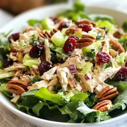 To make a tasty Cranberry Pecan Chicken Salad, gather these fresh ingredients: - 2 cups cooked chicken breast, shredded - 1 cup dried cranberries - 1/2 cup pecans, roughly chopped - 1/4 cup celery, finely chopped - 1/4 cup red onion, finely chopped - 1/2 cup Greek yogurt (or mayonnaise for a creamier texture) - 2 tablespoons honey - 1 tablespoon Dijon mustard - Salt and black pepper to taste - Fresh greens (such as spinach or a mix of salad greens) for serving Each ingredient plays a key role in this salad. The chicken provides protein, while cranberries add sweetness and a pop of color. Pecans bring crunch and a nutty flavor. Celery and red onion add crispness and zest. The Greek yogurt or mayonnaise gives the salad creaminess. Honey and Dijon mustard balance the flavors perfectly. This mix creates a dish that is both fresh and flavorful. When you add fresh greens as a base, it makes the salad even more vibrant and appealing. Enjoy preparing this delightful dish! {{ingredient_image_2}} - In a big bowl, mix the shredded chicken, dried cranberries, chopped pecans, celery, and red onion. Stir gently to blend well. - In a smaller bowl, whisk together Greek yogurt, honey, Dijon mustard, and a pinch of salt and pepper. Keep whisking till smooth. - Pour the dressing over the chicken mixture. Use a spatula to fold everything together gently. Make sure all pieces are well-coated. - Taste your salad. Adjust the seasoning if needed. Add more salt, pepper, or honey based on your taste. - Cover the salad with plastic wrap or a lid. Chill it in the fridge for at least 30 minutes. This helps the flavors mix well. - When ready to serve, lay down fresh greens on each plate. Scoop the chicken salad on top of the greens. Enjoy! - Choosing the right chicken: Start with cooked chicken breast. You can use leftover chicken or rotisserie chicken. Shredding it makes it easy to mix with other ingredients. - Making ahead of time: This salad tastes better after it chills. You can make it up to a day in advance. Just store it in the fridge. The flavors will blend nicely. - Adjusting flavors to taste: Everyone likes different flavors. After mixing, taste your salad. If it needs more sweetness, add a bit more honey. If it needs salt, sprinkle some on. - Pairing with bread or wraps: This chicken salad is great in a sandwich or wrap. Use crusty bread or soft tortillas. It also tastes good on its own, served on fresh greens. - Ideal occasions for serving: Serve this salad for lunch, picnics, or casual dinners. It's also perfect for potlucks and gatherings. People love its fresh and crunchy taste. - Presentation ideas: To make your salad look lovely, add extra chopped pecans or cranberries on top. A pop of color makes it more inviting. You can serve it in clear bowls to show off the layers. Pro Tips Use Leftover Chicken: This recipe is perfect for using up leftover rotisserie chicken, saving time and reducing waste. Customizable Ingredients: Feel free to add other ingredients like apples, grapes, or different nuts to personalize your salad. Make It Ahead: Prepare this salad a day in advance; the flavors will develop even more, making it taste even better. Serving Suggestions: Serve in a hollowed-out avocado or on whole-grain bread for a delicious sandwich variation. {{image_4}} You can easily swap ingredients to fit your taste. If you want a lighter option, use low-fat yogurt instead of Greek yogurt or mayonnaise. This keeps it creamy without the extra calories. You can also try sour cream for a tangy twist. For nuts, if you prefer, use walnuts or almonds instead of pecans. Each nut adds a unique crunch and flavor. Want a fruity touch? Toss in diced apples or grapes. These add sweetness and a nice texture. If you need gluten-free options, this salad is already friendly! Just make sure the dressing has no gluten. For low-carb diets, reduce the dried cranberries, as they have sugar. You can use fresh cranberries instead, but keep in mind they are tart. For vegan modifications, replace chicken with chickpeas or tofu. Use vegan yogurt or avocado for creaminess. These changes keep the dish fresh and flavorful while meeting dietary needs. To keep your cranberry pecan chicken salad fresh, store it in an airtight container. Make sure to seal it well. This will prevent moisture loss and keep the flavors intact. Place the container in the fridge right after serving. The salad stays tasty for up to four days. Always check for freshness before eating leftovers. If it smells off or looks strange, it&rsquo;s best to toss it. Can you freeze chicken salad? Yes, but it&rsquo;s not the best option. Freezing can change the texture of the chicken and veggies. If you choose to freeze it, do so in a safe, airtight container. Leave some space at the top, as the salad may expand. When you want to eat it, let it thaw in the fridge overnight. Use the thawed salad within two days for the best flavor. How to make cranberry pecan chicken salad healthier? You can make this salad healthier by using Greek yogurt instead of mayonnaise. Greek yogurt adds protein and cuts down on fat. You can also add more veggies like carrots or bell peppers for extra crunch. Use less honey if you want to cut down on sugar. This way, you keep the flavor but make it lighter. Can I use leftover rotisserie chicken? Yes! Leftover rotisserie chicken works great in this salad. Just shred the chicken and mix it with the other ingredients. This saves time and adds a nice flavor. You&rsquo;ll enjoy the taste without any extra cooking. What can I serve with chicken salad? You can serve this salad on a bed of greens or in a sandwich. It pairs well with whole grain bread, pita, or wraps. You might also enjoy it with a side of fresh fruit or a simple vegetable soup. These sides balance the meal and add brightness. What to do if the salad is too dry? If your salad feels too dry, add more dressing. You can mix a bit more Greek yogurt or mayonnaise with a splash of lemon juice. This will help combine the flavors without making it too runny. Stir well to ensure everything is coated nicely. How to enhance the flavor of the chicken salad? To boost the flavor, add some spices or herbs. Fresh herbs like dill or parsley work wonders. A dash of lemon juice can brighten the taste too. If you like heat, try adding a pinch of cayenne pepper. Just be careful not to overpower the salad. In this article, we explored how to make a tasty chicken salad with cranberries and pecans. We covered the ingredients, step-by-step preparation, tips for the best results, and creative variations. Remember to adjust flavors to suit your taste and consider dietary needs. Whether you serve it for lunch or a picnic, this salad is sure to please. Enjoy experimenting with your own twists, and make it a dish everyone loves!