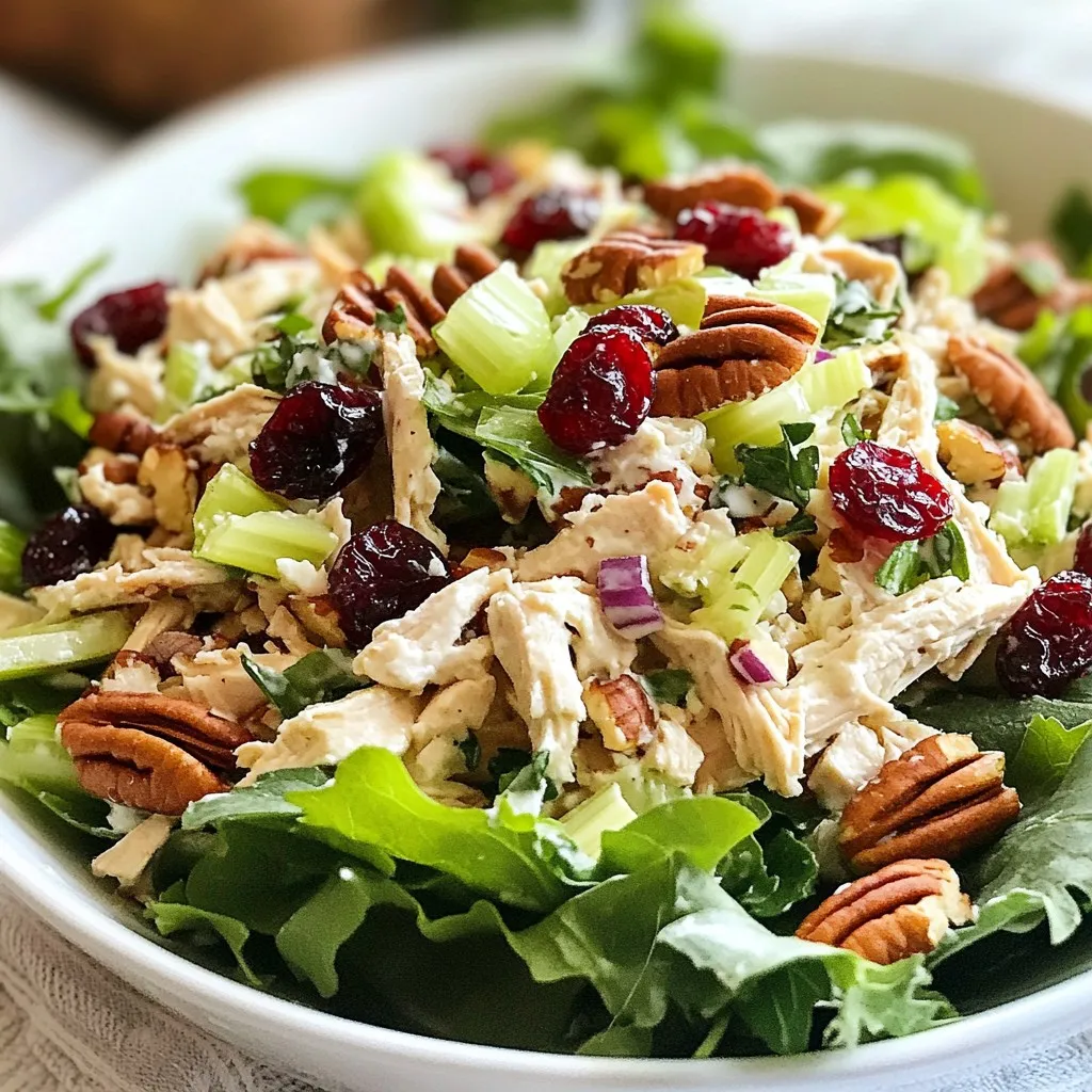 To make a tasty Cranberry Pecan Chicken Salad, gather these fresh ingredients: - 2 cups cooked chicken breast, shredded - 1 cup dried cranberries - 1/2 cup pecans, roughly chopped - 1/4 cup celery, finely chopped - 1/4 cup red onion, finely chopped - 1/2 cup Greek yogurt (or mayonnaise for a creamier texture) - 2 tablespoons honey - 1 tablespoon Dijon mustard - Salt and black pepper to taste - Fresh greens (such as spinach or a mix of salad greens) for serving Each ingredient plays a key role in this salad. The chicken provides protein, while cranberries add sweetness and a pop of color. Pecans bring crunch and a nutty flavor. Celery and red onion add crispness and zest. The Greek yogurt or mayonnaise gives the salad creaminess. Honey and Dijon mustard balance the flavors perfectly. This mix creates a dish that is both fresh and flavorful. When you add fresh greens as a base, it makes the salad even more vibrant and appealing. Enjoy preparing this delightful dish! {{ingredient_image_2}} - In a big bowl, mix the shredded chicken, dried cranberries, chopped pecans, celery, and red onion. Stir gently to blend well. - In a smaller bowl, whisk together Greek yogurt, honey, Dijon mustard, and a pinch of salt and pepper. Keep whisking till smooth. - Pour the dressing over the chicken mixture. Use a spatula to fold everything together gently. Make sure all pieces are well-coated. - Taste your salad. Adjust the seasoning if needed. Add more salt, pepper, or honey based on your taste. - Cover the salad with plastic wrap or a lid. Chill it in the fridge for at least 30 minutes. This helps the flavors mix well. - When ready to serve, lay down fresh greens on each plate. Scoop the chicken salad on top of the greens. Enjoy! - Choosing the right chicken: Start with cooked chicken breast. You can use leftover chicken or rotisserie chicken. Shredding it makes it easy to mix with other ingredients. - Making ahead of time: This salad tastes better after it chills. You can make it up to a day in advance. Just store it in the fridge. The flavors will blend nicely. - Adjusting flavors to taste: Everyone likes different flavors. After mixing, taste your salad. If it needs more sweetness, add a bit more honey. If it needs salt, sprinkle some on. - Pairing with bread or wraps: This chicken salad is great in a sandwich or wrap. Use crusty bread or soft tortillas. It also tastes good on its own, served on fresh greens. - Ideal occasions for serving: Serve this salad for lunch, picnics, or casual dinners. It's also perfect for potlucks and gatherings. People love its fresh and crunchy taste. - Presentation ideas: To make your salad look lovely, add extra chopped pecans or cranberries on top. A pop of color makes it more inviting. You can serve it in clear bowls to show off the layers. Pro Tips Use Leftover Chicken: This recipe is perfect for using up leftover rotisserie chicken, saving time and reducing waste. Customizable Ingredients: Feel free to add other ingredients like apples, grapes, or different nuts to personalize your salad. Make It Ahead: Prepare this salad a day in advance; the flavors will develop even more, making it taste even better. Serving Suggestions: Serve in a hollowed-out avocado or on whole-grain bread for a delicious sandwich variation. {{image_4}} You can easily swap ingredients to fit your taste. If you want a lighter option, use low-fat yogurt instead of Greek yogurt or mayonnaise. This keeps it creamy without the extra calories. You can also try sour cream for a tangy twist. For nuts, if you prefer, use walnuts or almonds instead of pecans. Each nut adds a unique crunch and flavor. Want a fruity touch? Toss in diced apples or grapes. These add sweetness and a nice texture. If you need gluten-free options, this salad is already friendly! Just make sure the dressing has no gluten. For low-carb diets, reduce the dried cranberries, as they have sugar. You can use fresh cranberries instead, but keep in mind they are tart. For vegan modifications, replace chicken with chickpeas or tofu. Use vegan yogurt or avocado for creaminess. These changes keep the dish fresh and flavorful while meeting dietary needs. To keep your cranberry pecan chicken salad fresh, store it in an airtight container. Make sure to seal it well. This will prevent moisture loss and keep the flavors intact. Place the container in the fridge right after serving. The salad stays tasty for up to four days. Always check for freshness before eating leftovers. If it smells off or looks strange, it’s best to toss it. Can you freeze chicken salad? Yes, but it’s not the best option. Freezing can change the texture of the chicken and veggies. If you choose to freeze it, do so in a safe, airtight container. Leave some space at the top, as the salad may expand. When you want to eat it, let it thaw in the fridge overnight. Use the thawed salad within two days for the best flavor. How to make cranberry pecan chicken salad healthier? You can make this salad healthier by using Greek yogurt instead of mayonnaise. Greek yogurt adds protein and cuts down on fat. You can also add more veggies like carrots or bell peppers for extra crunch. Use less honey if you want to cut down on sugar. This way, you keep the flavor but make it lighter. Can I use leftover rotisserie chicken? Yes! Leftover rotisserie chicken works great in this salad. Just shred the chicken and mix it with the other ingredients. This saves time and adds a nice flavor. You’ll enjoy the taste without any extra cooking. What can I serve with chicken salad? You can serve this salad on a bed of greens or in a sandwich. It pairs well with whole grain bread, pita, or wraps. You might also enjoy it with a side of fresh fruit or a simple vegetable soup. These sides balance the meal and add brightness. What to do if the salad is too dry? If your salad feels too dry, add more dressing. You can mix a bit more Greek yogurt or mayonnaise with a splash of lemon juice. This will help combine the flavors without making it too runny. Stir well to ensure everything is coated nicely. How to enhance the flavor of the chicken salad? To boost the flavor, add some spices or herbs. Fresh herbs like dill or parsley work wonders. A dash of lemon juice can brighten the taste too. If you like heat, try adding a pinch of cayenne pepper. Just be careful not to overpower the salad. In this article, we explored how to make a tasty chicken salad with cranberries and pecans. We covered the ingredients, step-by-step preparation, tips for the best results, and creative variations. Remember to adjust flavors to suit your taste and consider dietary needs. Whether you serve it for lunch or a picnic, this salad is sure to please. Enjoy experimenting with your own twists, and make it a dish everyone loves!
