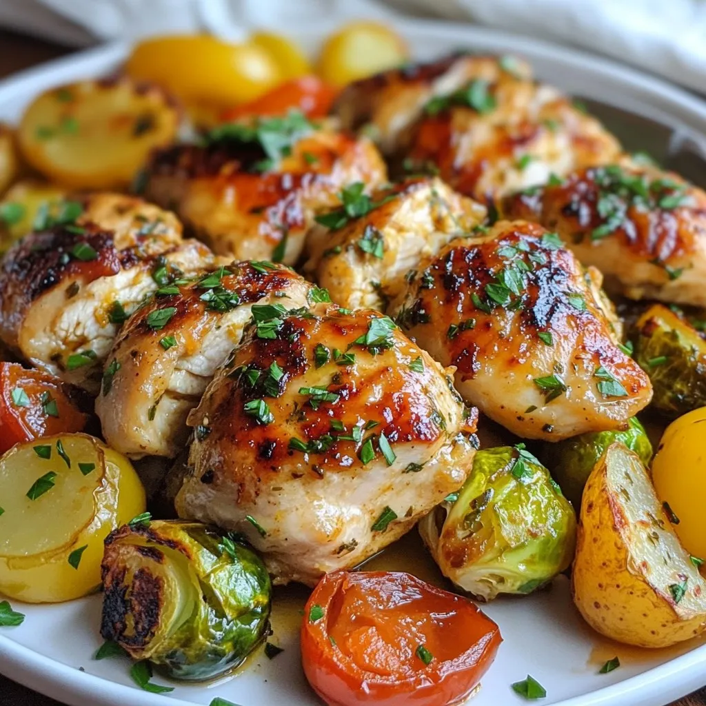 - 4 boneless, skinless chicken breasts - 2 cups Brussels sprouts, halved - 2 cups baby potatoes, quartered - 1 red bell pepper, sliced - 1 yellow bell pepper, sliced - 4 cloves garlic, minced - 1/4 cup extra virgin olive oil - Juice and zest of 2 fresh lemons - 1 teaspoon dried oregano - 1 teaspoon dried thyme - Salt and freshly cracked black pepper, to taste - Fresh parsley, chopped (for garnish) The chicken breasts are the star of this dish. They soak up the zesty marinade, making every bite flavorful. Fresh vegetables add color and crunch. I love using Brussels sprouts, baby potatoes, and bell peppers for their taste and texture. Garlic brings a delicious aroma and depth to the dish. The olive oil helps everything roast nicely. - Additional herbs - Variety of vegetables You can mix in more herbs like rosemary or basil. They add extra flavor. Feel free to swap out vegetables too. Carrots, zucchini, or asparagus work well. This recipe is flexible, so use what you have! - Mixing bowls - Baking sheet - Measuring utensils You need a mixing bowl to blend the marinade. A baking sheet is key for roasting everything together. Measuring utensils help you get the amounts just right. Having the right tools makes cooking easier and more fun! {{ingredient_image_2}} First, set your oven to 400°F (200°C). This temperature helps cook the chicken and veggies perfectly. Next, prepare a large rimmed baking sheet. You can line it with parchment paper or lightly grease it. This step keeps the food from sticking and makes cleanup easier. In a sizable mixing bowl, whisk together these ingredients: - 1/4 cup extra virgin olive oil - Juice and zest of 2 fresh lemons - 4 cloves garlic, minced - 1 teaspoon dried oregano - 1 teaspoon dried thyme - Salt and freshly cracked black pepper Mixing these together creates a bright and zesty marinade. Marinating the chicken is key. It adds flavor and keeps the meat juicy. Let the chicken sit in the marinade for at least 15 minutes. Now, toss your veggies in a separate bowl. Use these: - 2 cups Brussels sprouts, halved - 2 cups baby potatoes, quartered - 1 red bell pepper, sliced - 1 yellow bell pepper, sliced Drizzle with olive oil, salt, and pepper. Make sure they’re evenly coated. Next, place the marinated chicken on one side of the baking sheet. Spread the veggies on the other side. This helps everything cook evenly. Slide the baking sheet into the oven and bake for 25-30 minutes. The chicken is ready when it reaches 165°F (75°C). The veggies should be tender and slightly caramelized. For a nice finish, switch to broil for 2-3 minutes. Watch carefully to avoid burning. After cooking, let the dish rest for 5 minutes. This helps the juices settle in the chicken. Before serving, sprinkle fresh parsley on top for color and flavor. For the best flavor, marinate your chicken for at least 15 minutes. This short time gives the chicken a nice zest. If you can, let it marinate for 30 minutes or more. A longer marination allows the flavors to really sink in. You will taste the difference in every juicy bite. To check if the chicken is done, use a meat thermometer. The chicken should reach 165°F (75°C). This ensures it is safe to eat and stays moist. For crispy veggies, spread them out well on the sheet. This lets them roast evenly and get that nice caramel color. If you want extra crispness, broil for a few minutes at the end. Just watch it closely! For a lovely presentation, serve the chicken and veggies on a large platter. Drizzle any leftover marinade over everything. This adds flavor and makes it look vibrant. You can also add lemon wedges on the side. They not only look nice but give a fresh taste. Pair this dish with a simple salad or rice for a complete meal. Enjoy your delicious feast! Pro Tips Marination Time Matters: For the best flavor, marinate the chicken for at least 30 minutes to 1 hour. If time allows, marinating overnight in the fridge will yield even tastier results. Veggie Variety: Feel free to mix and match your vegetables! Carrots, zucchini, or asparagus can also work beautifully in this dish. Check for Doneness: Always use a meat thermometer to check that chicken has reached an internal temperature of 165°F (75°C) to ensure it's safe to eat. Use Parchment Paper: Lining your baking sheet with parchment paper not only prevents sticking but also makes for easier cleanup! {{image_4}} You can switch out Brussels sprouts for other veggies. Try green beans or zucchini instead. Both add nice colors and textures. If you want more crunch, use carrots or snap peas. They roast well and taste great with lemon. For bell peppers, mix colors for a fun look. You can use orange or green bell peppers. Each type brings its own flavor. You can also try mushrooms or eggplant for a different taste and texture. If you prefer dark meat, use chicken thighs or drumsticks. They stay juicy and are full of flavor. Just make sure to adjust the cooking time. Thighs and drumsticks need a few extra minutes to cook through. For a vegetarian option, use chickpeas or tofu. Both soak up flavors well. Toss them in the same marinade for a tasty twist. Roasting them with veggies gives you a filling meal. To change the flavor, add spices like paprika or cumin. These spices bring warmth and depth to the dish. You can also add red pepper flakes for heat. Just a pinch can turn the dish spicy and exciting. Adding fresh herbs like basil or cilantro can brighten the meal. You can mix in lemon zest for an extra kick of citrus. This adds freshness and enhances the lemony flavor. After you enjoy your Sheet Pan Lemon Herb Chicken and Veggies, store any leftovers in a sealed container. This helps keep the food fresh. You can store it in the fridge for about three to four days. To ensure the best taste, let the dish cool before sealing. Avoid stacking too much on top of each other, as this can make the food soggy. If you want to keep the chicken juicy, try to store it in its marinade. To freeze the chicken and veggies, first, let them cool completely. Place them in freezer-safe bags, removing as much air as possible. This helps prevent freezer burn. You can freeze the dish for up to three months. When you’re ready to eat, thaw it overnight in the fridge. For reheating, place it in the oven at 350°F (175°C) for about 20-25 minutes. This brings back the crispness of the veggies and keeps the chicken moist. This dish is perfect for meal prep! You can make a big batch at the start of the week. Divide it into single servings and store in the fridge. This makes it easy to grab and go. For quick reheats, place the meal in the microwave for about two to three minutes. You can also pop it back in the oven for a few minutes to crisp it up again. Enjoy your healthy meals all week long! To check if your chicken is ready, use a meat thermometer. The internal temperature should reach 165°F (75°C). This ensures the chicken is safe to eat. Look for visual signs too. The chicken should be white inside, not pink. The juices should run clear when you cut into it. Yes, you can use frozen chicken! Just remember, it will take longer to cook. You should add an extra 10-15 minutes to your cooking time. For best results, let the chicken thaw a bit before marinating. This helps the marinade soak in better. You can serve this dish with many sides. Here are a few ideas: - Steamed rice - Quinoa - A fresh green salad For drinks, a chilled white wine pairs nicely. Try a Sauvignon Blanc or a Pinot Grigio for a bright touch! This blog post guides you through making a simple and tasty Sheet Pan Lemon Herb Chicken. You learned about key ingredients, tools, and step-by-step instructions, ensuring success. I shared tips for marinating and cooking the dish perfectly. You also found variations and ways to store leftovers. Try these ideas and techniques to create your own meals. With a few tweaks, you can enjoy a delicious dish again and again. Cooking can be fun, healthy, and simple!
