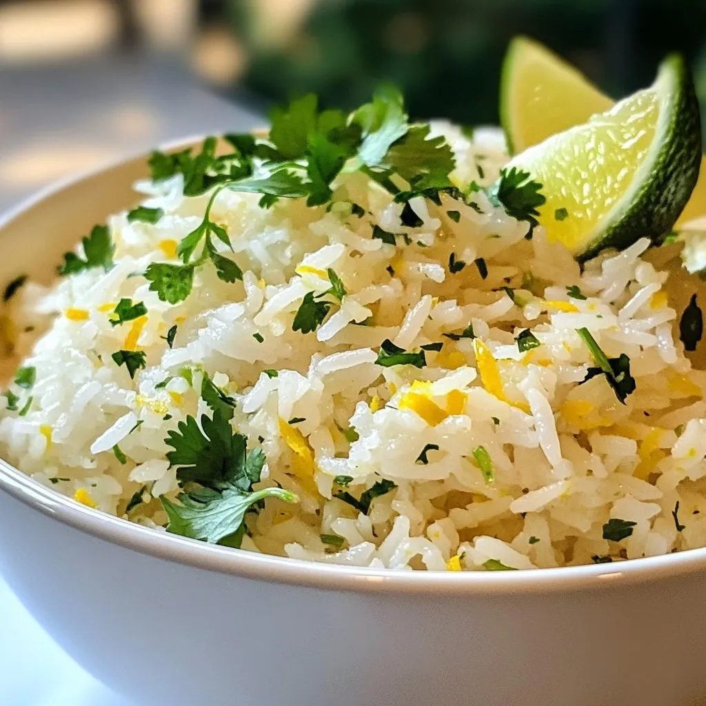 - 1 cup jasmine rice - 1 cup coconut milk - 1 cup vegetable broth or water - 1 tablespoon freshly squeezed lime juice - Zest of 1 lime - 1 tablespoon sugar (optional) - 1/2 teaspoon salt - Fresh cilantro, chopped (for garnish) - Lime wedges (for serving) Coconut lime rice is simple to make and full of flavor. You will need jasmine rice for its light and fluffy texture. The creamy coconut milk adds richness. I often use vegetable broth for a savory touch, but water works too. Fresh lime juice and zest brighten the dish and give it a zesty kick. If you want a hint of sweetness, you can add sugar, but it’s optional. Salt helps balance the flavors. Finally, chop fresh cilantro for a vibrant garnish. Lime wedges are perfect for serving on the side. They add more zing when you squeeze them over the rice. This dish is not just tasty; it looks great too. The bright green cilantro against the white rice is appealing. You can serve it with grilled meats, fish, or veggies. It’s a great side for any meal. {{ingredient_image_2}} 1. Start by rinsing the jasmine rice under cold running water. This step is key. Rinse until the water runs clear. It removes extra starch and helps the rice become fluffy. 2. In a medium saucepan, mix the rinsed jasmine rice with coconut milk, vegetable broth, lime juice, lime zest, sugar, and salt. Make sure to stir it well. This mix creates a lovely flavor base. 3. Place the saucepan over medium-high heat. Bring the mixture to a lively boil. Once it boils, lower the heat to a gentle simmer. Cover the saucepan and let it cook for 15-20 minutes. The rice will become tender, and all the liquid will be absorbed. 4. After cooking, remove the saucepan from heat but keep it covered. Let it sit for 5-10 minutes. This resting time is important. It allows the rice to finish cooking and become light. 5. Using a fork, gently fluff the rice. This separates the grains and enhances the texture. Now, your coconut lime rice is ready to serve! 6. Plate the rice warm, garnished with chopped cilantro. Add lime wedges on the side for extra zing. Enjoy the bright flavors! Using fresh ingredients is key. Fresh lime juice and zest add bright notes. They make each bite pop. You can adjust sweetness with sugar. A tablespoon gives a light sweetness. This balances the tangy lime nicely. Rinsing the rice is very important. It removes extra starch and makes the rice fluffy. Rinse until the water runs clear. Cooking times matter too. Bring the mix to a boil and then simmer. Cook for 15-20 minutes. The rice should be tender and all the liquid should be gone. Garnishing with cilantro brightens the dish. It adds color and a fresh taste. Serve the rice warm on a plate. Add lime wedges on the side. This gives a zesty touch when you squeeze the lime. Pro Tips Rinse the Rice: Always rinse jasmine rice under cold water until the water runs clear. This step removes excess starch, making the rice fluffier. Use Fresh Ingredients: For the best flavor, use fresh lime juice and zest. Fresh ingredients elevate the dish and provide a vibrant taste. Adjusting Sweetness: The sugar is optional, so taste the mixture before cooking. Adjust according to your preference for sweetness. Resting Time: Don’t skip the resting time after cooking. Keeping the rice covered for 5-10 minutes helps it finish cooking and become fluffy. {{image_4}} You can make your coconut lime rice even better by adding vegetables. Peas and bell peppers work great. They add color and nutrition. Simply stir them in during the last five minutes of cooking. This extra step gives your dish more texture and flavor. You can also use different herbs to garnish. Fresh basil or parsley can add a fresh twist. Experiment with what you like best. This makes the rice more exciting and tasty. If you like heat, try spicy coconut lime rice. Adding jalapeños or chili flakes gives it a kick. Chop fresh jalapeños and mix them in with the rice. For chili flakes, sprinkle them in with the other ingredients. This will change your coconut lime rice into a fiery side dish. Adjust the spice level to your taste. Start with a little and add more if you want. Making vegan coconut lime rice is easy. Just swap the vegetable broth with water or a plant-based broth. Make sure all your ingredients are plant-based. This way, everyone can enjoy this dish. Vegan coconut lime rice is still creamy and full of flavor. You won’t miss the dairy. It’s a perfect side for any meal. To store coconut lime rice, let it cool first. Once cool, place it in an airtight container. This helps keep it fresh and tasty. Store it in the fridge for up to four days. Be sure to cover it well to prevent it from drying out. When reheating, you want to keep the rice fluffy. The best method is using a pot. Add a splash of water or broth to the rice. Heat it over low heat, stirring gently. You can also use the microwave. Place the rice in a bowl, add a bit of water, and cover it. Heat in short bursts, stirring in between until warm. Yes, you can freeze coconut lime rice! To do this, let it cool completely. Then, scoop it into freezer-safe bags or containers. Press out as much air as possible before sealing. You can freeze it for up to three months. When ready to eat, thaw it in the fridge overnight, then reheat as mentioned above. Yes, you can prepare coconut lime rice ahead of time. This is great if you want to save time during a busy meal. To do this, make the rice as normal and let it cool. Once cooled, store it in an airtight container in the fridge. It will stay fresh for up to three days. When ready to serve, reheat it gently on the stove or in the microwave. Add a splash of coconut milk or broth to keep it moist. Coconut lime rice pairs well with many dishes. Here are some great options: - Grilled chicken or fish - Shrimp tacos - Stir-fried vegetables - Spicy curries - Black bean salad Each of these dishes complements the zesty and creamy flavors of the rice. To make your coconut lime rice creamier, you can try a few simple tricks: - Use more coconut milk and less broth. - Stir in a bit of cream or sour cream. - Add some mashed avocado for a rich texture. These variations add depth and flavor, taking your rice to the next level! This blog post covered how to make delicious coconut lime rice. We discussed key ingredients, step-by-step cooking tips, and exciting variations. I shared how to store and reheat your rice so it stays fresh. Remember, using fresh ingredients enhances flavor and presentation. Coconut lime rice can elevate your meals with its bright taste. Enjoy experimenting with different recipes and find your favorite twists. Simple adjustments can make a big difference in your cooking.