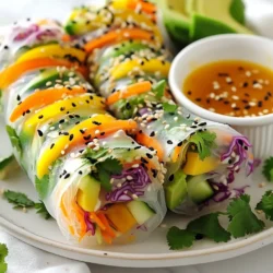 - 8 rice paper wrappers - 1 cup red cabbage, finely shredded - 1 cup carrots, julienned - 1 cup cucumber, julienned - 1 cup bell peppers (mixed colors), julienned - 1 ripe avocado, sliced - 1/2 cup fresh mint leaves, gently torn - 1/2 cup fresh cilantro leaves, gently torn To make rainbow veggie spring rolls, you need fresh and colorful ingredients. Rice paper wrappers are the base. Next, use a mix of vegetables that are bright and crisp. I love using red cabbage for color and crunch. Carrots and cucumber add sweetness and freshness. Don’t forget the bell peppers for a burst of flavor. Lastly, avocado gives a creamy texture. Fresh herbs like mint and cilantro bring a lovely aroma. - 1/4 cup hoisin sauce - 1 tablespoon peanut butter - 1 tablespoon freshly squeezed lime juice - 1 teaspoon chili sauce (optional, for a kick) The dipping sauce is key to enhancing the rolls. Hoisin sauce adds a sweet taste. Peanut butter gives a rich flavor. Fresh lime juice brightens the sauce. If you like some heat, add chili sauce for an extra kick. - 1/4 cup sesame seeds (optional, for added crunch) - 1/4 cup crushed peanuts (for garnish) For added texture, sprinkle sesame seeds over the veggies. Crushed peanuts make a great garnish. They add crunch and make the dish look appealing. These extras can elevate your spring rolls and make them even more delightful to eat. {{ingredient_image_2}} Start by washing all your vegetables. Rinse them under cold water to remove dirt. Next, cut them into thin strips or julienne style. This method enhances texture and makes the rolls pretty. Place each vegetable type in its own bowl. This helps you grab what you need when you start assembling. To soften rice paper, fill a large shallow dish with warm water. The water should be warm but not boiling. Submerge one rice paper wrapper in the water for 10 to 15 seconds. You want it to be soft but still slightly firm. This allows for easy handling later. Once the rice paper is soft, lift it out and place it on a clean, flat surface. In the lower third of the wrapper, add a small handful of each vegetable. Top this with a few slices of avocado. Then, add some torn mint and cilantro leaves. If you like crunch, sprinkle a few sesame seeds on top. To roll the spring roll, fold the bottom edge over the filling. Tuck in the sides to keep everything inside. Now, carefully roll it up tightly like a burrito. Repeat this with the other rice paper wrappers and fillings until you have a colorful plate of spring rolls. To make great spring rolls, avoid tearing the rice paper. Soak it in warm water for just 10-15 seconds. If it feels too soft, it might tear. When you lift it out, let the excess water drip off. Place the wrapper on a clean, flat surface. For a tight roll, start folding from the bottom. Tuck in the sides as you roll. Hold the filling gently but firmly. This keeps everything secure. Practice makes perfect, so don’t worry if the first few aren’t perfect! Want to boost flavor? Add fresh herbs like basil or dill. They bring a new taste. You can also try adding a pinch of red pepper flakes for heat. For your dipping sauce, mix in some soy sauce or sesame oil. This adds depth to the hoisin sauce. If you like it spicy, add more chili sauce. Adjust these flavors to fit your taste. Garnish your spring rolls for extra visual appeal. Sprinkle crushed peanuts on top for crunch. You can also add more fresh herbs around the rolls. When serving, arrange them neatly on a platter. Pair them with lime wedges for a pop of color. This adds a fresh look and taste to your dish. Pro Tips Soften Rice Papers Properly: Make sure the water is warm, not boiling, to avoid tearing the rice paper while softening. Organize Ingredients: Having all your vegetables prepped and organized in bowls will make the assembly process much faster and more enjoyable. Experiment with Fillings: Feel free to add other colorful veggies or proteins like shrimp or tofu to customize your spring rolls. Chill Before Serving: For an extra refreshing bite, chill the assembled spring rolls in the refrigerator for 15-20 minutes before serving. {{image_4}} You can swap veggies based on what's in season. Think about using zucchini, radishes, or snap peas. They add flavor and crunch. You can also mix in some cooked proteins. Shrimp, chicken, or tofu work great. These options will make your rolls heartier and even more delicious. While hoisin sauce is tasty, you can try other sauces too. Sweet chili sauce or soy sauce are great choices. For a twist, mix yogurt with herbs for a creamy dip. You can also create your own sauce. Try combining peanut butter with soy sauce and a splash of lime. Experimenting is fun and adds a personal touch. If you need vegan or gluten-free options, adjust your ingredients. Use tamari instead of soy sauce for gluten-free. You can also skip the peanut butter or use a nut-free spread. Check rice paper brands for vegan options, as some may contain egg. These simple swaps keep the rolls delicious and suitable for all diets. To keep your spring rolls fresh, place them in an airtight container. This prevents moisture loss and keeps them crunchy. If you have leftover dipping sauce, store it in a separate container. Keep both in the fridge and enjoy them within three days. If you stack the rolls, use parchment paper between layers. This avoids sticking and keeps the rolls intact. You can freeze spring rolls before or after assembly. If you freeze them before, lay them flat on a baking sheet. Once they're frozen, transfer them to a freezer bag. If freezing after assembly, wrap each roll in plastic wrap first. To thaw, place them in the fridge overnight. Reheat by steaming them for a few minutes, or microwave them for about 30 seconds. This keeps the texture nice and soft. Rainbow veggie spring rolls last about three days in the fridge. They will start to lose their crispness after this time. Signs of spoilage include a wilted appearance or an off smell. If you notice these changes, it's best to toss them. Always trust your senses when checking food freshness! Yes, you can make spring rolls ahead of time. To keep them fresh: - Prepare the veggies and keep them in separate containers. - Wrap the spring rolls and store them in a damp cloth. - Place the rolls in an airtight container in the fridge. This way, you can enjoy them later without losing flavor or texture. Serving spring rolls is all about presentation. Here are some tips: - Use a large platter to display the rolls. - Arrange them in a circle or in rows for a colorful look. - Serve with a small bowl of dipping sauce in the center. - For a fun touch, add lime wedges and fresh herbs around the rolls. This makes the dish look inviting and vibrant. To check if rice paper is ready: - Dip it in warm water for about 10-15 seconds. - It should feel soft but still have a bit of firmness. - If it’s too soft, it may tear easily when you roll. Perfectly softened rice paper makes a big difference in your spring rolls! In this article, I shared how to make fresh spring rolls. I covered key ingredients, like rice paper, colorful veggies, and tasty herbs. I provided step-by-step instructions on preparing veggies and rolling techniques. You learned tips for enhancing flavor and perfect presentation. I explored variations and how to store leftovers effectively. By trying these ideas, you can create fun and healthy snacks. Enjoy experimenting with flavors and sharing them with others!