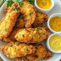 - 1 lb chicken tenders - 2 cups buttermilk - 1 tablespoon hot sauce (adjust to your spice preference) - 2 cups all-purpose flour - 1 teaspoon paprika - 1 teaspoon garlic powder - 1 teaspoon onion powder - 1 teaspoon freshly ground black pepper - 1 teaspoon salt - Oil for frying (vegetable or canola preferred) To make my buttermilk fried chicken tenders, you need some key ingredients. First, get fresh chicken tenders. They are juicy and cook well. Next, use buttermilk and hot sauce. This mix makes the chicken tender and adds great taste. The flour mixture is also important. Combine all-purpose flour with spices like paprika, garlic powder, and onion powder. This blend gives the chicken a tasty outer layer. Don't forget salt and pepper to boost the flavors. - Different spices or herbs - Variety of dipping sauces You can also add your favorite spices or herbs to the flour mix. Think about using cayenne for heat or dried herbs for extra flavor. For dipping sauces, try honey mustard, ranch, or even barbecue sauce. These add a fun touch to your meal. Feel free to get creative! {{ingredient_image_2}} First, you need to make the marinade. In a big bowl, mix 2 cups of buttermilk with 1 tablespoon of hot sauce. Whisk it well until it is smooth. This step adds flavor and moisture to the chicken. Next, immerse 1 pound of chicken tenders in the buttermilk mix. Make sure every piece is covered. Cover the bowl with plastic wrap. Refrigerate for at least 2 hours, but overnight is even better. This time allows the chicken to absorb all the tasty goodness. Now it's time to coat the chicken. In a separate bowl, mix 2 cups of all-purpose flour with 1 teaspoon of paprika, garlic powder, onion powder, black pepper, and salt. Stir it well so the spices blend evenly. Take the chicken tenders out of the buttermilk. Let the extra buttermilk drip off. Dredge each tender in the flour mixture. Press gently to ensure a good coat sticks to the chicken. This step is key for achieving that crispy texture you want. To cook the chicken, you need to heat oil in a deep skillet or frying pan. Pour in enough oil to cover the chicken halfway. Heat the oil to about 350&deg;F (175&deg;C). This temperature is crucial for crispy chicken. Carefully add the coated chicken tenders to the hot oil. Fry them in batches to avoid overcrowding. Cook each side for about 4 to 6 minutes, or until they are golden brown. Make sure the chicken reaches an internal temperature of 165&deg;F (74&deg;C). When done, transfer the tenders to a wire rack over a baking sheet lined with paper towels. This lets excess oil drip off. Enjoy your crispy and flavorful buttermilk fried chicken tenders! To get your chicken tenders extra crispy, start with the right coating. Use a mix of flour and spices. I like to add paprika, garlic powder, and onion powder for flavor. Make sure to press the flour mixture onto the chicken. This helps it stick better. Frying temperature matters too. Heat your oil to about 350&deg;F (175&deg;C). This is the sweet spot for a golden brown crust. If the oil is too cool, the chicken will absorb oil and become greasy. If it&rsquo;s too hot, you risk burning the outside while the inside stays raw. Always check the internal temperature for doneness. Your chicken should reach 165&deg;F (74&deg;C) to be safe to eat. Use a meat thermometer for accuracy. This helps guarantee that your chicken is juicy and fully cooked. When it comes to frying oil disposal, let the oil cool after use. Then, pour it into a container. You can throw it away with your regular trash. Never pour oil down the sink, as it can cause clogs. For a great serving, arrange the chicken tenders on a large platter. This makes your dish look inviting. Add fresh parsley on top for color. It adds a nice touch that catches the eye. Serve the tenders with bowls of your favorite dipping sauces. Options like honey mustard or ranch dressing work well. This not only enhances the flavor but also makes for a fun meal. Pro Tips Marinate Longer: For the best flavor and tenderness, marinate the chicken tenders overnight. This allows the buttermilk to fully penetrate the meat, resulting in juicier tenders. Use a Thermometer: To achieve perfectly cooked chicken, use a meat thermometer to check that the internal temperature reaches 165&deg;F (74&deg;C). Maintain Oil Temperature: Keep an eye on the oil temperature while frying. If the oil is too cool, the chicken will absorb excess oil; if it's too hot, the coating may burn before the chicken cooks through. Rest Before Serving: Allow the fried chicken tenders to rest on a wire rack after frying. This helps maintain their crispy texture and prevents them from becoming soggy. {{image_4}} You can change the heat of your chicken tenders easily. Try different hot sauces. For a mild kick, you might use Frank's RedHot. If you want a fiery touch, go for Sriracha or a spicy habanero sauce. Mixing these sauces into the buttermilk adds flavor and fun. You can also switch up the coating. Instead of just flour, try using cornmeal. Cornmeal gives a nice crunch. You can even mix some crushed crackers for extra texture. Experimenting with spices is a great way to make your tenders unique. Add some cayenne pepper or smoked paprika for a twist. Pair your chicken tenders with tasty sides. Coleslaw is a fresh choice that balances the crunch. You could also serve them with crispy fries for a classic meal. A simple green salad can add some color and freshness. Don't forget about dipping sauces! Honey mustard is sweet and tangy, while ranch dressing is creamy and rich. You might even enjoy a spicy mayo or a zesty barbecue sauce. These pair well with the crispy tenders and make each bite even better. To store your leftover chicken tenders, let them cool first. Place them in an airtight container. This keeps them fresh for up to three days. When you&rsquo;re ready to enjoy them again, reheat in an oven at 350&deg;F (175&deg;C). This helps restore their crispiness. You can also use a skillet over medium heat. Just add a little oil to help them warm up nicely. If you want to save some tenders for later, freezing works well. Place cooled, cooked tenders in a freezer-safe bag. Remove as much air as possible before sealing. They can last up to three months in the freezer. When you&rsquo;re ready to eat, thaw them overnight in the fridge. For the best taste, reheat them in the oven or air fryer. This keeps them crispy and delicious. I recommend marinating the chicken for at least 2 hours. For the best flavor and tenderness, try to let it sit overnight. This allows the buttermilk to break down proteins in the chicken. It makes the tenders juicy and packed with flavor. The best oils for frying chicken tenders are vegetable oil or canola oil. They have high smoke points, which means they can cook well without burning. This helps achieve that crispy texture we all love. They also have a neutral taste, letting the chicken shine through. Yes, you can bake these chicken tenders for a healthier option. Preheat your oven to 400&deg;F (200&deg;C). Place the coated tenders on a baking sheet lined with parchment paper. Bake for about 20-25 minutes, flipping halfway through. Make sure they reach an internal temperature of 165&deg;F (74&deg;C) for safety. To make gluten-free chicken tenders, simply swap all-purpose flour for a gluten-free flour blend. You can also use cornstarch or almond flour for a crunchier texture. Just remember to check your hot sauce for gluten. With these changes, you can enjoy crispy tenders without the gluten! To make tasty chicken tenders, you need key ingredients like chicken, buttermilk, and seasoned flour. Follow the steps for marinating, coating, and frying. Use tips for crispiness and safety for great results. Don&rsquo;t forget to explore variations and side dishes to mix things up. Proper storage is also crucial for leftovers. Enjoy making this dish, and don&rsquo;t shy away from experimenting. Your perfect chicken tender awaits!