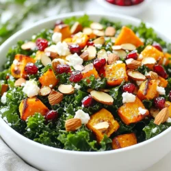 Kale is the star of this dish. You need four cups of fresh kale. First, remove the tough stems. Chop the leaves into bite-sized pieces. This makes it easy to eat and mix with other ingredients. Kale is rich in vitamins. It adds a healthy crunch to your salad. Sweet potatoes bring a warm, sweet flavor. Use one cup of sweet potatoes. Peel and cube them before roasting. Toss the cubes in olive oil, salt, and pepper. Roast them at 400&deg;F for 25-30 minutes. They should be golden and tender. Roasting enhances their sweetness. - 1/2 cup pomegranate seeds, fresh for a burst of juicy flavor - 1/4 cup sliced almonds, toasted for extra crunch - 1/4 cup feta cheese, crumbled for a creamy touch - 1/4 cup dried cranberries, adding a hint of sweetness These add color and texture. Pomegranate seeds are juicy and bright. Almonds give a nice crunch. Feta cheese adds creaminess and tang. Dried cranberries bring sweetness. Together, these ingredients balance the salad. They create a flavorful and nutritious dish. {{ingredient_image_2}} First, preheat your oven to 400&deg;F (200&deg;C). Take your sweet potatoes and peel them. Cut them into small cubes. Place the cubes in a bowl and add a splash of olive oil. Sprinkle with salt and pepper. Toss them well to coat. Spread the cubes out on a baking sheet. Roast them for 25 to 30 minutes. Stir them halfway through to ensure even cooking. When they are golden and tender, take them out and let them cool a bit. Next, grab a large mixing bowl and add the chopped kale. Pour 1 teaspoon of olive oil over the kale. Add a pinch of salt. Now, it&rsquo;s time to massage the kale. Use your hands to squeeze and rub the leaves gently. Do this for about 3 to 5 minutes. This process softens the kale and makes it easier to eat. The leaves will shrink in size and become tender. In a small bowl or jar, combine the rest of the olive oil, apple cider vinegar, and Dijon mustard. Add salt and pepper to taste. Whisk or shake the mixture well until it is smooth and mixed. Taste the dressing and adjust the seasoning if needed. This dressing will add a bright flavor to the salad. In the bowl with the massaged kale, add the roasted sweet potatoes, fresh pomegranate seeds, toasted sliced almonds, crumbled feta cheese, and dried cranberries. Gently mix everything together. Make sure the kale combines well with all the other ingredients. Each bite will have a little bit of everything. Now, take your prepared dressing and drizzle it evenly over the salad. Use tongs to toss the salad gently. This helps coat all the ingredients with the dressing. Make sure each component gets some flavor. Transfer the colorful salad to a large serving bowl. You can also serve it on individual plates. For a nice touch, top with extra pomegranate seeds and a sprinkle of sliced almonds. The added crunch and color make the salad even more appealing. Enjoy every bite! To make kale tender, you need to massage it. Start with fresh, clean kale. Use your hands to tear the leaves into smaller pieces. Add 1 teaspoon of olive oil and a pinch of salt. Rub the kale between your fingers. Do this for about 3-5 minutes. You will notice the leaves darken and soften. This step makes the kale easier to eat and tastier. Roasting sweet potatoes brings out their natural sweetness. Preheat your oven to 400&deg;F (200&deg;C). Peel and cube the sweet potatoes into bite-sized pieces. Toss them in a bowl with olive oil, salt, and pepper. Spread them evenly on a baking sheet. Roast for 25-30 minutes. Stir halfway through for even cooking. They should be golden and soft when done. Make your dressing ahead of time for quick use. Combine olive oil, apple cider vinegar, Dijon mustard, salt, and pepper in a jar. Shake well to mix. Store the dressing in the fridge for up to a week. Shake again before using. This dressing adds a great tangy flavor to your kale salad. Pro Tips Choose Fresh Kale: Opt for bright green, crisp kale leaves without any wilting or yellowing for the best flavor and texture. Perfectly Roasted Sweet Potatoes: Ensure even cooking by cutting sweet potatoes into uniform cubes and tossing them halfway through roasting. Massage the Kale Well: Take your time when massaging the kale; this not only tenderizes it but also enhances its flavor. Flavor Balance: Adjust the dressing ingredients according to your taste; adding a bit more vinegar or mustard can enhance the salad's tanginess. {{image_4}} You can change some ingredients in the Winter Kale Salad to suit your taste. If you don't like feta cheese, try goat cheese or skip it for a dairy-free option. For the almonds, use walnuts or sunflower seeds for a different crunch. If sweet potatoes are not your favorite, roasted beets add color and a sweet flavor. You can also replace pomegranate seeds with fresh berries, like blueberries or strawberries. This salad is easy to adapt for different diets. For a vegan version, omit the feta cheese or choose a plant-based alternative. Make sure the mustard and other dressings are gluten-free. The salad is naturally gluten-free, so you can enjoy it without worry. If you want a nut-free option, replace the almonds with pumpkin seeds. You can add seasonal ingredients to keep the salad fresh. In winter, try adding roasted Brussels sprouts or sliced apples for a crisp bite. As spring approaches, consider adding fresh herbs like mint or parsley for bright flavor. In summer, fresh corn or cherry tomatoes bring sweetness and color. Make these changes to keep the salad exciting all year round! To store leftovers, place the salad in an airtight container. This keeps it fresh. If you separate the dressing, it will last longer. Store the dressing in a small jar. Keep both in the fridge for best results. I do not recommend freezing this salad. The kale and other fresh ingredients do not freeze well. They lose their texture and flavor. It&rsquo;s best to enjoy it fresh. If you have leftover roasted sweet potatoes, you can freeze them separately. In the fridge, the salad lasts about 2-3 days. The taste will fade over time. Make sure to check for any signs of spoilage. If it looks or smells off, it&rsquo;s better to toss it. Enjoy your salad while it is fresh! Yes, you can. Spinach, arugula, or Swiss chard work well. Each green adds its own flavor. If you prefer a milder taste, try using spinach. Arugula gives a peppery kick. Swiss chard brings a slight sweetness. Just wash and prepare them like kale. You can use goat cheese or ricotta for a creamy texture. If you want a vegan option, try avocado. Nutritional yeast also adds a cheesy flavor without dairy. Each choice will give your salad a unique twist. The salad stays fresh for about 2-3 days in the fridge. Store it in an airtight container. If you dress it before storing, it may become soggy. Keep the dressing separate until ready to eat for best results. Yes, you can prepare most parts in advance. Roast the sweet potatoes and store them. You can also wash and chop the kale. Just wait to add the dressing until you are ready to serve. This will keep everything crisp and fresh. This blog shared how to make a fresh and tasty salad. We looked at key ingredients like kale, sweet potatoes, and fun extras like pomegranate seeds and feta. You learned step-by-step how to prepare each part. I shared tips for great results, variations for different diets, and how to store leftovers. A fresh salad boosts health and taste. Try different ingredients to keep it fun! Enjoy the process and make it yours.