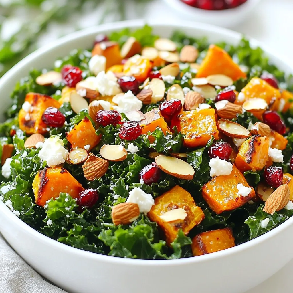 Kale is the star of this dish. You need four cups of fresh kale. First, remove the tough stems. Chop the leaves into bite-sized pieces. This makes it easy to eat and mix with other ingredients. Kale is rich in vitamins. It adds a healthy crunch to your salad. Sweet potatoes bring a warm, sweet flavor. Use one cup of sweet potatoes. Peel and cube them before roasting. Toss the cubes in olive oil, salt, and pepper. Roast them at 400°F for 25-30 minutes. They should be golden and tender. Roasting enhances their sweetness. - 1/2 cup pomegranate seeds, fresh for a burst of juicy flavor - 1/4 cup sliced almonds, toasted for extra crunch - 1/4 cup feta cheese, crumbled for a creamy touch - 1/4 cup dried cranberries, adding a hint of sweetness These add color and texture. Pomegranate seeds are juicy and bright. Almonds give a nice crunch. Feta cheese adds creaminess and tang. Dried cranberries bring sweetness. Together, these ingredients balance the salad. They create a flavorful and nutritious dish. {{ingredient_image_2}} First, preheat your oven to 400°F (200°C). Take your sweet potatoes and peel them. Cut them into small cubes. Place the cubes in a bowl and add a splash of olive oil. Sprinkle with salt and pepper. Toss them well to coat. Spread the cubes out on a baking sheet. Roast them for 25 to 30 minutes. Stir them halfway through to ensure even cooking. When they are golden and tender, take them out and let them cool a bit. Next, grab a large mixing bowl and add the chopped kale. Pour 1 teaspoon of olive oil over the kale. Add a pinch of salt. Now, it’s time to massage the kale. Use your hands to squeeze and rub the leaves gently. Do this for about 3 to 5 minutes. This process softens the kale and makes it easier to eat. The leaves will shrink in size and become tender. In a small bowl or jar, combine the rest of the olive oil, apple cider vinegar, and Dijon mustard. Add salt and pepper to taste. Whisk or shake the mixture well until it is smooth and mixed. Taste the dressing and adjust the seasoning if needed. This dressing will add a bright flavor to the salad. In the bowl with the massaged kale, add the roasted sweet potatoes, fresh pomegranate seeds, toasted sliced almonds, crumbled feta cheese, and dried cranberries. Gently mix everything together. Make sure the kale combines well with all the other ingredients. Each bite will have a little bit of everything. Now, take your prepared dressing and drizzle it evenly over the salad. Use tongs to toss the salad gently. This helps coat all the ingredients with the dressing. Make sure each component gets some flavor. Transfer the colorful salad to a large serving bowl. You can also serve it on individual plates. For a nice touch, top with extra pomegranate seeds and a sprinkle of sliced almonds. The added crunch and color make the salad even more appealing. Enjoy every bite! To make kale tender, you need to massage it. Start with fresh, clean kale. Use your hands to tear the leaves into smaller pieces. Add 1 teaspoon of olive oil and a pinch of salt. Rub the kale between your fingers. Do this for about 3-5 minutes. You will notice the leaves darken and soften. This step makes the kale easier to eat and tastier. Roasting sweet potatoes brings out their natural sweetness. Preheat your oven to 400°F (200°C). Peel and cube the sweet potatoes into bite-sized pieces. Toss them in a bowl with olive oil, salt, and pepper. Spread them evenly on a baking sheet. Roast for 25-30 minutes. Stir halfway through for even cooking. They should be golden and soft when done. Make your dressing ahead of time for quick use. Combine olive oil, apple cider vinegar, Dijon mustard, salt, and pepper in a jar. Shake well to mix. Store the dressing in the fridge for up to a week. Shake again before using. This dressing adds a great tangy flavor to your kale salad. Pro Tips Choose Fresh Kale: Opt for bright green, crisp kale leaves without any wilting or yellowing for the best flavor and texture. Perfectly Roasted Sweet Potatoes: Ensure even cooking by cutting sweet potatoes into uniform cubes and tossing them halfway through roasting. Massage the Kale Well: Take your time when massaging the kale; this not only tenderizes it but also enhances its flavor. Flavor Balance: Adjust the dressing ingredients according to your taste; adding a bit more vinegar or mustard can enhance the salad's tanginess. {{image_4}} You can change some ingredients in the Winter Kale Salad to suit your taste. If you don't like feta cheese, try goat cheese or skip it for a dairy-free option. For the almonds, use walnuts or sunflower seeds for a different crunch. If sweet potatoes are not your favorite, roasted beets add color and a sweet flavor. You can also replace pomegranate seeds with fresh berries, like blueberries or strawberries. This salad is easy to adapt for different diets. For a vegan version, omit the feta cheese or choose a plant-based alternative. Make sure the mustard and other dressings are gluten-free. The salad is naturally gluten-free, so you can enjoy it without worry. If you want a nut-free option, replace the almonds with pumpkin seeds. You can add seasonal ingredients to keep the salad fresh. In winter, try adding roasted Brussels sprouts or sliced apples for a crisp bite. As spring approaches, consider adding fresh herbs like mint or parsley for bright flavor. In summer, fresh corn or cherry tomatoes bring sweetness and color. Make these changes to keep the salad exciting all year round! To store leftovers, place the salad in an airtight container. This keeps it fresh. If you separate the dressing, it will last longer. Store the dressing in a small jar. Keep both in the fridge for best results. I do not recommend freezing this salad. The kale and other fresh ingredients do not freeze well. They lose their texture and flavor. It’s best to enjoy it fresh. If you have leftover roasted sweet potatoes, you can freeze them separately. In the fridge, the salad lasts about 2-3 days. The taste will fade over time. Make sure to check for any signs of spoilage. If it looks or smells off, it’s better to toss it. Enjoy your salad while it is fresh! Yes, you can. Spinach, arugula, or Swiss chard work well. Each green adds its own flavor. If you prefer a milder taste, try using spinach. Arugula gives a peppery kick. Swiss chard brings a slight sweetness. Just wash and prepare them like kale. You can use goat cheese or ricotta for a creamy texture. If you want a vegan option, try avocado. Nutritional yeast also adds a cheesy flavor without dairy. Each choice will give your salad a unique twist. The salad stays fresh for about 2-3 days in the fridge. Store it in an airtight container. If you dress it before storing, it may become soggy. Keep the dressing separate until ready to eat for best results. Yes, you can prepare most parts in advance. Roast the sweet potatoes and store them. You can also wash and chop the kale. Just wait to add the dressing until you are ready to serve. This will keep everything crisp and fresh. This blog shared how to make a fresh and tasty salad. We looked at key ingredients like kale, sweet potatoes, and fun extras like pomegranate seeds and feta. You learned step-by-step how to prepare each part. I shared tips for great results, variations for different diets, and how to store leftovers. A fresh salad boosts health and taste. Try different ingredients to keep it fun! Enjoy the process and make it yours.