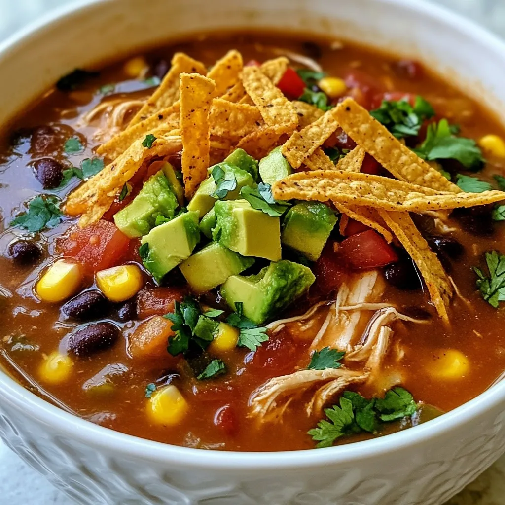 - 1 pound boneless, skinless chicken breasts - 1 can (15 oz) black beans, drained and rinsed - 1 can (15 oz) corn kernels, drained - 1 can (14.5 oz) diced tomatoes with green chilies - 4 cups chicken broth - 1 medium onion, diced - 2 cloves garlic, minced - 1 teaspoon chili powder - 1 teaspoon cumin - ½ teaspoon smoked paprika - 1 lime, juiced - Salt and pepper to taste The main ingredients in this soup bring a lot of flavor. First, the chicken adds protein and sweetness. It cooks quickly in the Instant Pot and stays juicy. The black beans and corn add texture and a nice contrast. They make the soup hearty. Diced tomatoes with green chilies give it a mild kick and a bright color. The spices like chili powder, cumin, and smoked paprika boost the taste. They create a warm, inviting aroma that fills your kitchen. - Avocado - Tortilla strips - Cheese and cilantro Garnishes are a fun way to make your soup special. Diced avocado adds creaminess and a fresh taste. You can use store-bought or homemade tortilla strips for crunch. They give your soup a classic touch. Shredded cheese melts nicely on top, adding richness. Fresh cilantro provides a vibrant finish and a burst of flavor. You can pick and choose your favorites to make the soup your own! {{ingredient_image_2}} Sautéing Onions and Garlic Start by turning on the sauté setting on your Instant Pot. Add a splash of oil once the pot is hot. Toss in the diced onion and sauté for about 3 to 4 minutes. Wait until the onions look soft and smell great. Then, add the minced garlic and cook for another minute. This step brings out the rich aroma in your soup. Seasoning the Chicken While the onions and garlic cook, grab the chicken. Season both sides with salt, pepper, chili powder, cumin, and smoked paprika. This mix adds a depth of flavor. Once seasoned, place the chicken in the pot. Make sure it sits among the sautéed onions and garlic for a tasty blend. Adding Ingredients to the Pot Next, it’s time to add more ingredients. Pour in 4 cups of chicken broth. Then, add the can of diced tomatoes with their juices. Next, stir in the drained black beans and corn. Gently mix everything together, but don’t disturb the chicken too much. This helps keep the chicken juicy. Setting the Cooking Function Close the lid tightly on the Instant Pot. Ensure the valve is set to sealing. Select the high-pressure cooking function and set the timer for 15 minutes. This cooking time is perfect for tender chicken and flavorful broth. Shredding the Chicken When the cooking cycle is done, carefully do a quick release to let the steam out. Wait until the steam stops before opening the lid. Use tongs to take out the chicken breasts. Place them on a cutting board and shred them with two forks. Then, return the shredded chicken back into the pot. Mix it well with the soup. Adding Lime Juice and Adjusting Seasoning Squeeze the juice from one lime into the pot. This adds a fresh, zesty flavor. Stir everything together again. Taste your soup and adjust with more salt and pepper if needed. This step is key for making the flavors pop. Enjoy your delicious Instant Pot Chicken Tortilla Soup! - Best practices for sautéing: Start with a hot pot. Add a bit of oil before the onions. This helps them cook evenly. Cook the onions until they are soft and shiny. This step makes the soup taste great. Add garlic next. This brings out a nice aroma. - Ensuring the right consistency: Make sure you add enough chicken broth. This helps the soup stay soupy. If it gets too thick, add more broth or water. You want a mix that is rich but not too thick. - Adding extra spices: While the soup cooks, you can boost flavor. Try adding a touch more chili powder or cumin. If you like heat, add some cayenne pepper. Just a little goes a long way! - Using fresh ingredients: Fresh lime juice gives the soup a bright taste. Always use fresh cilantro for garnish. It adds color and flavor. Fresh veggies like bell peppers can also add a nice crunch. - Presentation ideas: Ladle the soup into colorful bowls. Top with crispy tortilla strips and diced avocado. A sprinkle of cheese makes it look gourmet. Add lime wedges on the side for a pop of color and flavor. - Pairing options for a complete meal: Serve with a side of warm bread or chips. A simple green salad can balance the soup. This way, you have a hearty and satisfying meal. Pro Tips Use Fresh Ingredients: Fresh herbs and vegetables can elevate the flavor profile of your soup, making it taste vibrant and delicious. Customize the Heat: Adjust the level of spiciness by adding more chili powder or including fresh jalapeños for an extra kick! Let it Rest: Allowing the soup to sit for a few minutes after cooking helps the flavors meld together for a more cohesive taste. Garnish Generously: Don't skimp on toppings! A good amount of avocado, cheese, and cilantro adds texture and flavor to your bowl. {{image_4}} You can swap chicken for turkey in this recipe. Turkey gives the soup a nice flavor. If you want a vegetarian dish, use beans or lentils. Both options keep the soup filling and tasty. Want to add more veggies? Try bell peppers, zucchini, or carrots. These veggies add color and crunch. You can mix them in when you sauté the onions. This step helps them cook well and blend with the soup’s flavor. If you like heat, add jalapeños or serrano peppers. Chop them finely and toss them in while cooking. You can also use hot sauce for extra spice. Start with a little and taste as you go. Adjust to find your perfect heat level. To store leftovers, cool the soup first. Place it in an airtight container. You can keep it in the fridge for up to three days. Be sure to allow it to cool before sealing. This helps maintain its great taste and texture. If you want to store the soup longer, freezing is a good option. Use freezer-safe bags or containers. Leave some space for expansion, as liquids expand when frozen. The soup can last up to three months in the freezer. Label the bags with the date for easy tracking. When it’s time to enjoy your soup again, reheating is easy. You can use the stove or microwave. For the stove, heat it over medium heat until warm. Stir it often to keep the flavor even. If using the microwave, heat in short bursts, stirring in between. This way, you keep the taste just right. Yes, you can use frozen chicken. Just add a few extra minutes to the cooking time. Set the timer for about 20 minutes instead of 15. The soup will still come out tasty! To spice things up, add diced jalapeños or a splash of hot sauce. You can also increase the chili powder to your taste. Remember to start with a little. You can always add more heat! You can make this soup in advance. Just store it in an airtight container in the fridge. It will stay fresh for 3 to 4 days. When you're ready to eat, heat it on the stove or in the microwave. The flavors will blend even better over time! This blog post covered how to make a tasty chicken soup in the Instant Pot. We discussed main ingredients like chicken, beans, and spices. I shared tips for cooking, enhancing flavors, and serving ideas. You can try variations with different proteins or add more veggies. Remember, this soup is easy to store and reheat. With these steps, you can enjoy a quick and satisfying meal anytime. Enjoy your cooking adventure!