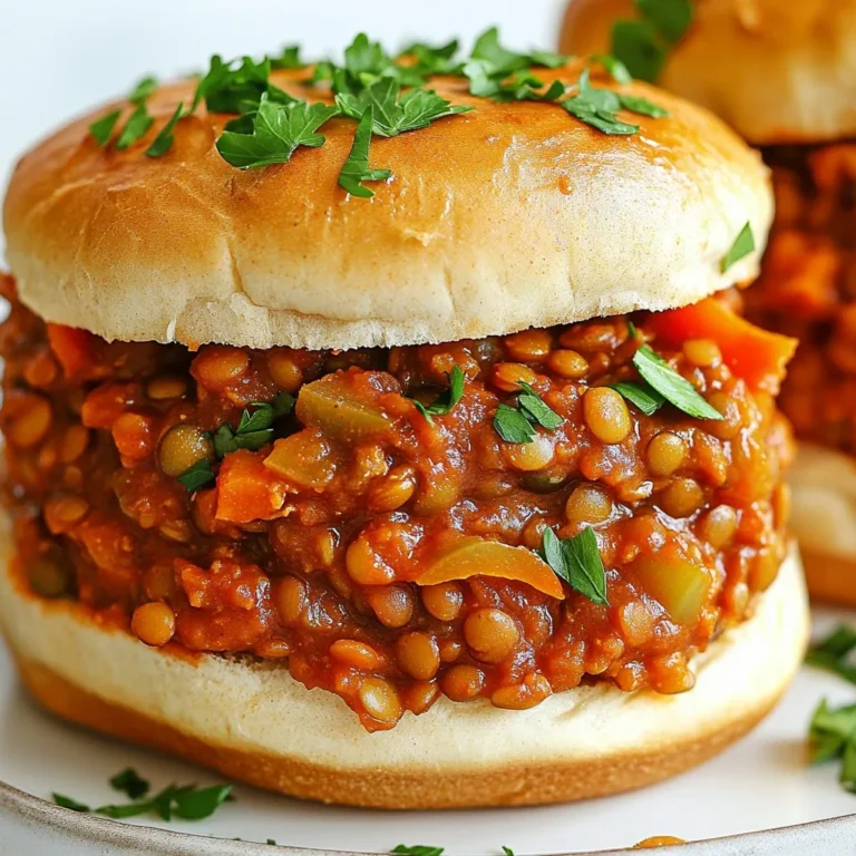 - 1 cup green or brown lentils, thoroughly rinsed - 2 cups vegetable broth - 1 tablespoon olive oil - 1 small onion, finely diced - 2 cloves garlic, minced - 1 bell pepper, diced (red or green) - 1 medium-sized carrot, coarsely grated - 1 can (15 oz) of tomato sauce - 2 tablespoons of tomato paste - 1 tablespoon of maple syrup Lentils are the star here. They add protein and fiber, making this dish filling. Vegetable broth keeps the lentils moist and adds flavor. Olive oil helps sauté the veggies, giving them a nice texture. Onions, garlic, and bell peppers create a strong base for our sloppy joes. Don't forget the grated carrot for a touch of sweetness. - 1 tablespoon of apple cider vinegar - 1 tablespoon of vegan Worcestershire sauce - 1 teaspoon of smoked paprika - 1/2 teaspoon of chili powder - Salt and black pepper to taste - Whole grain burger buns for serving - Fresh parsley, finely chopped, for garnish The apple cider vinegar and vegan Worcestershire sauce add depth to the dish. Smoked paprika gives it a warm, smoky flavor. Chili powder adds a bit of spice, which you can adjust to your taste. Salt and pepper round out the flavors. Serve on whole grain buns for a healthy touch, and don't forget fresh parsley for a pop of color and freshness. {{ingredient_image_2}} 1. Start by placing 1 cup of rinsed lentils in a medium pot. 2. Add 2 cups of vegetable broth to the pot. 3. Bring the mixture to a boil over high heat. 4. Once boiling, lower the heat and simmer uncovered for 20 to 25 minutes. 5. Cook until the lentils are tender but still firm. 6. Drain any excess liquid and set the lentils aside. 1. In a large skillet, heat 1 tablespoon of olive oil over medium heat. 2. Add 1 finely diced onion and sauté for about 2 to 3 minutes. 3. Cook until the onion is translucent and fragrant. 4. Now, add 2 minced garlic cloves, 1 diced bell pepper, and 1 grated carrot. 5. Sauté these for another 3 to 4 minutes until they soften. 1. Stir in the cooked lentils with the sautéed vegetables. 2. Add 1 can of tomato sauce, 2 tablespoons of tomato paste, and 1 tablespoon of maple syrup. 3. Pour in 1 tablespoon of apple cider vinegar and 1 tablespoon of vegan Worcestershire sauce. 4. Sprinkle in 1 teaspoon of smoked paprika and 1/2 teaspoon of chili powder. 5. Add salt and black pepper to taste. 6. Mix everything well until combined. 7. Lower the heat and let it simmer for 10 to 15 minutes. 8. Stir occasionally and taste to adjust seasonings as needed. To cook lentils, start by rinsing them well. This helps remove any dust or debris. Place the rinsed lentils in a pot with vegetable broth. Bring this mix to a boil, then lower the heat and let it simmer. For green or brown lentils, cook for about 20 to 25 minutes. If you use red lentils, reduce the time to about 15 minutes. Always check your lentils. They should be tender but not mushy. To make your lentil sloppy joes even tastier, add spices like cumin or oregano. A pinch of cayenne can add heat, while a touch of garlic powder gives depth. If you want more sweetness, increase the maple syrup slightly. For acidity, a bit more apple cider vinegar brightens the flavors. Taste as you go. Adjust until it feels just right. Toasting your burger buns adds a nice crunch. You can use a toaster or broil them in the oven for a minute or two. Serve your lentil mixture on the toasted buns. For a complete meal, pair them with carrot sticks or a fresh salad. This adds color and extra nutrients to your plate. Enjoy the flavors and textures together! Pro Tips Soaking Lentils: For a quicker cooking time and improved digestibility, consider soaking lentils in water for a few hours before cooking. Flavor Enhancements: Experiment with additional spices like cumin or oregano for a more complex flavor profile in your Sloppy Joes. Texture Variations: If you prefer a smoother texture, pulse the lentil mixture in a food processor for a few seconds before serving. Make Ahead: This lentil filling can be made in advance and stored in the refrigerator for up to 3 days, making it perfect for meal prepping! {{image_4}} You can switch lentils for other proteins. Chickpeas are a great choice. They add a nice texture and taste. Black beans also work well, bringing a rich flavor. For extra crunch, try adding tempeh or quinoa. Tempeh gives a hearty bite, while quinoa adds lightness. Each option brings a unique twist to your sloppy joes. Want more heat? Add jalapeños to the mix. They pack a punch and enhance the flavor. If you prefer sweet and savory, swap maple syrup for agave. You can also try different syrups like date syrup for a rich taste. Adjust these spices to fit your mood and your guests’ preferences. If you're gluten-free, choose gluten-free burger buns. Many tasty options are available in stores now. You can also use low-sodium vegetable broth. This keeps your dish healthier and lets you control the saltiness. These small changes can make this meal fit your dietary needs without losing flavor. To store leftover lentil sloppy joes, first let them cool down. Place them in an airtight container. They can stay fresh in your fridge for about 3 to 5 days. Always check for signs of spoilage before eating. This helps you enjoy them longer without waste. To freeze the lentil mixture, let it cool completely. Then, transfer it to a freezer-safe container or a zip-top bag. Make sure to remove excess air before sealing. The mixture can last in the freezer for about 3 months. When ready to eat, thaw it overnight in the fridge. Reheat it on the stove or in the microwave until hot. For quick meals, you can prepare the lentil mixture in advance. Store it in individual portions. Use clear containers to see what’s inside. Label each container with the date and contents. This makes it easy to grab a meal when you need it. Yes, you can make this lentil sloppy joe mix ahead of time. It stores well in the fridge. To prepare in advance, cook the lentils and mix them with the sauce. Let the filling cool, then place it in an airtight container. You can also toast the buns just before serving for the best taste. The lentil sloppy joes last about 4 to 5 days in the fridge. Make sure to store them properly in a sealed container. If you have leftover filling, you can keep it separate from the buns to maintain their crispness. Always check for any signs of spoilage before eating. Absolutely! You can swap ingredients based on your taste or what you have. For lentils, you can use canned lentils for faster prep. If you’re out of bell pepper, try zucchini or mushrooms. Maple syrup can be replaced with agave or brown sugar. Get creative and use what you love! This blog post covers making delicious lentil sloppy joes. You learned about main ingredients like lentils and vegetables. We also explored tips for cooking perfect lentils and enhancing flavor with spices. Variations included using different proteins and dietary modifications. Lastly, we discussed storage methods for leftovers and meal prep tips. Enjoy making this dish that is hearty and flexible. With these easy steps, you can create a satisfying meal. Don't forget to try different variations to suit your taste!