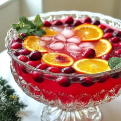 To make Sparkling Cranberry Punch, you need the following ingredients: - 4 cups unsweetened cranberry juice - 2 cups sparkling water or club soda - 1 cup freshly squeezed orange juice - 1/2 cup simple syrup (adjust based on your sweetness preference) - 1 cup fresh cranberries (for garnish) - 1 orange, sliced into rounds (for garnish) - A handful of fresh mint leaves (for garnish) - Ice cubes You can easily swap some ingredients if needed. Instead of unsweetened cranberry juice, use cranberry cocktail juice for added sweetness. If you want a fizzy option, tonic water works great in place of sparkling water. You can also use store-bought orange juice instead of fresh juice. For a lower-calorie option, try a sugar substitute in place of simple syrup. Fresh cranberries can be switched for frozen cranberries, but they won’t float as well in the punch. Garnishes add beauty and flavor. Fresh cranberries look lovely and are fun to eat. Sliced oranges add a bright color and a citrusy taste. Mint leaves not only smell great but also give a refreshing touch. For an extra flair, you can rim your glasses with sugar or salt. This little detail makes each glass feel special and festive. {{ingredient_image_2}} To start, gather your ingredients. You will need four cups of unsweetened cranberry juice. Next, measure two cups of sparkling water or club soda. Freshly squeeze one cup of orange juice. Keep half a cup of simple syrup at hand. You also need one cup of fresh cranberries, one orange for slicing, and a handful of mint leaves. Don’t forget the ice cubes! Once you have everything, pour the cranberry juice, orange juice, and simple syrup into a large punch bowl. Use a ladle or a whisk to mix the liquids well. This step is key for a balanced flavor. Now it’s time to add the sparkling water or club soda. Pour it in slowly to keep the bubbles intact. Stir gently. This helps the drink stay fizzy. Adding the ice cubes comes next. Fill the bowl with ice to keep the punch cold. Then, toss in the fresh cranberries and sliced orange rounds. This not only boosts the taste but also makes the punch look beautiful. Finally, sprinkle fresh mint leaves on top. This adds a lovely aroma. To serve, use clear glasses. This lets everyone see the vibrant colors. Each glass should have a few floating cranberries and a slice of orange. This makes the drink look elegant. For an extra festive touch, add a mint sprig to each glass. It gives a pop of green. Enjoy your sparkling cranberry punch! You can change how sweet your punch is. Start with 1/2 cup of simple syrup. Mix well, then taste. If you want it sweeter, add more syrup slowly. If it’s too sweet, add more cranberry juice. This balance will make your drink just right for everyone! Want to mix it up? Add a splash of pineapple juice for a tropical twist. You can also try adding a few slices of fresh ginger. It gives a nice kick. Another option is to toss in some pomegranate seeds. They add color and a burst of flavor! Serving matters! Use clear glasses to show off the drink's vibrant colors. Add ice cubes to keep it cool. Top each glass with a slice of orange and a few cranberries. For a fun touch, place a mint leaf on top. This makes each glass look special and inviting! Pro Tips Adjust Sweetness: Taste the punch before serving and adjust the simple syrup based on your preference for sweetness. Chill Ingredients: For an extra refreshing punch, chill all ingredients beforehand, including the cranberry juice and sparkling water. Garnish Wisely: Use additional garnishes like lime slices or edible flowers for a unique touch and added flavor. Make It a Mocktail: For a non-alcoholic version, stick with the current recipe. For an adult version, consider adding vodka or rum to the mix. {{image_4}} You can easily turn this punch into a fun cocktail. Adding vodka or rum gives it a nice kick. For a sweeter taste, consider using flavored vodka, like orange or berry. Start with 1 to 2 cups of your chosen spirit. Mix it in with the juices before adding the sparkling water. This blend keeps the refreshing taste while adding some cheer. Feel free to play with flavors based on the season! In winter, add cinnamon sticks or star anise for warmth. In summer, swap cranberry juice with fresh watermelon juice. You can also use fresh berries or peaches for a fruity twist. Each change brings a new taste, making it exciting to serve. This punch is perfect for everyone! For a non-alcoholic version, simply skip the alcohol. The mix of cranberry juice and orange juice is sweet and tangy. You can also add ginger ale or lemon-lime soda for extra fizz. This makes it bubbly and fun for kids and adults alike. Garnish with fruit and mint to make it look festive. Everyone will love this refreshing drink! You can store leftover Sparkling Cranberry Punch in the fridge. Use an airtight container to keep it fresh. If you don't have a container, cover the bowl tightly with plastic wrap. It will last for about two days. The flavors may change after a day, but it will still taste good. Reheating is not ideal for this punch. You want to keep the bubbles fizzy. If the punch gets warm, add ice cubes to cool it down. It’s best served cold and refreshing. To keep your punch fresh, add the sparkling water just before serving. This keeps the bubbles lively. Store the juice mixture separately if you plan to keep it longer. Add garnishes like fresh cranberries and orange slices right before serving to ensure they stay vibrant. Yes, you can prep the punch a few hours early. Mix the juices and syrup first. Add the sparkling water right before serving. This keeps the bubbles fresh and lively. If you want a change, use pomegranate juice or cherry juice. These juices give a nice color and taste. You can also mix different juices for a unique flavor. To make a bigger batch, simply multiply the ingredients. For example, use 8 cups of cranberry juice and 4 cups of sparkling water. Make sure to keep the ratio consistent. This way, everyone can enjoy a refreshing drink! This blog post covered everything you need to know for making Sparkling Cranberry Punch. We listed all the ingredients, provided substitutions, and shared tips for garnishes. You learned step-by-step instructions for preparation and mixing techniques to get the perfect fizz. We discussed adjusting sweetness and presented fun variations for all ages. With these tips, you can impress your guests with a tasty punch. Enjoy experimenting and serving this refreshing drink at your next gathering!