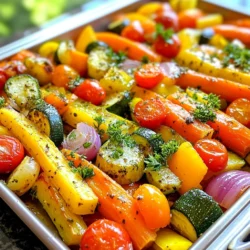 - 2 medium carrots, sliced into sticks - 1 medium zucchini, chopped into half-moons - 1 bell pepper (your choice of color), diced - 1 large red onion, cut into wedges - 1 cup cherry tomatoes, halved - 3 tablespoons extra virgin olive oil - 4 cloves garlic, finely minced - 1 teaspoon dried oregano - 1 teaspoon dried thyme - 1 teaspoon sea salt - &frac12; teaspoon freshly ground black pepper - Fresh parsley, finely chopped The key to great Garlic Herb Roasted Vegetables lies in using fresh and colorful veggies. Carrots add natural sweetness, while zucchini brings a soft texture. Choose a bell pepper that you love; it adds both color and crunch. Red onions give a nice bite, and cherry tomatoes burst with flavor when roasted. When it comes to seasonings, the olive oil coats everything in rich flavor. Garlic is essential for that savory kick. Oregano and thyme bring warmth and depth. Sea salt and black pepper enhance all the natural flavors. Lastly, don&rsquo;t forget the fresh parsley! It adds a bright touch and makes the dish pop. Preparing these ingredients is fun and sets the stage for a tasty meal. Enjoy the process of chopping and mixing as much as you will enjoy eating the final dish! {{ingredient_image_2}} - First, preheat your oven to 425&deg;F (220&deg;C). This hot temperature helps the veggies roast well. - Next, prepare the vegetables. Slice two medium carrots into sticks. Chop one medium zucchini into half-moons. Dice one bell pepper, any color you like. Cut one large red onion into wedges. Halve one cup of cherry tomatoes. Try to keep the cuts even for the best cooking. - Now, let&rsquo;s mix the seasoning. In a small bowl, combine three tablespoons of extra virgin olive oil, four minced garlic cloves, one teaspoon of dried oregano, one teaspoon of dried thyme, one teaspoon of sea salt, and half a teaspoon of black pepper. This mix gives the vegetables great flavor. - Pour this herb-infused oil over the vegetables in your large bowl. Toss them gently but well. Make sure every piece is coated with that tasty oil mixture. - Spread the seasoned vegetables in a single layer on a baking sheet lined with parchment paper. Don&rsquo;t overcrowd them; this helps them roast evenly. - Place the baking sheet in the preheated oven and roast for 25 to 30 minutes. Halfway through, stir the vegetables to help them cook evenly and get golden brown. - When they are fork-tender and look delicious, take the baking sheet out. Let the vegetables cool slightly before serving. Garnish with fresh parsley for a pop of color. Enjoy your tasty garlic herb roasted vegetables! To get the best roast, cut your veggies into similar sizes. This way, they cook at the same time. For instance, slice carrots into sticks and cut zucchini into half-moons. When the pieces are uniform, they roast evenly. Avoid overcrowding the baking sheet. If the veggies are too close, they will steam instead of roast. This means you won't get that nice, crispy exterior. Use two sheets if needed to give them space. To boost flavor, consider adding fresh herbs like rosemary or basil. These can add a nice twist to the dish. You can also try adding a splash of lemon juice or balsamic vinegar for extra zing. Marinating the veggies in the herb oil for 30 minutes can deepen the flavor. Just toss them in the oil mix before roasting and let them sit. This step makes a big difference. Roasted vegetables go well with many dips. Try serving them with tzatziki or hummus for a tasty treat. You can also pair them with grilled chicken or fish for a full meal. For a nice presentation, transfer the roasted veggies to a colorful platter. Garnish with fresh parsley for a pop of color. This not only looks good but also adds a fresh taste. Pro Tips Cut Evenly: Ensuring all vegetables are cut to a similar size will promote even cooking and caramelization. Use Fresh Herbs: If available, substitute dried herbs with fresh ones for a more vibrant and aromatic flavor. High Heat Roasting: Roasting at a high temperature helps achieve that perfect golden-brown exterior while keeping the inside tender. Don't Overcrowd the Pan: Giving the vegetables enough space on the baking sheet allows them to roast rather than steam, enhancing flavor and texture. {{image_4}} To make the most of your garlic herb roasted vegetables, use seasonal produce. Fresh vegetables taste better and add variety to your meals. For spring, think of asparagus or radishes. In summer, use ripe tomatoes or corn. Fall brings sweet potatoes and Brussels sprouts, while winter offers hearty root veggies like parsnips. If you can&rsquo;t find a specific vegetable, substitutions work great. Swap zucchini for yellow squash or use sweet bell peppers instead of red onions. This way, you can keep your dish fresh and exciting. You can add spices to change the flavor. Try a pinch of smoked paprika for warmth or cumin for a hint of earthiness. These spices add depth and make the dish pop. Also, explore different oils and vinegars. Use avocado oil for a rich taste or sesame oil for a nutty flavor. Adding balsamic vinegar can give a sweet tang that brightens up the vegetables. If you follow a vegan or paleo diet, this recipe is perfect. It contains no animal products and focuses on whole foods. You can easily replace the olive oil with coconut oil for a paleo-friendly option. For those watching their sodium, try low-sodium salt or omit it entirely. The herbs and spices will still give you a lot of flavor. Adjusting these elements makes the dish suitable for everyone while keeping it tasty. To keep your roasted veggies fresh, store them in the fridge. Place them in an airtight container. This helps prevent moisture loss. You can also use a glass or plastic storage bowl. Just make sure it has a lid. Leftovers stay tasty for up to three days. You can reheat your veggies in the oven or microwave. For the oven, set it to 350&deg;F (175&deg;C). Spread the veggies on a baking sheet. Heat them for about 10-15 minutes. This keeps them crispy. In the microwave, place them in a safe dish. Heat in 30-second bursts. Stir in between to avoid sogginess. If you want to freeze your roasted veggies, let them cool first. Then, pack them in freezer-safe bags. Try to remove as much air as possible. This helps prevent freezer burn. They can last for up to three months in the freezer. When you&rsquo;re ready to eat them, thaw in the fridge overnight. Reheat in the oven for the best texture. You can prepare Garlic Herb Roasted Vegetables ahead of time. Start by washing and cutting your veggies. Store them in a bowl with the olive oil and seasonings. Cover the bowl with plastic wrap and keep it in the fridge. You can do this up to 24 hours in advance. This saves time on a busy day. Just roast the veggies when you're ready. To reheat roasted vegetables, the oven is best. Preheat your oven to 350&deg;F (175&deg;C). Spread the veggies on a baking sheet and heat for 10-15 minutes. This keeps them crispy. You can use a microwave, but the veggies may become soggy. If you choose the microwave, heat for 1-2 minutes at a time. Stir in between to ensure even heating. Yes, you can use many other vegetables. Try using sweet potatoes, broccoli, or asparagus. Cauliflower and Brussels sprouts also work well. Just cut them into similar sizes. Keep the same oil and herb mix for the best flavor. Be creative and mix your favorites! Roasting fresh vegetables is simple and rewarding. We explored key ingredients like carrots, zucchini, and bell peppers, along with flavorful seasonings that elevate the dish. I shared easy steps for prepping, mixing, and roasting. Tips ensured even cooking and more flavor. You can also try various ingredients to suit your taste. In conclusion, you can enjoy customizing this dish and making it your own. Let your creativity shine while cooking. Healthy and delicious meals can be quick and easy. Now, it&rsquo;s time to try roasting those vegetables!