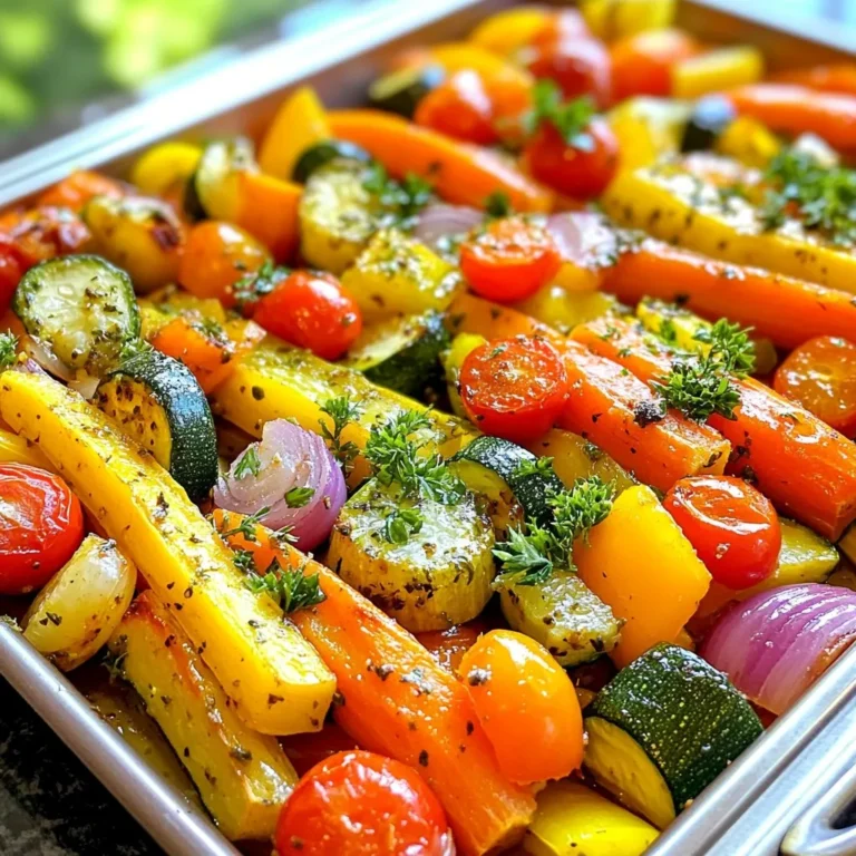 - 2 medium carrots, sliced into sticks - 1 medium zucchini, chopped into half-moons - 1 bell pepper (your choice of color), diced - 1 large red onion, cut into wedges - 1 cup cherry tomatoes, halved - 3 tablespoons extra virgin olive oil - 4 cloves garlic, finely minced - 1 teaspoon dried oregano - 1 teaspoon dried thyme - 1 teaspoon sea salt - ½ teaspoon freshly ground black pepper - Fresh parsley, finely chopped The key to great Garlic Herb Roasted Vegetables lies in using fresh and colorful veggies. Carrots add natural sweetness, while zucchini brings a soft texture. Choose a bell pepper that you love; it adds both color and crunch. Red onions give a nice bite, and cherry tomatoes burst with flavor when roasted. When it comes to seasonings, the olive oil coats everything in rich flavor. Garlic is essential for that savory kick. Oregano and thyme bring warmth and depth. Sea salt and black pepper enhance all the natural flavors. Lastly, don’t forget the fresh parsley! It adds a bright touch and makes the dish pop. Preparing these ingredients is fun and sets the stage for a tasty meal. Enjoy the process of chopping and mixing as much as you will enjoy eating the final dish! {{ingredient_image_2}} - First, preheat your oven to 425°F (220°C). This hot temperature helps the veggies roast well. - Next, prepare the vegetables. Slice two medium carrots into sticks. Chop one medium zucchini into half-moons. Dice one bell pepper, any color you like. Cut one large red onion into wedges. Halve one cup of cherry tomatoes. Try to keep the cuts even for the best cooking. - Now, let’s mix the seasoning. In a small bowl, combine three tablespoons of extra virgin olive oil, four minced garlic cloves, one teaspoon of dried oregano, one teaspoon of dried thyme, one teaspoon of sea salt, and half a teaspoon of black pepper. This mix gives the vegetables great flavor. - Pour this herb-infused oil over the vegetables in your large bowl. Toss them gently but well. Make sure every piece is coated with that tasty oil mixture. - Spread the seasoned vegetables in a single layer on a baking sheet lined with parchment paper. Don’t overcrowd them; this helps them roast evenly. - Place the baking sheet in the preheated oven and roast for 25 to 30 minutes. Halfway through, stir the vegetables to help them cook evenly and get golden brown. - When they are fork-tender and look delicious, take the baking sheet out. Let the vegetables cool slightly before serving. Garnish with fresh parsley for a pop of color. Enjoy your tasty garlic herb roasted vegetables! To get the best roast, cut your veggies into similar sizes. This way, they cook at the same time. For instance, slice carrots into sticks and cut zucchini into half-moons. When the pieces are uniform, they roast evenly. Avoid overcrowding the baking sheet. If the veggies are too close, they will steam instead of roast. This means you won't get that nice, crispy exterior. Use two sheets if needed to give them space. To boost flavor, consider adding fresh herbs like rosemary or basil. These can add a nice twist to the dish. You can also try adding a splash of lemon juice or balsamic vinegar for extra zing. Marinating the veggies in the herb oil for 30 minutes can deepen the flavor. Just toss them in the oil mix before roasting and let them sit. This step makes a big difference. Roasted vegetables go well with many dips. Try serving them with tzatziki or hummus for a tasty treat. You can also pair them with grilled chicken or fish for a full meal. For a nice presentation, transfer the roasted veggies to a colorful platter. Garnish with fresh parsley for a pop of color. This not only looks good but also adds a fresh taste. Pro Tips Cut Evenly: Ensuring all vegetables are cut to a similar size will promote even cooking and caramelization. Use Fresh Herbs: If available, substitute dried herbs with fresh ones for a more vibrant and aromatic flavor. High Heat Roasting: Roasting at a high temperature helps achieve that perfect golden-brown exterior while keeping the inside tender. Don't Overcrowd the Pan: Giving the vegetables enough space on the baking sheet allows them to roast rather than steam, enhancing flavor and texture. {{image_4}} To make the most of your garlic herb roasted vegetables, use seasonal produce. Fresh vegetables taste better and add variety to your meals. For spring, think of asparagus or radishes. In summer, use ripe tomatoes or corn. Fall brings sweet potatoes and Brussels sprouts, while winter offers hearty root veggies like parsnips. If you can’t find a specific vegetable, substitutions work great. Swap zucchini for yellow squash or use sweet bell peppers instead of red onions. This way, you can keep your dish fresh and exciting. You can add spices to change the flavor. Try a pinch of smoked paprika for warmth or cumin for a hint of earthiness. These spices add depth and make the dish pop. Also, explore different oils and vinegars. Use avocado oil for a rich taste or sesame oil for a nutty flavor. Adding balsamic vinegar can give a sweet tang that brightens up the vegetables. If you follow a vegan or paleo diet, this recipe is perfect. It contains no animal products and focuses on whole foods. You can easily replace the olive oil with coconut oil for a paleo-friendly option. For those watching their sodium, try low-sodium salt or omit it entirely. The herbs and spices will still give you a lot of flavor. Adjusting these elements makes the dish suitable for everyone while keeping it tasty. To keep your roasted veggies fresh, store them in the fridge. Place them in an airtight container. This helps prevent moisture loss. You can also use a glass or plastic storage bowl. Just make sure it has a lid. Leftovers stay tasty for up to three days. You can reheat your veggies in the oven or microwave. For the oven, set it to 350°F (175°C). Spread the veggies on a baking sheet. Heat them for about 10-15 minutes. This keeps them crispy. In the microwave, place them in a safe dish. Heat in 30-second bursts. Stir in between to avoid sogginess. If you want to freeze your roasted veggies, let them cool first. Then, pack them in freezer-safe bags. Try to remove as much air as possible. This helps prevent freezer burn. They can last for up to three months in the freezer. When you’re ready to eat them, thaw in the fridge overnight. Reheat in the oven for the best texture. You can prepare Garlic Herb Roasted Vegetables ahead of time. Start by washing and cutting your veggies. Store them in a bowl with the olive oil and seasonings. Cover the bowl with plastic wrap and keep it in the fridge. You can do this up to 24 hours in advance. This saves time on a busy day. Just roast the veggies when you're ready. To reheat roasted vegetables, the oven is best. Preheat your oven to 350°F (175°C). Spread the veggies on a baking sheet and heat for 10-15 minutes. This keeps them crispy. You can use a microwave, but the veggies may become soggy. If you choose the microwave, heat for 1-2 minutes at a time. Stir in between to ensure even heating. Yes, you can use many other vegetables. Try using sweet potatoes, broccoli, or asparagus. Cauliflower and Brussels sprouts also work well. Just cut them into similar sizes. Keep the same oil and herb mix for the best flavor. Be creative and mix your favorites! Roasting fresh vegetables is simple and rewarding. We explored key ingredients like carrots, zucchini, and bell peppers, along with flavorful seasonings that elevate the dish. I shared easy steps for prepping, mixing, and roasting. Tips ensured even cooking and more flavor. You can also try various ingredients to suit your taste. In conclusion, you can enjoy customizing this dish and making it your own. Let your creativity shine while cooking. Healthy and delicious meals can be quick and easy. Now, it’s time to try roasting those vegetables!