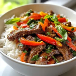 To make Spicy Thai Basil Beef, you will need: - 1 lb (450g) flank steak, thinly sliced against the grain - 2 tablespoons vegetable oil - 4 cloves garlic, minced - 2-3 Thai bird’s eye chilies, sliced - 1 red bell pepper, julienned - 1 cup fresh Thai basil leaves, packed - 3 tablespoons soy sauce - 2 tablespoons oyster sauce - 1 tablespoon fish sauce - 1 teaspoon sugar - Cooked jasmine rice, for serving If you want to add more depth to the dish, consider these: - Sliced green onions for garnish - A splash of lime juice for brightness - Crushed peanuts for a crunchy texture - A sprinkle of sesame seeds For a complete meal, serve Spicy Thai Basil Beef with: - Fluffy jasmine rice to soak up the sauce - A side of steamed vegetables like broccoli or bok choy - Fresh cucumber slices for a refreshing crunch - Thai chili sauce for those who love extra heat These ingredients work together to create vibrant flavors that make this dish a favorite! Enjoy cooking and experimenting to find what you love most. {{ingredient_image_2}} To start, take 1 pound of flank steak and slice it thin. Make sure to cut against the grain. In a mixing bowl, add the sliced beef. Pour in 3 tablespoons of soy sauce, 2 tablespoons of oyster sauce, and 1 tablespoon of fish sauce. Add 1 teaspoon of sugar for a hint of sweetness. Mix it well. Let the beef marinate for about 15 minutes. This step makes the meat tender and juicy. Now, heat 2 tablespoons of vegetable oil in a large skillet or wok. Keep the heat at medium-high. Once the oil shimmers, it’s time to add flavor. Toss in 4 minced garlic cloves and 2-3 sliced Thai bird’s eye chilies. Stir-fry this mixture for about 30 seconds. You want the garlic to be fragrant but not burnt. The chilies will add heat, which you can adjust based on your taste. Next, add the marinated beef to your skillet. Spread it out in a single layer. Don’t stir it just yet! Let it sear for 1-2 minutes. This creates a nice brown crust. After searing, stir-fry the beef for 3-4 minutes until it’s nearly cooked. Then, add in 1 red bell pepper, julienned into strips. Cook everything for another 2 minutes. Stir often to mix all the flavors. Finally, take the skillet off the heat and fold in 1 cup of fresh Thai basil leaves. The heat will wilt the basil perfectly. Enjoy your spicy Thai basil beef on jasmine rice. Marinating is key to great flavor. Use a bowl to mix soy sauce, oyster sauce, fish sauce, and sugar. Add the sliced flank steak and coat it well. Let it sit for 15 minutes. This step helps to tenderize the meat and boosts the taste. Searing gives the beef a nice crust. Heat your skillet over medium-high heat until the oil shimmers. Add the marinated beef in a single layer. Don’t move it for 1-2 minutes. This allows the outside to brown. Once seared, stir-fry for a few more minutes. This method locks in juices and flavor. Fresh herbs add brightness. Once the beef cooks, remove the skillet from heat. Gently fold in the Thai basil leaves. The heat will wilt them without losing their flavor. This step keeps the dish fresh and fragrant. Enjoy the burst of flavor they bring! Pro Tips Marinate for Flavor: Allowing the beef to marinate for at least 15 minutes helps to tenderize the meat and infuse it with the rich flavors of the sauces. Control the Heat: Adjust the amount of Thai bird’s eye chilies based on your heat preference. Start with fewer chilies and add more if you desire an extra kick. Use Fresh Basil: Always opt for fresh Thai basil for the best flavor. It adds a unique aroma and taste that dried herbs simply cannot replicate. Perfect Rice: Serve this dish with perfectly cooked jasmine rice, which balances the spiciness and richness of the beef, soaking up all the delicious sauces. {{image_4}} You can switch out flank steak for other meats. Chicken, pork, or shrimp work well. Thinly slice them like the beef. Cook them the same way for great results. Each protein brings its own flavor and texture. For a vegetarian option, use tofu or tempeh. Press the tofu to remove excess water and then cube it. Sauté it until golden brown for a nice crust. You can also use seitan for a meat-like texture. Both options soak up flavors well, making them delicious. Adjust the heat by using fewer bird’s eye chilies. If you like it sweeter, add more sugar. For a tangy twist, a splash of lime juice can brighten the dish. Experiment with these changes to suit your taste. Each variation can make the dish uniquely yours. Store any leftover Spicy Thai Basil Beef in an airtight container. Keep it in the fridge for up to three days. Always let the dish cool down before sealing it. This helps keep the flavors fresh. To reheat, place the beef in a skillet over medium heat. Add a splash of water or broth to keep it moist. Stir often until it's heated through. You can also use a microwave. Heat in short bursts, stirring in between, until hot. To freeze, first let the beef cool completely. Transfer it to a freezer-safe container or bag. It can last for up to three months in the freezer. When ready to eat, thaw in the fridge overnight before reheating. This keeps the flavors intact and makes it easy to enjoy later. You can pair Spicy Thai Basil Beef with jasmine rice. The rice soaks up the sauce well. You might also enjoy it with stir-fried vegetables or a fresh cucumber salad. For a crunchy side, try spring rolls. They add a nice texture and flavor contrast. To change the spice level, adjust the number of bird’s eye chilies. Adding fewer chilies makes it milder. You can also remove the seeds if you want less heat. For a kick, try adding a dash of chili sauce or sriracha. Taste as you go to find your perfect heat. Yes, you can prepare this dish ahead of time. Marinate the beef a few hours before cooking. You can also chop the veggies and store them in the fridge. For best results, cook the dish fresh. But if you need to, you can store and reheat it later. Just add fresh basil right before serving for the best flavor. This post covered the must-have ingredients and steps for making spicy Thai basil beef. You learned about extras to boost flavor and serving ideas. Tips helped you master marinating and searing. We also explored protein options and how to store leftovers. You now have the tools to create this dish and impress others. Enjoy experimenting with flavors and making it your own!