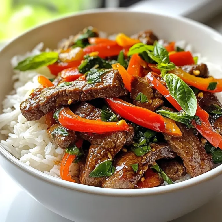 To make Spicy Thai Basil Beef, you will need: - 1 lb (450g) flank steak, thinly sliced against the grain - 2 tablespoons vegetable oil - 4 cloves garlic, minced - 2-3 Thai bird’s eye chilies, sliced - 1 red bell pepper, julienned - 1 cup fresh Thai basil leaves, packed - 3 tablespoons soy sauce - 2 tablespoons oyster sauce - 1 tablespoon fish sauce - 1 teaspoon sugar - Cooked jasmine rice, for serving If you want to add more depth to the dish, consider these: - Sliced green onions for garnish - A splash of lime juice for brightness - Crushed peanuts for a crunchy texture - A sprinkle of sesame seeds For a complete meal, serve Spicy Thai Basil Beef with: - Fluffy jasmine rice to soak up the sauce - A side of steamed vegetables like broccoli or bok choy - Fresh cucumber slices for a refreshing crunch - Thai chili sauce for those who love extra heat These ingredients work together to create vibrant flavors that make this dish a favorite! Enjoy cooking and experimenting to find what you love most. {{ingredient_image_2}} To start, take 1 pound of flank steak and slice it thin. Make sure to cut against the grain. In a mixing bowl, add the sliced beef. Pour in 3 tablespoons of soy sauce, 2 tablespoons of oyster sauce, and 1 tablespoon of fish sauce. Add 1 teaspoon of sugar for a hint of sweetness. Mix it well. Let the beef marinate for about 15 minutes. This step makes the meat tender and juicy. Now, heat 2 tablespoons of vegetable oil in a large skillet or wok. Keep the heat at medium-high. Once the oil shimmers, it’s time to add flavor. Toss in 4 minced garlic cloves and 2-3 sliced Thai bird’s eye chilies. Stir-fry this mixture for about 30 seconds. You want the garlic to be fragrant but not burnt. The chilies will add heat, which you can adjust based on your taste. Next, add the marinated beef to your skillet. Spread it out in a single layer. Don’t stir it just yet! Let it sear for 1-2 minutes. This creates a nice brown crust. After searing, stir-fry the beef for 3-4 minutes until it’s nearly cooked. Then, add in 1 red bell pepper, julienned into strips. Cook everything for another 2 minutes. Stir often to mix all the flavors. Finally, take the skillet off the heat and fold in 1 cup of fresh Thai basil leaves. The heat will wilt the basil perfectly. Enjoy your spicy Thai basil beef on jasmine rice. Marinating is key to great flavor. Use a bowl to mix soy sauce, oyster sauce, fish sauce, and sugar. Add the sliced flank steak and coat it well. Let it sit for 15 minutes. This step helps to tenderize the meat and boosts the taste. Searing gives the beef a nice crust. Heat your skillet over medium-high heat until the oil shimmers. Add the marinated beef in a single layer. Don’t move it for 1-2 minutes. This allows the outside to brown. Once seared, stir-fry for a few more minutes. This method locks in juices and flavor. Fresh herbs add brightness. Once the beef cooks, remove the skillet from heat. Gently fold in the Thai basil leaves. The heat will wilt them without losing their flavor. This step keeps the dish fresh and fragrant. Enjoy the burst of flavor they bring! Pro Tips Marinate for Flavor: Allowing the beef to marinate for at least 15 minutes helps to tenderize the meat and infuse it with the rich flavors of the sauces. Control the Heat: Adjust the amount of Thai bird’s eye chilies based on your heat preference. Start with fewer chilies and add more if you desire an extra kick. Use Fresh Basil: Always opt for fresh Thai basil for the best flavor. It adds a unique aroma and taste that dried herbs simply cannot replicate. Perfect Rice: Serve this dish with perfectly cooked jasmine rice, which balances the spiciness and richness of the beef, soaking up all the delicious sauces. {{image_4}} You can switch out flank steak for other meats. Chicken, pork, or shrimp work well. Thinly slice them like the beef. Cook them the same way for great results. Each protein brings its own flavor and texture. For a vegetarian option, use tofu or tempeh. Press the tofu to remove excess water and then cube it. Sauté it until golden brown for a nice crust. You can also use seitan for a meat-like texture. Both options soak up flavors well, making them delicious. Adjust the heat by using fewer bird’s eye chilies. If you like it sweeter, add more sugar. For a tangy twist, a splash of lime juice can brighten the dish. Experiment with these changes to suit your taste. Each variation can make the dish uniquely yours. Store any leftover Spicy Thai Basil Beef in an airtight container. Keep it in the fridge for up to three days. Always let the dish cool down before sealing it. This helps keep the flavors fresh. To reheat, place the beef in a skillet over medium heat. Add a splash of water or broth to keep it moist. Stir often until it's heated through. You can also use a microwave. Heat in short bursts, stirring in between, until hot. To freeze, first let the beef cool completely. Transfer it to a freezer-safe container or bag. It can last for up to three months in the freezer. When ready to eat, thaw in the fridge overnight before reheating. This keeps the flavors intact and makes it easy to enjoy later. You can pair Spicy Thai Basil Beef with jasmine rice. The rice soaks up the sauce well. You might also enjoy it with stir-fried vegetables or a fresh cucumber salad. For a crunchy side, try spring rolls. They add a nice texture and flavor contrast. To change the spice level, adjust the number of bird’s eye chilies. Adding fewer chilies makes it milder. You can also remove the seeds if you want less heat. For a kick, try adding a dash of chili sauce or sriracha. Taste as you go to find your perfect heat. Yes, you can prepare this dish ahead of time. Marinate the beef a few hours before cooking. You can also chop the veggies and store them in the fridge. For best results, cook the dish fresh. But if you need to, you can store and reheat it later. Just add fresh basil right before serving for the best flavor. This post covered the must-have ingredients and steps for making spicy Thai basil beef. You learned about extras to boost flavor and serving ideas. Tips helped you master marinating and searing. We also explored protein options and how to store leftovers. You now have the tools to create this dish and impress others. Enjoy experimenting with flavors and making it your own!