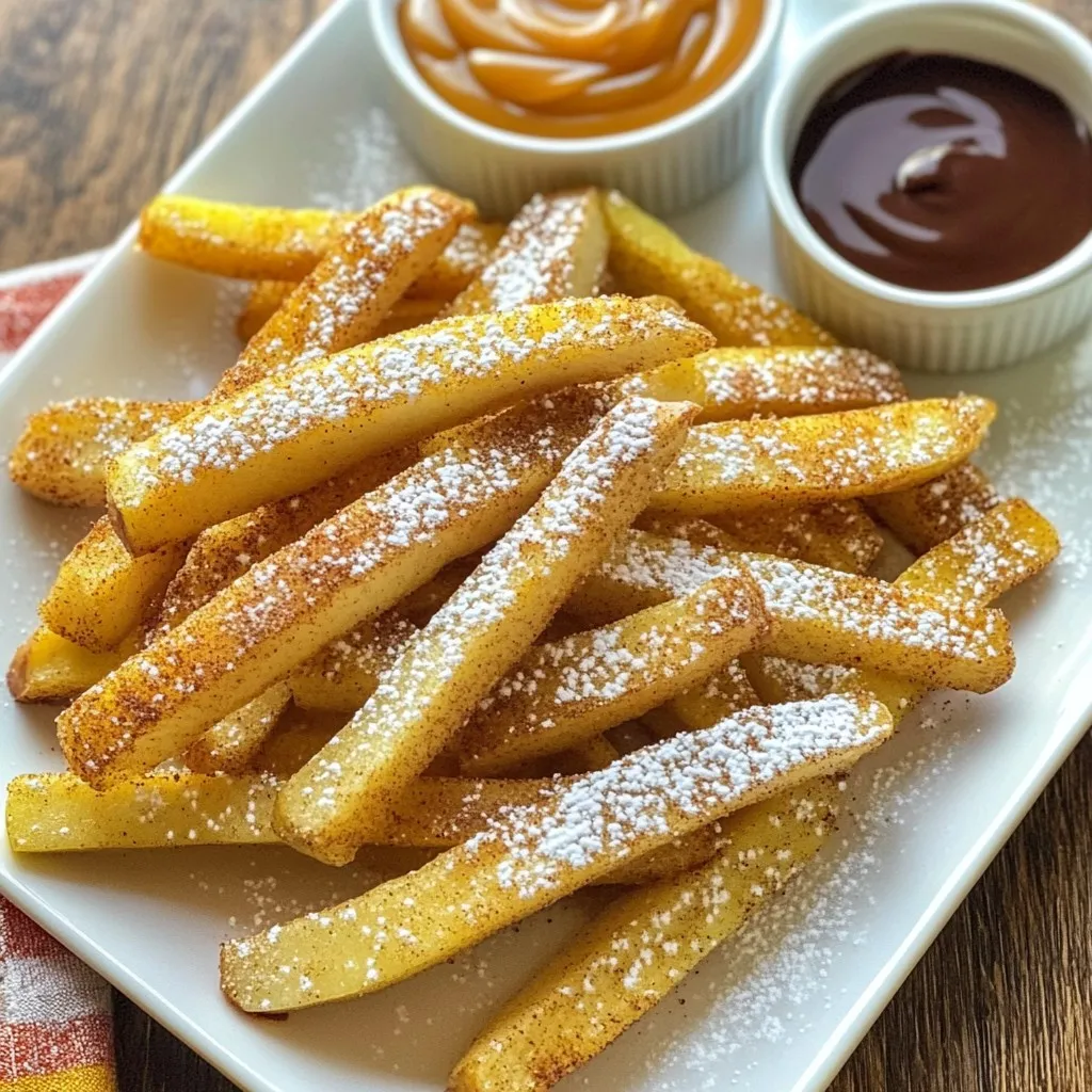 To make these tasty apple fries, you need the following: - 2 large apples (preferably Granny Smith or Honeycrisp), cored and sliced into fry-shaped pieces - 1 cup all-purpose flour - 2 large eggs, beaten until smooth - 1 cup panko breadcrumbs - 1 teaspoon ground cinnamon - 1 teaspoon granulated sugar - ½ teaspoon sea salt - Cooking spray to ensure crispiness I love using Granny Smith and Honeycrisp apples for this recipe. They have a nice tartness and hold their shape well when cooked. Other great options include Fuji and Gala apples. These varieties add a sweet touch and a crisp bite, which makes every fry taste amazing. You can switch things up with different coatings. Try crushed cornflakes for a crunchier texture. If you want a healthier option, use whole wheat flour instead of all-purpose flour. For a fun twist, add cocoa powder or chopped nuts to the panko crumbs. This way, you can create unique flavors while keeping it fun! {{ingredient_image_2}} First, set your air fryer to 375°F (190°C). Preheating is key. It ensures even cooking and helps the fries get crispy. Allow it to heat for about 5 minutes. Now, gather three shallow bowls. Fill the first bowl with 1 cup of all-purpose flour. In the second, place 2 beaten eggs. Finally, mix 1 cup of panko breadcrumbs with 1 teaspoon of cinnamon, 1 teaspoon of sugar, and ½ teaspoon of sea salt in the third bowl. This setup is simple and makes coating easy. Take your apple slices and dip each one into the flour. Make sure to coat it well. Shake off the extra flour to avoid clumps. Next, dip the floured apple into the egg mixture. Let any extra egg drip back into the bowl. Finally, roll the apple in the panko mix. Press down a bit to help the crumbs stick. This coating gives the fries a nice crunch. Place the coated apple fries in a single layer in the air fryer basket. Lightly spray the tops with cooking spray. This helps them get even crispier. Cook the apple fries for 12-15 minutes. Flip them halfway through to ensure even browning. When they turn golden brown, they are ready. Carefully take them out and let them cool for a moment before serving. To make your apple fries crispy, use panko breadcrumbs. They create a light and crunchy texture. Always spray the tops with cooking spray before cooking. This helps the fries brown nicely. Preheating the air fryer to 375°F (190°C) is key. It ensures even cooking and great crunch. Flipping the apple fries halfway through cooking helps them cook evenly. Use tongs to turn them gently. This way, you avoid breaking the fries. Aim for a golden color on all sides. Keep an eye on them; cooking times can vary. Serve your apple fries warm for the best taste. Place them on a colorful plate to make them pop. A light dusting of powdered sugar adds a nice touch. Pair them with caramel or chocolate sauce for dipping. For extra flavor, sprinkle cinnamon on top. These tips make the snack even more fun! Pro Tips Choose the Right Apples: Opt for tart apples like Granny Smith for a balanced flavor or sweet varieties like Honeycrisp for a sweeter treat. Ensure Even Cooking: Flip the apple fries halfway through cooking to achieve a uniform golden brown and crispiness on all sides. Experiment with Flavors: Add different spices, such as nutmeg or ginger, to the breadcrumb mixture for unique flavor profiles. Serve Immediately: For the best texture and flavor, serve the apple fries right after cooking while they are still warm and crispy. {{image_4}} To add a fun twist, try a cinnamon sugar mix. Before you coat the apple fries in panko, mix one tablespoon of cinnamon with two tablespoons of sugar. This blend gives the fries a sweet, warm flavor. It’s perfect for those cozy days when you want a bit of comfort food. Just sprinkle the mix over the apple fries after they come out of the air fryer for a tasty finish. For a crunchy bite, consider nuts or coconut. You can add chopped nuts like almonds or walnuts to the panko mix. This adds texture and flavor. If you love coconut, feel free to include shredded coconut too. Just mix it into the breadcrumbs before coating. This creates a tropical flair that makes your apple fries unique. You can pair your apple fries with healthy dips. A yogurt dip is a great choice. Mix plain yogurt with a little honey and a pinch of cinnamon for a creamy treat. You can also try a peanut butter dip. Just blend peanut butter with a splash of almond milk until smooth. Both options enhance the flavor without adding too much sugar. To store leftover apple fries, wait until they cool. Place them in an airtight container. Make sure to layer them between paper towels to absorb moisture. This helps keep them crisp. Store in the fridge for up to three days. To reheat your apple fries, use the air fryer for best results. Preheat the air fryer to 350°F (175°C). Place the fries in a single layer. Heat for about 5-7 minutes until they are warm and crispy. You can also use an oven if preferred. Simply bake them at 350°F (175°C) for 10-15 minutes. You can freeze apple fries for later. After coating them, arrange the fries in a single layer on a baking sheet. Place the sheet in the freezer for about an hour. Once frozen, transfer them to a freezer bag. Remove as much air as possible. They can stay in the freezer for up to three months. When ready to cook, air fry them straight from the freezer. Just add a few extra minutes to the cooking time. Yes, you can use different apples. I suggest trying Fuji or Gala apples. They provide a sweet taste and hold their shape well. Avoid apples that are too soft, as they may turn mushy when cooked. You want your apple fries to stay crispy. Each type of apple changes the flavor and sweetness, so feel free to experiment! To make these apple fries gluten-free, simply swap the all-purpose flour with a gluten-free flour blend. Many brands offer good options that work well. You can also use gluten-free panko breadcrumbs to keep the crunch. Just check the labels to ensure the products are truly gluten-free. I love serving apple fries warm on a colorful plate. Dust them lightly with powdered sugar for a sweet touch. Pair them with a small bowl of caramel or chocolate sauce for dipping. You can also sprinkle a bit of cinnamon on top. This adds flavor and makes them look fancy. Get creative and enjoy! You learned how to make tasty apple fries step by step. We covered the best ingredients, coating options, and alternatives. I shared tips for crispiness and flipping, plus fun serving ideas. Variations, like adding cinnamon or nuts, can make it exciting. Lastly, I explained how to store and reheat your fries. Try making apple fries your way and enjoy them with friends!