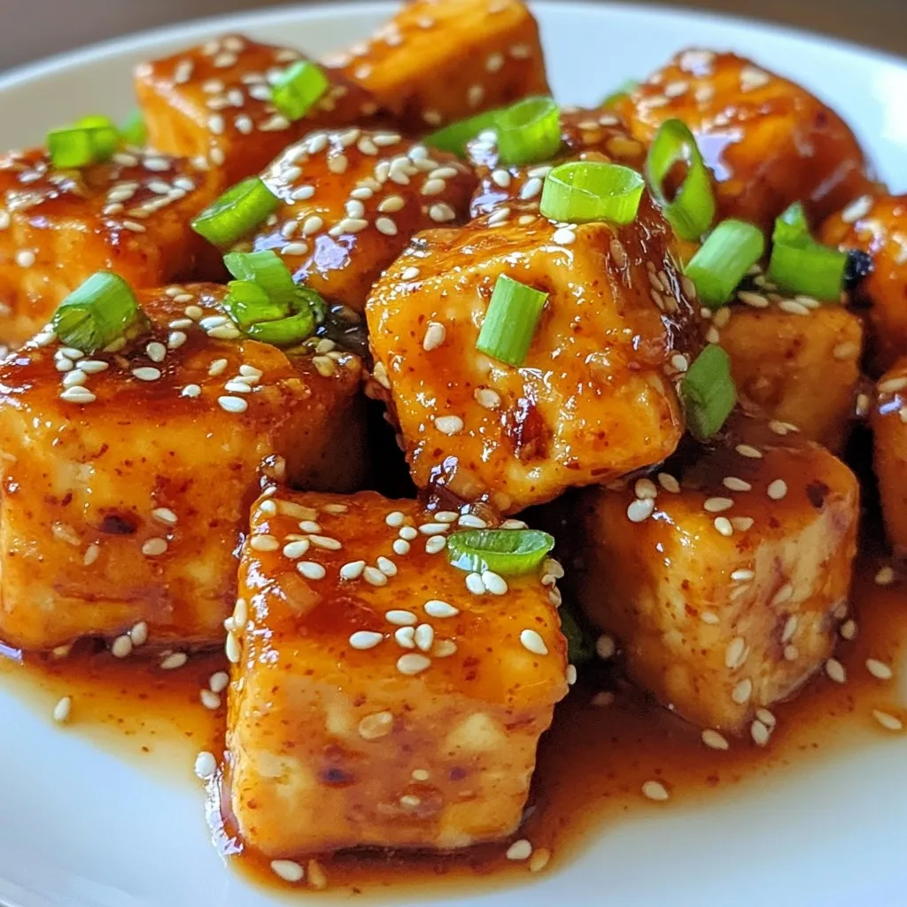 The main players in this dish create the perfect balance of flavor. You will need: - 1 block of extra-firm tofu, pressed and cubed - 2 tablespoons vegetable oil - 4 cloves garlic, minced - 1/4 cup sweet chili sauce - 2 tablespoons soy sauce - 1 tablespoon brown sugar - 1 tablespoon rice vinegar - 1 teaspoon cornstarch mixed with 2 tablespoons water To give your tofu a spicy kick, consider adding: - 1/2 teaspoon red pepper flakes This optional ingredient enhances the flavor and adds heat to the dish. Adjust the amount based on your spice tolerance. A few simple garnishes can elevate your dish. I suggest: - 1 green onion, sliced - Sesame seeds These garnishes add a fresh touch and a lovely crunch. You can also consider adding fresh herbs or a squeeze of lime for extra brightness. {{ingredient_image_2}} Start with a block of extra-firm tofu. Press it for 15-20 minutes to remove water. Use a tofu press or wrap it in a towel. Place a heavy pan on top to help. Once pressed, cut it into uniform cubes. This ensures even cooking later. Heat 2 tablespoons of vegetable oil in a large skillet over medium heat. Add the tofu cubes in a single layer. Don’t crowd them; it helps them crisp up. Cook each side for 4-5 minutes. Look for a golden brown color and a crispy texture. Once done, set the tofu aside on a plate. In the same skillet, lower the heat and add 4 cloves of minced garlic. Sauté for about 30 seconds until it smells great. Be careful not to let the garlic burn. In a bowl, mix 1/4 cup sweet chili sauce, 2 tablespoons soy sauce, 1 tablespoon brown sugar, 1 tablespoon rice vinegar, and optional red pepper flakes. Pour this mix into the skillet and let it simmer. When your sauce bubbles, add 1 teaspoon cornstarch mixed with 2 tablespoons water. Stir for 2-3 minutes until it thickens. Now, fold in the crispy tofu. Make sure every piece gets coated in that tasty sauce. Cook for another 2-3 minutes to let the flavors blend. Finish by garnishing with sliced green onions and sesame seeds. Enjoy your dish! To get crispy tofu, start by pressing it well. This step helps remove extra water. After pressing, cube the tofu evenly. When cooking, make sure you don’t crowd the pan. Each piece needs space to brown. Heat your oil until shimmering, then add the tofu. Cook it until golden on each side for about 4-5 minutes. Remove the tofu and let it rest on a plate. This helps keep it crispy later. If you like heat, add red pepper flakes. Start with a half teaspoon. You can always add more later. If you prefer a milder taste, skip the flakes. Sweet chili sauce already brings some spice. Taste the sauce as you cook. Adjust it by adding more soy sauce or brown sugar. This way, you can find your perfect balance of flavors. Avoid using soft or silken tofu. It won’t hold its shape. Always press your tofu for the best texture. Don’t rush cooking; patience is key for crispiness. If the tofu sticks to the pan, it’s not ready. Wait for it to release before flipping. Lastly, don’t skip garnishing; it adds a nice touch. Green onions and sesame seeds make your dish pop. Pro Tips Pressing Tofu: Make sure to press the tofu well to remove excess moisture, which helps achieve a crispy texture when frying. Uniform Cubes: Cut the tofu into uniform cubes to ensure even cooking and consistent crispiness throughout the dish. Watch the Garlic: Keep a close eye on the garlic while sautéing; it can burn quickly and turn bitter, ruining the flavor of your dish. Customizing Heat: Adjust the amount of red pepper flakes according to your spice preference, or omit them for a milder dish. {{image_4}} Sweet Chili Garlic Tofu is already a great vegan dish. It uses tofu as the main protein source. You do not need to change any ingredients to make it vegan. Just make sure your sweet chili sauce is vegan-friendly. Some brands add fish sauce, so check the label. You can easily adapt this recipe for different diets. If you are gluten-free, switch soy sauce for tamari. If you need a low-sugar option, use a sugar substitute in place of brown sugar. You can even leave out the sweet chili sauce and use a homemade version with less sugar. There are many ways to serve Sweet Chili Garlic Tofu. Here are some ideas: - Serve it over jasmine rice for a filling meal. - Pair it with steamed broccoli or other veggies for a healthy plate. - Use it in a wrap with fresh greens for a fun lunch. - Top a salad with the tofu for a tasty twist. You can also drizzle extra sweet chili sauce on top for more flavor. After you enjoy your Sweet Chili Garlic Tofu, let it cool down. Place it in an airtight container. This keeps the tofu fresh. You can store it in the fridge for up to 3 days. Make sure to keep the sauce with it to keep the flavor strong. When you are ready to eat leftovers, you can reheat them in a pan. Heat a small amount of oil over medium heat. Add the tofu and sauce, stirring gently. Cook until warm, about 5-7 minutes. You can also use a microwave. Place the tofu in a bowl, cover it, and heat for 1-2 minutes. Stir halfway through to warm evenly. Freezing tofu is a great option if you want to save some for later. Let the tofu cool completely. Place it in a freezer-safe container. You can freeze it for up to 2 months. When you are ready to use it, thaw in the fridge overnight. Reheat as described above. Note that freezing may change the texture slightly, but it will still taste great! Use extra-firm tofu for this recipe. It holds its shape well when cooked. Firm tofu can work too, but it may not crisp up as nicely. Pressing the tofu removes moisture and helps it become crispy. Yes, you can make it gluten-free! Simply use gluten-free soy sauce or tamari instead of regular soy sauce. Most sweet chili sauces are gluten-free, but check the label to be sure. To make it sweeter, add more sweet chili sauce. You can also increase the brown sugar or add a splash of honey or maple syrup. Remember to taste as you go to find the right balance for you. Serve this dish over fluffy jasmine rice or quinoa. Steamed vegetables, like broccoli or snap peas, pair well too. You can also add a fresh salad for a crunchy contrast. This blog post covered the essential steps for making sweet chili garlic tofu. We discussed key ingredients that give the dish its unique flavor. You learned how to prepare and cook tofu to achieve the perfect crispiness. Tips were provided to avoid common mistakes and adjust spice levels easily. Remember, you can adapt this dish to fit any diet, and leftovers are easy to store or freeze. With these steps, you can create a tasty meal that delights your taste buds. Enjoy making this dish your own!