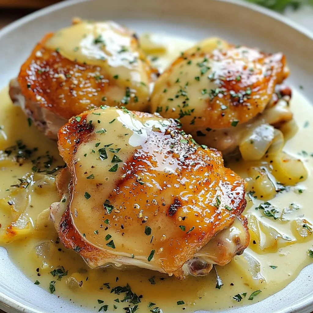 - 4 boneless, skinless chicken thighs - 1 cup buttermilk - 1 cup all-purpose flour - 1 teaspoon paprika - 1 teaspoon garlic powder - 1 teaspoon onion powder - Salt and freshly ground pepper to taste - 2 tablespoons olive oil - 1 medium onion, thinly sliced - 3 cloves garlic, minced - 1 cup chicken broth - 1 cup heavy cream - 1 tablespoon fresh thyme leaves - 1 tablespoon fresh parsley, finely chopped for garnish The main ingredients create a rich and creamy sauce. The chicken thighs soak in buttermilk, making them juicy. The blend of spices adds depth to the flavor. - Lemon zest - Red pepper flakes - Fresh herbs like rosemary or oregano Adding lemon zest brightens the dish. Red pepper flakes give it a nice kick. Fresh herbs enhance the taste and aroma. - Large skillet - Mixing bowl - Shallow dish for coating - Wooden spoon - Lid for skillet - Meat thermometer Using the right tools makes cooking easier. A large skillet allows the chicken to cook evenly. A meat thermometer ensures the chicken reaches a safe temperature. {{ingredient_image_2}} To start, I whisk buttermilk, paprika, garlic powder, onion powder, salt, and pepper in a bowl. This mixture makes the chicken juicy and tasty. I add the chicken thighs, making sure they are covered well. I cover the bowl and place it in the fridge. I let it marinate for at least 30 minutes. For more flavor, I sometimes marinate it for up to 12 hours. Next, I prepare the coating. In a shallow dish, I mix flour, salt, and pepper. After marinating, I take the chicken out of the buttermilk. I let the excess buttermilk drip off. Then, I dredge each thigh in the flour mixture. I make sure the coating is even and shake off any extra flour. This step is key for a nice crispy texture. Now, I heat olive oil in a large skillet over medium-high heat. Once the oil is hot, I carefully add the chicken thighs. I cook them for about 4-5 minutes on each side until they are golden brown. After that, I transfer the chicken to a plate. In the same skillet, I add sliced onion. I sauté it for about 3-4 minutes until it’s soft. Then, I add minced garlic and cook for 1 more minute. This step fills the kitchen with a lovely smell! I pour in chicken broth and scrape the tasty bits from the bottom. I let it simmer for a bit before stirring in heavy cream and fresh thyme. After that, I return the browned chicken thighs to the skillet. I nestle them into the creamy sauce and spoon some sauce over the top. I cover the skillet with a lid and reduce the heat to low. I let everything simmer for about 15 minutes. This helps the chicken cook through and become tender. I check that the chicken reaches 165°F (75°C). Before serving, I taste the sauce and add more salt and pepper if needed. I then garnish with parsley for color. To get a nice brown on the chicken, use medium-high heat. This helps the chicken cook evenly. Make sure the skillet is hot before adding the chicken. If you crowd the pan, the chicken will steam instead of brown. Cook each side for about 4 to 5 minutes. You want a deep golden color for great flavor. For a creamy sauce, add heavy cream after the onion and garlic. This gives it a rich taste. Scrape the bottom of the pan to get all the flavor bits. This makes the sauce extra tasty. Let it simmer for a few minutes until it thickens. Stir often to keep it smooth. Serve the chicken on a large platter. Drizzle the creamy sauce over the top. It goes great with fluffy mashed potatoes or rice. These sides soak up the sauce well. Add a green vegetable for color and nutrition. This makes a complete meal that looks as good as it tastes. Pro Tips Marination Matters: Allowing the chicken to marinate for longer than 30 minutes, ideally up to 12 hours, enhances the flavor and tenderness significantly. Perfect Browning: Make sure the skillet is hot before adding the chicken. This helps achieve a beautiful golden-brown crust, sealing in the juices. Thickening the Sauce: If the sauce isn't thickening to your liking, let it simmer a bit longer without the lid to evaporate some of the liquid. Garnish for Flavor: Don’t skip the fresh parsley garnish—it not only adds color but also a fresh flavor that brightens the dish. {{image_4}} You can switch the chicken for other meats. Try boneless pork chops or turkey thighs. Both options work well with the same marinade and sauce. If you prefer beef, flank steak can also be a good choice. Cook it for a shorter time to keep it tender. Each protein brings a unique taste to the dish. To make this dish vegan, replace the chicken with hearty vegetables. Use mushrooms or eggplant for a meaty texture. For the sauce, swap the heavy cream with coconut cream or cashew cream. This gives a rich flavor while keeping it plant-based. You can also use vegetable broth instead of chicken broth. You can change the flavor of the dish easily. Swap thyme for rosemary or oregano for a new taste. Add chili flakes for some heat or a squeeze of lemon for brightness. You can even mix in some smoked paprika for a deeper flavor. Experimenting with different herbs and spices can lead to exciting new meals. To store leftover smothered chicken, place it in an airtight container. Make sure the chicken cools down first. I recommend using glass or plastic containers. This keeps it fresh and prevents spills. Store it in the fridge for up to three days. If you want to keep it longer, freezing is a great option. When you are ready to eat the leftovers, reheating is easy. You can use a microwave or stovetop. For the microwave, place the chicken in a bowl. Cover it with a lid or a microwave-safe wrap. Heat it on medium power for one to two minutes. Stir halfway to ensure even heating. If using the stovetop, heat a skillet over low heat. Add the chicken and some sauce. Stir gently until hot. If you want to freeze smothered chicken, here's what to do. First, let the chicken cool completely. Then, transfer it to a freezer-safe container. I like to use freezer bags for easy storage. Squeeze out as much air as possible before sealing. Label the bag with the date. You can freeze it for up to three months. When ready to eat, thaw it in the fridge overnight before reheating. You should marinate the chicken for at least 30 minutes. This helps the chicken soak up the flavors. For the best taste, marinate it for up to 12 hours. This longer time makes the chicken extra tender. Yes, you can use chicken breasts. They will work just fine. However, chicken thighs stay juicier and tastier when cooked. If you use breasts, watch the cooking time so they don't dry out. You can serve this dish with fluffy mashed potatoes or steamed rice. These sides absorb the creamy sauce well. Fresh green vegetables like broccoli or green beans also make great accompaniments. Check the chicken's internal temperature. It should reach 165°F (75°C) to be safe to eat. You can also cut into a thigh. The meat should be white and juices should run clear, not pink. Yes, you can prepare it in advance. Cook the chicken and sauce, then store them in the fridge. When you are ready to eat, reheat the dish on the stove. This way, you can enjoy a warm meal without much fuss. You've learned how to make One-Skillet Smothered Chicken. We covered key ingredients, step-by-step cooking tips, and delicious variations. I shared how to store leftovers and answered common questions. This dish is easy to adapt and serves well for any meal. Enjoy exploring flavors and making this recipe your own. With a little practice, you will impress everyone at your table. Happy cooking!