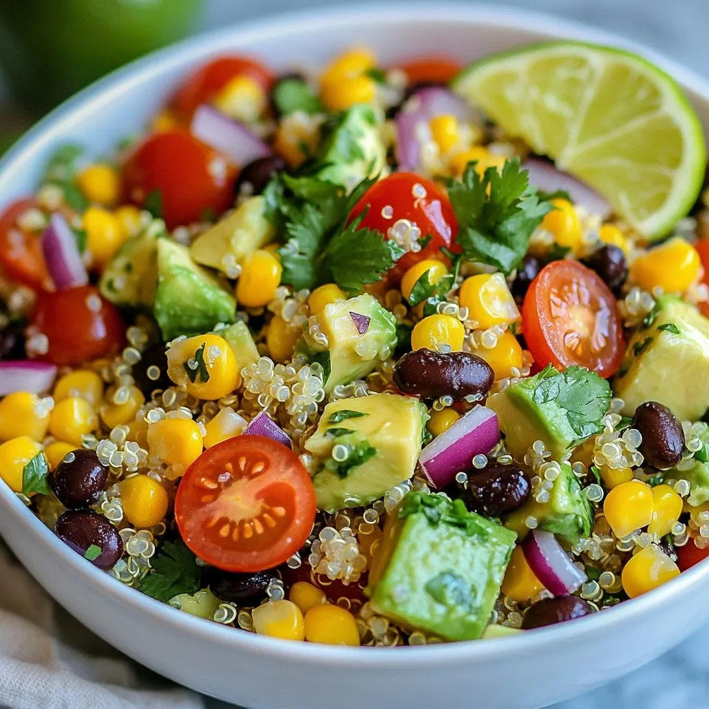 - 1 cup quinoa, thoroughly rinsed - 2 cups vegetable broth - 1 cup cherry tomatoes, halved - 1 cup black beans, drained and rinsed - 1 ripe avocado, diced - 1 cup corn (fresh or thawed if using frozen) - 1/2 cup red onion, finely chopped - 1/2 cup fresh cilantro, roughly chopped - 1/4 cup freshly squeezed lime juice (approximately 2 limes) - 2 tablespoons extra virgin olive oil - 1 teaspoon ground cumin - Salt and freshly ground pepper, to taste For this salad, measuring is key. Use a standard measuring cup for dry ingredients like quinoa. Rinse quinoa well to get rid of bitterness. For liquids, like vegetable broth and lime juice, use a liquid measuring cup. When dicing or chopping, aim for even pieces for better texture. - 1 cup quinoa: Rinse thoroughly to remove the saponin. - 2 cups vegetable broth: Adds flavor to the quinoa. - 1 cup cherry tomatoes: Halve them for easy eating. - 1 cup black beans: Drain and rinse to reduce sodium. - 1 ripe avocado: Choose one that is slightly soft. - 1 cup corn: Fresh corn gives the best taste; frozen is fine. - 1/2 cup red onion: Finely chop for a milder flavor. - 1/2 cup fresh cilantro: Roughly chop for freshness. - 1/4 cup lime juice: Freshly squeezed is best. - 2 tablespoons olive oil: Use extra virgin for richness. - 1 teaspoon ground cumin: Adds a warm, earthy flavor. - Salt and pepper: Adjust to your taste. You can swap some ingredients based on what you have. Here are some ideas: - Replace quinoa with rice or farro for a different base. - Use black-eyed peas or chickpeas instead of black beans. - Swap cherry tomatoes for diced bell peppers for crunch. - If you don’t have fresh corn, canned corn works too. - Use green onions instead of red onion for a milder taste. - For lime juice, lemon juice can be a good substitute. - If you dislike cilantro, parsley adds freshness without the strong taste. Adjusting ingredients can make this salad your own while keeping it delicious! {{ingredient_image_2}} To start, take one cup of quinoa. Rinse it well under cool water. This removes any bitter taste. Then, place it in a medium saucepan. Add two cups of vegetable broth to the pot. Bring this mixture to a boil over high heat. Once it boils, reduce the heat to low. Cover the pot with a lid and let it simmer. Cook for about 15 minutes until the quinoa is fluffy. All the broth should be absorbed. After cooking, remove it from heat and let it cool completely. While the quinoa cools, grab a large mixing bowl. Add one cup of halved cherry tomatoes. Next, include one cup of black beans that are drained and rinsed. Then, add one ripe diced avocado. Toss in one cup of corn, fresh or thawed from frozen. Next, finely chop half a cup of red onion and add it to the bowl. Finally, add half a cup of roughly chopped fresh cilantro. Gently mix these ingredients together. Be careful not to mash the avocado. Now, take a small bowl to make the dressing. Squeeze the juice from two limes into the bowl. Measure out a quarter cup of lime juice. Then, add two tablespoons of extra virgin olive oil. Sprinkle in one teaspoon of ground cumin. Season with salt and freshly ground pepper to taste. Whisk all the ingredients together until they blend well. The dressing should be smooth and well combined. Once the quinoa has cooled, add it to the large bowl with the mixed ingredients. Pour the dressing over everything and gently toss it. Make sure all the ingredients are nicely coated with the dressing. Taste the salad and adjust the flavors if needed. You can add more lime juice or salt to suit your taste. For the best flavor, cover the salad with plastic wrap. Refrigerate it for at least 30 minutes. This allows the flavors to meld together beautifully. To make quinoa fluffy, rinse it first. This helps remove the bitter coating called saponin. Use two cups of vegetable broth for one cup of quinoa. This adds great flavor while cooking. Bring the broth to a boil, then reduce the heat to simmer. Cover it and let it cook for about 15 minutes. When done, let it cool completely. Fluff it with a fork before mixing it into your salad. You can boost the salad's taste in a few ways. Adding fresh lime juice gives it a bright kick. Ground cumin adds warmth and depth. If you like spice, try adding some diced jalapeño. For extra zest, toss in some chopped bell peppers. Don't forget to taste and adjust the seasoning. This ensures the salad is just right for your palate. Serve this salad in a large bowl for sharing or on individual plates. Garnish with extra cilantro leaves for a pop of color. Lime wedges on the side add a fresh touch. This salad pairs well with grilled chicken or shrimp for a complete meal. You can also enjoy it as a light lunch or a side dish. For best flavor, chill it in the fridge for at least 30 minutes before serving. Pro Tips Perfectly Fluffy Quinoa: Make sure to rinse the quinoa thoroughly before cooking to remove its natural coating, which can make it taste bitter. This step is essential for a light and fluffy texture. Add More Flavor: For an extra flavor boost, consider adding minced garlic or diced jalapeños to the salad. These will complement the cilantro and lime beautifully. Customize Your Veggies: Feel free to mix and match your vegetables based on what's in season or what you have on hand. Bell peppers, cucumbers, or radishes can add a nice crunch. Make Ahead: This salad can be made a day in advance. It actually tastes better after sitting in the fridge for a while, as the flavors meld together! {{image_4}} You can easily boost the protein in your salad. Add cooked chicken, shrimp, or tofu. Each option pairs well with the fresh flavors. For a quick meal, try canned chickpeas. They add protein and texture without extra work. This salad is perfect for everyone. It’s vegetarian and can be vegan too. Just skip the cheese or add a vegan cheese option. You can also use lime juice instead of rice vinegar in dressings. Change up the ingredients based on what you have. In spring, add asparagus or peas. In summer, try zucchini or bell peppers. Fall brings squash or sweet potatoes. Winter is great for roasted root veggies. Always keep it fresh and fun! To keep your cilantro lime quinoa salad fresh, store it in the fridge. Use an airtight container for best results. This keeps out air and moisture. The salad will stay good for up to three days. If you notice any changes in smell or color, it’s best to toss it. You can freeze the salad, but it's not ideal. The avocado may not thaw well. If you still want to freeze it, do so without the avocado. Store the rest in a freezer-safe container. It can last up to three months. When ready to eat, thaw in the fridge overnight. For the best taste, eat the salad within three days of making it. If you plan to make it ahead, leave out the avocado until serving. This keeps it fresh and bright. Always check for signs of spoilage before eating. Enjoy it while it’s fresh for the best flavor! Yes, you can make this salad ahead of time. It tastes even better after chilling. I suggest preparing it a few hours before serving. This way, the flavors mix well. Just keep it in the fridge until you are ready to serve. This salad pairs well with many dishes. You can serve it with grilled chicken or fish. It also goes great with tacos or burritos. If you want a light meal, serve it with a slice of crusty bread. The options are endless! Yes, quinoa is gluten-free. It makes a great choice for those with gluten sensitivities. Quinoa is a healthy grain packed with protein. You can enjoy it in many dishes without worry. In this post, we explored how to make a tasty Cilantro Lime Quinoa Salad. We covered all the ingredients, including helpful measurement tips and good substitutions. You learned simple steps for cooking the quinoa and mixing it with flavor-packed dressing. Plus, I shared tips for making the quinoa fluffy and fun serving ideas. Quinoa is great with added protein or seasonal swaps. Remember to store it well for freshness. This salad is easy to prep ahead, making it a perfect choice for busy days. Enjoy your cooking and the bright flavors of this dish!