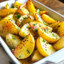 For this dish, you will need 4 large Yukon gold potatoes. These potatoes are creamy and buttery. Their texture makes them perfect for roasting. Peel them and cut them into wedges. This helps the flavors to soak in. Gather the following ingredients for a zesty taste: - 1/4 cup extra virgin olive oil - 1/4 cup fresh lemon juice (about 2-3 lemons) - 4 cloves of garlic, finely minced - 1 tablespoon dried oregano - 1 teaspoon sea salt - 1/2 teaspoon freshly ground black pepper - 1 cup vegetable broth These ingredients create a bright and flavorful marinade. The lemon juice adds a nice tang. The garlic and oregano bring warmth and depth. To finish your Greek Lemon Potatoes, you can add: - Fresh parsley, chopped This garnish adds a burst of color. It also enhances the taste with a fresh touch. You can also drizzle a bit of extra olive oil on top when serving. For an extra zesty kick, squeeze a lemon wedge over the potatoes right before serving. {{ingredient_image_2}} Start by preheating your oven to 425&deg;F (220&deg;C). This step warms up the oven and helps the potatoes cook evenly. Next, gather your ingredients: Yukon gold potatoes, olive oil, fresh lemon juice, garlic, oregano, sea salt, black pepper, and vegetable broth. Peel the potatoes and cut them into wedges. This shape allows for a tasty bite and helps them soak up the flavors. In a large mixing bowl, combine the olive oil, fresh lemon juice, minced garlic, oregano, sea salt, and black pepper. Whisk them together until they blend well. This zesty marinade is key to creating that bright flavor you want in Greek lemon potatoes. Once mixed, it&rsquo;s time to add the potato wedges. Gently toss them in the marinade, ensuring each piece gets coated. Take your time here; the more flavor each wedge has, the better the dish will taste. Now, grab a large baking dish and arrange the seasoned potato wedges in a single layer, cut sides down. This position helps them brown nicely. Carefully pour the vegetable broth around the potatoes, avoiding direct contact. This broth steams the potatoes while they bake, adding moisture and flavor. Cover the dish tightly with aluminum foil. Bake the potatoes for 35 minutes. This steaming time helps soften them perfectly. After that, remove the foil. Let the potatoes bake for another 15 to 20 minutes. This step will allow the tops to get golden brown and crispy. You&rsquo;ll know they&rsquo;re done when they&rsquo;re fork-tender. Serve your Greek Lemon Potatoes garnished with fresh parsley for a pop of color. Enjoy the bright flavors and crispy texture! - Choose the right potatoes: Use Yukon gold potatoes for the best flavor and texture. - Cut evenly: Cut the potatoes into similar-sized wedges to ensure even cooking. - Pat dry: Before marinating, pat the potato wedges dry. This helps them crisp up nicely. - Single layer: Arrange the potatoes in a single layer in the baking dish. This allows them to brown well. - Skipping the marinade: Don&rsquo;t skip the marinade. It adds essential flavor to your potatoes. - Overcrowding the pan: Avoid crowding the baking dish. This can lead to steaming instead of roasting. - Not covering the dish: Don&rsquo;t forget to cover the dish with foil during the first bake. This creates steam for soft potatoes. - Fresh ingredients: Use fresh lemon juice and garlic for the best taste. - Season well: Make sure to season the marinade with enough salt and pepper. This enhances the potatoes' flavor. - Garnish wisely: Add fresh parsley just before serving for a pop of color and fresh taste. - Experiment with herbs: Try adding a pinch of thyme or rosemary to the marinade for a unique twist. Pro Tips Choose the Right Potatoes: Yukon gold potatoes are ideal for this recipe due to their creamy texture and ability to absorb flavors. If unavailable, try using red potatoes for a similar effect. Fresh Herbs Matter: Fresh oregano can enhance the flavor significantly compared to dried. If possible, use fresh herbs to elevate your dish. Adjust the Lemon Zest: For an extra zesty punch, add some lemon zest into the marinade. It will give the potatoes a more vibrant lemon flavor. Let Them Rest: After baking, allow the potatoes to rest for a few minutes before serving. This helps them firm up and enhances their overall flavor. {{image_4}} You can switch out Yukon gold potatoes for other types. Consider using red potatoes or baby potatoes for a different taste. If you want to lower the calories, try cauliflower. Cauliflower gives a nice texture but lacks the starch of potatoes. You can also replace olive oil with avocado oil for a different flavor. If you want to change the flavor, use different herbs. Try rosemary for a more woodsy taste. Fresh thyme also adds a nice twist. Instead of dried oregano, fresh oregano works well, too. For a spicy kick, add some crushed red pepper flakes. Don&rsquo;t be afraid to mix and match your favorite herbs! This recipe is already vegan and gluten-free! You can enjoy it without any worries. If you want to make it richer, add a small amount of vegan butter. Just melt it and mix it into the marinade. This will make the potatoes even creamier and more delicious. Enjoy your tasty Greek lemon potatoes with any meal! To keep your Greek Lemon Potatoes fresh, let them cool first. Place them in an airtight container. Store them in the fridge for up to four days. Make sure to keep the container sealed to avoid moisture loss. This keeps the flavor intact and the potatoes tender. When ready to enjoy leftovers, preheat your oven to 350&deg;F (175&deg;C). Spread the potato wedges on a baking sheet. Reheat for about 15-20 minutes. This will help them regain their crispiness. You can also reheat them in a microwave for about two minutes. However, this may make them softer. If you want to freeze the potatoes, first let them cool completely. Place them in a freezer-safe bag or container. They can last up to three months in the freezer. To thaw, move the bag to the fridge overnight. Reheat in the oven to bring back their yummy texture. Greek Lemon Potatoes pair well with many dishes. They often accompany grilled meats, like chicken or lamb. You can also serve them with fresh salads or pita bread. The bright lemon flavor enhances the meal. Try them with tzatziki sauce for a tasty dip. This mix of flavors makes every bite a delight. Yes, you can! While Yukon gold potatoes are my favorite, you can try others. Russet or red potatoes work nicely too. Just remember, different potatoes may change the texture. Yukon golds give a creamy and buttery taste. Experiment and find what you like best! You can prep Greek Lemon Potatoes ahead of time. Cut the potatoes and soak them in the marinade. Store them in the fridge for up to 24 hours. This allows the flavors to soak in. When ready to cook, just bake them as the recipe says. This saves time and makes for a quick meal! In this blog post, we covered the key steps for making delicious Greek Lemon Potatoes. We started with essential ingredients and how to prepare them. Then, I shared my step-by-step instructions to ensure your potatoes come out perfect. I also offered tips for extra flavor and common mistakes to avoid. Variations and storage tips help you adapt the recipe to your needs. Remember, great cooking is about experimenting, so feel free to tweak as you go. Enjoy your tasty results!